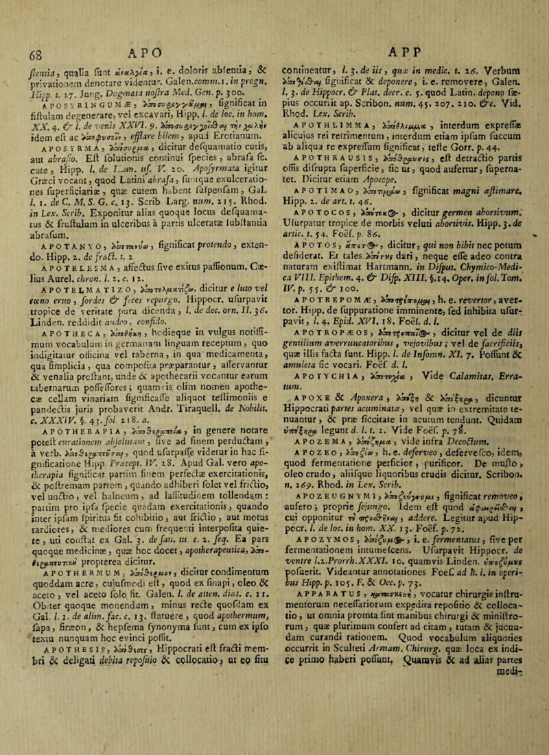 flentia. qualia filat i- f*. dotoris abfentia. & privationem denotare videntur. Gaien.comm.i. in progn, Hipp. t. 27. Jung. Dogmata noftra Med. Gen. p. 300. APOSYRlNGUMyE, 'banav 5 fignificatin fiftulam degenerare, vei excavari, Hipp. /. de loe. in hom. XX. 4. & i. de venis XXVI. 9. bbn<ri>zsyplS7jJv idem eft ac 'xnpv<rz1> , ej^ure fci/em, apud Erctianurn. aposyrma, ^rvgf-tx., dicitur defquamatio cutis, aut abrafo. Eft folutionis continui fpecies, abrafa fc. cute , Hipp. /. de I-.ttn. uf. V. 20. Apofyrmata igitur Grisei vocant, quod Latini abrafa, funrque exulceratio¬ nes fuperficiariae , quas cutem habent fufpenfam, Gal. /. 1. de C. M. S. G. c. 13. Scrib Larg. num. 215. Rhod. in Lex. Scrib. Exponitur alias quoque locus defquama- tus & fruftulum in ulceribus a partis ulceratas fubftantia abrafum. APOTANYO, 'ivn-mrvu, fignificat protendo , exten¬ do. Hipp. 2. de fraCi. t. z apoteleskaj afTedtus five exitus paflionum. Cae¬ lius Aurei, chron. I. 2. c. 1 2. apotelmatizo, dicitur e luto vel cceno eruo, fordes & feces repurgo. Hippocr. ufurpavit tropice de veritate pura dicenda, /. de dec. orn.II. 36. Linden. reddidit audeo, confido. apotheca, , hedieque in vulgus notilli- mum vocabulum in germanam linguam receptum , quo indigitatur officina vel taberna, in qua medicamenta, qua fimplicia , qua compofica praeparantur, affervantur & venalia proflant, unde 6c apothecarii vocantur earum tabernarum poffeffores; quamvis olim nomen apothe¬ cae cellam vinariam figmficaffe aliquot tellimoniis e pandeclis juris probaverit Andr. Tiraquell. de hobilit. c. XXXIV. §. 45./0Z 2! 8. 4. apothekapia , Xanbji^Tftlu., in genere notare poteft curationem abfoltn.un , m e ad finem perdudlam , a verb. zbnbi/ynxvreq, quod ufurpaffe videtur in hac fi- gmficatione Hspp Pracept. IV. 2S. Apud Gal. vero apo- dierapia fignificat partim finem perfedlas exercitationis, & pollremam partem , quando adhiberi folct vel friclio, vel untflio, vel balneum, ad lafiltudinem tollendam : partim pro ipfa fpecie quadam exercitationis, quando inter ipfam fpiritus fit cohibitio , aut frictio , aut motus tardiores, & nediores cum frequenti interpofita quie¬ te , uti conflat ex Gal. 3. de fan. tu c. 2. feq. Ea pars quoque medicinas, quas hoc docet, apotherapeutica, Xm- iym propterea dicitur. apothermum, T^n^ifuer, dicitur condimentum quoddam acre, cuiufmodi elt, quod ex linapi, oleo & aceto , vel aceto fo!o fit. Galen. /. de atten. diat. c. 11. Ob ter quoque monendum , minus re&e quofdam ex Gal Li. de alim.fac. c. 13. ftatuere , quod apothermum, fiapa, firteon , & hepfema fynonyma funt, cum ex ipfo textu nunquam hoc evinci pollit. apothesis, tinihois, Hippocrati eft fradi mem¬ bri & deligati debita repofitio & collocatio ? ut eo fitu contineatur, L3.de iis, qux in medie, t. Z6. Verbum ibnjidb-«/ fignificat & deponere, i. e. removere, Galen. /. 3. de Hippocr. & Piat. decr. c. y. quod Latin. depono fae- pius occursit ap. Scribon. num. 4y. 207. 210. &c. Vid. Rhod. Lex. Scrib. apothlimma, 'XpnbXnxfj.x. , interdum expreffae alicuius rei retrimentum, interdum etiam ipfum fuccum ab aliqua re expreffum fignificat, telle Gorr. p. 44. APOTHRAusis, 2*bn>9(yiv<ris, eft detradio partis offis difrupta fuperficie, fic ut, quod aufertur, fuperna- tet. Dicitur etiam Apocope. apotimao, , fignificat magni aflimare; Hipp. 2. de art. t. 4^. apotocos, ionrn>*©“ , dicitur germen abortivum. Ufurpatur tropice de morbis veluti abortivis. Hipp. 3. de artic. t. y4. Foef. p. 8 6. a p o t o s , xz-6r(&, dicitur, qui non bibit nec potum defiderat. Et tales Xxiras dari, neque effe adeo contra naturam exiftimat Hartmann. in Difput. Chymico-Medi- ca VIII. Epithem. 4. & Difp. XIII. §.14. Oper. infol.Eom. IV. p. y 5. & 100. apotrepoMjE, ijnifiTrefmt, h. e. revertor, aver¬ tor. Hipp. de fuppuratione imminente, fed inhibita ufur-; pavit, I. 4. Epid. XVI. 18. Foef. d. I. apotrop^eos, bcm$«7nt7(&', dicitur vel de diis gentilium averruncator ibus , vejovibus ; vel de facrificiis, quas illis fada funt. Hipp. /. de Infomn. XI. 7. Foffunt & amuleta fic vocari. Foef d. I. apotychia, 'Xamvpfot , Vide Calamitas. Erra¬ tum. A p o x e & Apoxera , 'Xanty & , dicuntur Hippocrati partes acuminata, vel quae in extremitate te¬ nuantur , & prae ficcitate in acutum tendunt. Quidam V77z>'f>}(ys legunt d. 1.1. 2. Vide Foef. p. 7$. AP02EMA, , vide infra DecoSlum. A p o z e o , Vbncfii*, h. e. deferveo, deferve fco, idem, quod fermentatione perficior, purificor. De mufto * oleo crudo, aliifque liquoribus crudis dicitur. Scribon. n. 169. Rhod. in Lex. Scrib. apozeugnymi, l&tgivywftt, fignificat removeo, aufero ; proprie fejungo. Idem eft quod dpcuoS&ctf, cui opponitur 7® <7rfcc9-%vttj, addere. Legitur apud Hip¬ pocr. /. de loc. in hom. XX. 13. Foef. p. 72. a p o z y m o s, ft&, i. e. fermentatus, five per fermentationetn intumefeens. Ufurpavit Hippocr. de ventre l.z.Prorrh.XXXI. 10. quamvis Linden. vregv/ubs pofuerit. Videantur annotationes Foef. ad h. I. in operi¬ bus Hipp. p. ioy. F. & Oec. p. 73. apparatus, , vocatur chirurgis inftru- mentorum neceffariorum expedita repofitio & colloca¬ tio , ut omnia promta fint manibus chirurgi & miniftro- rum, quae plurimum confert ad citam , tutam & jucun¬ dam curandi rationem. Quod vocabulum aliquoties occurrit in Sculteti Armam. Chirurg. quae loca ex indi¬ ce pritno jiaberi poffunt. Quamvis & ad alias partes medi-