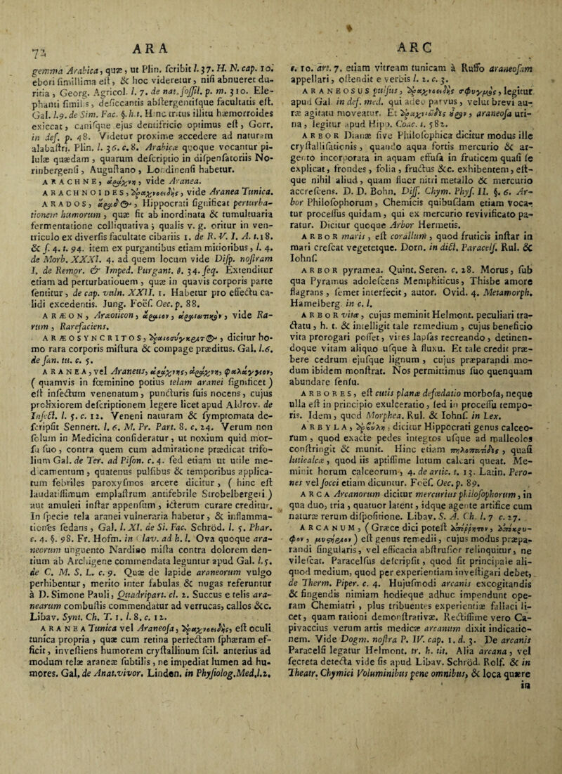 k; -t gemma Arabica, quse , ut Hin. fcribit l.}7- H- N. cap. io. ebon fimillima eft , & hoc videretur, nifi abnueret du¬ ritia > Georg. Agricol. /. 7. de nat.fojjil. p. m. 310. Ele¬ phanti fimi! s, deficcarnis abftergentifque facultatis eft. Gal. I9.de Sim. Fac. §.h.t. ILnctr;tus illitu haemorroides exsecat, canifque ejus dentifricio optimus eft, Gorr. in def. p. 48. Videtur proxime accedere ad naturam alabaltri. Plin. I. $6. c. 8. Arabica quoque vocantur pi¬ lulae quasdam , quarum defcriptio in difpenfatoriis No- rinbergenfi , Auguftano , Locdioenfi habetur. arachne, , vide Aranea. arachnoides, tyctxvoeityc, vide Aranea Tunica. A R ad os, Hippocrati Ggnificat perturba¬ ti enet r. humorum , quae fit ab inordinata & tumultuaria fermentacione colliquativa qualis v. g. oritur in ven¬ triculo ex diverfis facultate cibariis 1. de R. V. 1. A. t.18. & f. 4. t. 94. item ex purgantibus etiam mitioribus, /. 4. de Morb. XXXI. 4. ad quem locum vide Difp. noftram I, de Remor. C?“ Imped. Purgant. 0. 34. feq. Extenditur etiam ad perturbatiouem , quae in quavis corporis parte fentitur , de cap. vnln. XXII. 1. Habetur pro effedu ca¬ lidi excedentis. Jung. Fcefi Oec.p. 88. a r m o n , Arxoticon, , ecyLiwTiffJ*, vide Ra- viim , Rarefaciens. ARJEOSYNCRITOS, , dicitur ho¬ mo rara corporis miftura & compage praeditus. Gal. 1.6. de fan. tu. c. 5. aranea, vel Araneus, s> ( quamvis in foeminino potius telam aranei figmficet) ell infedum venenatum, punduris fuis nocens, cujus prolixiorem deferiptionem legere licet apud Aldrov. de InfeCl. /. j. c. 12. Veneni naturam & fymptomata de- fcripfit Sennert. /. 6. M. Pr. Part. 8. c. 24. Verum non fblum in Medicina confideratur, ut noxium quid mor- fu fuo, contra quem cum admiratione praedicat trifo¬ lium Gal. de Ter. ad Pifon. c. 4. fed etiam ut utile me- d camentum , quatenus pulfibus & temporibus applica¬ tum febriles paroxyfmos arcere dicitur, ( hinc eft laudafflimum emplaflrum antifebrile Strobelbergeti ) aut amuleti inftar appenfum , iderum curare creditur. In fpecie tela aranei vulneraria habetur, & inflamma¬ tiones fedans, Gal. I. XI. de Si. Fac. Schrod. /. 5. Phar. c. 4. §■ 98. Fr. Hofm. in < lav. ad k. I. Ova quoque ara¬ neorum unguento Nardiso mifta contra dolorem den¬ tium ab Archigene commendata leguntur apud Gal. /.y. de C. M. S. L. c. 9. Quae de lapide araneorum vulgo perhibentur, merito inter fabulas & nugas referuntur a D. Simone Pauli, Ouadripart. cl. 2. Succus e telis ara¬ nearum combuftis commendatur ad verrucas, callos &c. Libav. Synt. Ch. T. 1. /. 8. c. 12. aranea Tunica vel Araneofa, eft oculi tunica propria , qua: cum retina perfedam fphasram ef¬ ficit, inveftiens humorem cryftallinum fcil. anterius ad modum tela: aranea: fubtilis , ne impediat lumen ad hu- mores. Gal, de Anat.vivor. Linden. in Phyfiolog.Med.l.z, . % e. to. are. 7. etiam vitream tunicam a RufFo araneofam appellari, oftendit e verbis /. 2. c. 3. ar aneosus pulfus, Ttpvypj^s, legitur apud Gal in def. med. qui adeo parvus , veluc brevi au¬ ree agitatu moveatur. Et , araneofa uri¬ na , legitur apud Hipu. Coae. 1. 582. arbor D;anae five Philofophica dicitur modus ille cryftallifationis, quando aqua fortis mercurio & ar¬ gento incorporata in aquam etfufa in fruticem quafi fe explicat, frondes , folia , frudus &c. exhibentem, elt- que nihil aliud, quam fluer nitri metallo 6c mercurio accrefeens. D. D. Eohn. Dijf. Chym. Phyf. II. §. 6. Ar¬ bor Philofophorum, Chemicis quibufdam etiam vocar tur proceffus quidam, qui ex mercurio revivificato pa¬ ratur. Dicitur quoque Arbor Hermetis. arbor maris, eft coralium, quod fruticis inftar in mari crefeat vegetetque. Dorn. in ditt. Paracelf. Rui. & Iohnf. arbor pyramea. Quint. Seren. c. 28. Morus, fub qua Pyramus adolefcens Memphiticus, Thisbe amore flagrans , femet interfecit, autor. Ovid. 4. Metamorph. Hameiberg. in c. I. arbor vitx, cujus meminit Helmont. peculiari tra- datu, h. t. 8c intelligit tale remedium , cujus beneficio vita prorogari pollet, vi; es lapfas recreando , detinen- doque vitam aliquo ufque a fluxu. Et tale credit pra:- bere cedrum ejufque lignum , cujus praeparandi mo¬ dum ibidem monftrat. Nos permittimus fuo quenquam abundare fenfu. arbores, eft cutis plance defcedatio morbofa, neque ulla eft in principio exulceratio, fed in proceffu tempo¬ ris. Idem, quod Morphea. Rui. & Iohnf in Lex. a r b y L a , 'SgGvhy , dicitur Hippocrati genus calceo¬ rum , quod exade pedes integros ufque ad malleolos conftringit & munit. Hinc etiam TnjAsJTK-nJW , quafi litticalca, quod iis aptiilime lutum calcari queat. Me¬ minit horum calceorum , 4. de artic. t. 13. Lacin. Pero¬ nes velJocci etiam dicuntur. Foef. Oec.p. 89. arca Arcanorum dicitur mercurius philofophorum, in qua duo, tria , quatuor latent, idque agente artifice cum natura: rerum difpofitione. Libav. S. A. ( h. I. 7 c. 27. ARCANUM, ( Gra?ce dici poteft Sbnppr, tvv , SbnK^v- <P«v, /uvpieaa») eft genus remedii, cujus modus pra:pa- randi lingularis, vel efficacia abftrufior relinquitur, ne vilefcat. Paracelfus defcripfit, quod fit principale ali¬ quod medium, quod per experientiam invefiigari debet, de Iherm. Piper, c. 4. Hujufrr.odi arcanis excogitandis 8c fingendis nimiam hodieque adhuc impendunt ope¬ ram Chemiatri , plus tribuentes experientia: fallaci ii- cet, quam rationi demonftrativa:. Rediffime vero Ca- pivaccius verum artis medicae arcanum dixit indicatio¬ nem. Vide Dogm. nojlra P. IV. cap. 1. d. 3. De arcanis Paracelfi legatur Helmont. tr. h. tit. Alia arcana, vel fecreta deteda vide fis apud Libav. Schrod. Rolf. & in Iheatr. Chymici Voluminibus pene omnibus, & loca quiere