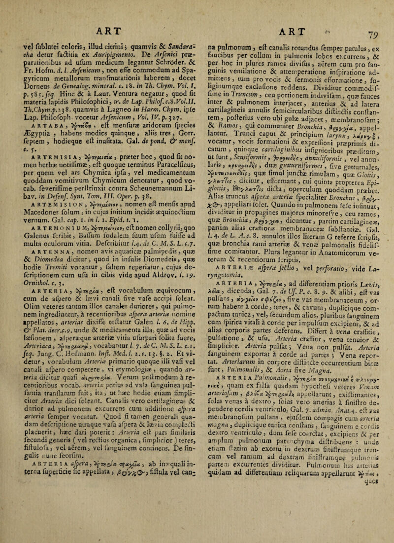 vel lublutei coloris, illud citrini; quamvis & Sandara- cha detur faditia ex Auripigmento. De Arfenici prae¬ parationibus ad ufum medicum legantur Schroder. & Fr. Hofm. d. L Arfenicum , non efle commodum ad Spa- gyricum metallorum tranfmutationis laborem , docet Dorneus de Genealog. mineral. c. 18. in Th. Chym. Vol. 1, p. 58 j.feq Hinc & a Laur. Ventura negatur, quod fit materia lapidis Philofophici , tr. de Lap. Philof.c.S.Vol.II. Eh.Chym.p.i^S. quamvis a Lagneo inHarm. Chym. iple Lap. Philofbph. vocetur Arfenicum , Vol. IV. p. 317. artaba, , eft menfura: aridorum fpecies jEgyptia , habens modios quinque , aliis tres, Gorr. feptem , hodieque eft inufitata. Gal. de pond, & menf. c- y. artemisia, ^iTvfttoici, praeter hoc, quod fit no¬ men herbae notiifimae, eft quoque terminus Paracelficus, per quem vel ars Chymica ipfii, vel medicamentum quoddam vomitivum Chymicum denotatur , quod vo- cab. feveriffime perftrinxit contra Scheunemannum Li- bav. in Defenf. Synt. Tom. III. Oper.p. 38. artemisioN) ^7tjud<nev, nomen eft menfis apud Macedones foium , in cujus initium incidit cequinodium vernum. Gal. cap. 1. in l. 1. Epid. t. T. artemonium, '^■n/uaviev, eft nomen collyrii, quo Galenus fcribit, Baffum fodalem fuum ufum tui fle ad multa oculorum vitia. Defcribiiur /.4. de C. M.S. L. c.-j. a r t e n n A , nomen avis aquatica: palmipedis, quae & Diomedea dicitur, quod in infulis Diomedeis, quae hodie Tremiti vocantur , faltem reperiatur, cujus de- fcriptionem cum ufu in cibis vide apud Aldrov. /. 1p. Ornithol. c. 3. arteria, dn , eft vocabulum aequivocum , cum de afpero & laevi canali five vafe accipi foleat. Olim veteres tantum illos canaks duriores, qui pulmo¬ nem ingrediuntur, a recentioribus afpero: arteria nomine appellatos, arterias dixifle teftatur Galen /. 6. de Hipp. & Piat, decr.c.9. unde & medicamenta illa, qute ad vocis lafionem , afperaeque arterias vitia ufurpari lolita fuere. Arteriaca, , vocabantur /. 7 .de C. M. S. L. c. 1. feq. Jung. C. Hofmann. Inft. Med. I. 1. c. 13. §. z. Et vi¬ detur , vocabulum Arteria primario quoque illi vafi vel canali afpero competere , vi etymologiae , quando ar- teria dicitur quafi Verum poftmodum a re¬ centioribus vocab. arteria potius ad vafe fenguinea pul¬ lantia tranfiamm fuit, ita, ut haec hodie etiam fimpli- citer Arteria dici foleant. Canalis vero cartilagineus & durior ad pulmonem excurrens cum additione afpera arteria femper vocatur. Quod fi tamen generali qua¬ dam defcriptione utraque vafe afpera & laevia compledi placuerit, haec dari poterit: Arieria eft pars fimilaris fecundi generis ( vel r effli as organica, fimplicior ) teres, fiftulofa, vel aerem, vel fenguinem continens. De lin¬ gulis nunc feorfim. arteria afpera, pfta , ab inatquali in¬ terna fuperficie fic appellata, fiftula vel can= na pulmonum, eft canalis rotundus femper patulus, ex faucibus per collum in pulmonis lobos excurrens, & per hoc in plures rames divifos, aerem cum pro fen- guinis ventilatione & attemperatione infpiratione ad¬ mittens , tum pro vocis & fermonis efformatione, fu¬ liginumque exclufione reddens. Dividitur commodi f- fime in 1 runcum , ceu portionem tndivifem , quae fauces inter & pulmonem interjacet, anterius & ad latera cartilagineis annulis femicircularibus diffindis conftan- tem, polleri us. vero ubi gulae adjacet, membranofem ; & Ramos, qui communiter Bronchia, appel¬ lantur. Trunci caput & principium larynx, yjpvyf, vocatur, vocis formationi & expreffioni prteprimis di¬ catum, quinque cartilaginibus infignicribus praeditum, ut lunt, Scutiformis, , annuliformis , vel annu • laris, xpvttgtifys, dus gutturniformes , five gutturnales, 'tyvmnoeifots, qua» fimul jundae rimulam, quae Glottis, yXurTis , dicitur, efformant, cui quinta propterea Epi¬ glottis , ’(rkiyX*>T?ts dida, operculum quoddam praebet. Alsas truncus afpera arteria fpecialiter Bronchus, 8^fy- ^©-j appellari lolet. Quando in pulmonem fele iofinuat, dividitur in propagines majores minorefve, ceu ramos, quae Bronchia, dicuntur, partim cartilagineae, partim alias craiiions membranaceas fubftantiaer Gal. /. 4. de L. A. c. 8. annulos illos literam G referre feriofit, quae bronchia rami arteriae & venae pulmonalis fidelif- fime comitantur. Plura legantur in Anatomicorum ve¬ terum & recentiorum Icriptis, arteria afpera fettio , vel perforatio, vide La- ryngotomia. arteria, , ad differentiam prioris Lavis, Xeix , dicenda, Gal. 7. de Uf P. c. 8. 9. &. alibi, eft vas pulfens, dyyusv rcpti^ov, five vas membranaceum, or¬ tum habens a corde, teres, & cavum, duplicique com- padum tunica, vel, fecundum alios, pluribus fanguinem cum fpiritu vitali a corde per impulfum excipiens, & ad alias corporis partes deferens. Differt a vena craffitie, pullatione , & ufti. Arteria craflior, vena tenuior 3c fimplicier. Arteria pulfat i Vena non pulfet. Arteria fanguinem exportat k corde ad partes ; Vena repor¬ tat. Arteriarum in corpore diltiude occurrentium bina: funt, Pulmonalis, & Aorta five Magna. arteria Puimonalis, Z^Tng/x 7n ivpsgiivw *j rr^Avfjg- iukk, quam ex fdfe quadam hypothefi veteres Venam arteriofum , /3Pis£se5£rv&tcJh appellarunt, exiftimantes, folas venas a dextro, folas vero arterias a finiftro de¬ pendere cordis ventriculo, Gal. 7. admin. Anat.4. eft vas meu branefum pultans , ejufHem compagis cum arteria magna , dupikique tunica conflans , fanguinem e cordis dextro ventriculo, dum fefe co*rdat, excipiens Sc per amplum pulmonum parenchyma diitribuens : unde etiam fiatim ab exortu in dextrum finiftrumque trun¬ cum vel ramum ad dextram tiniftramque pulmonis parte ai excurrentes dividitur. Pulmonum has arterias quidam ad differentiam reliquarum appellarunt , quos