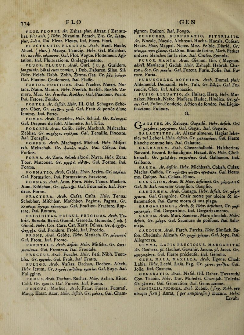 FLO flos, flores. Ar. Zahar. plur. Ahzaf. (Zar atu- has. Flos aris, ) Hebr. Nizanim. Perach. Ziz. Gr. uvd<&'. plttr. eerStx. Gal. Fleur. Fleurs. Ital. Fiore. Fiori. fluctuatio, fluctus. Arab. Haul. Haule. Ahuel. ( plur.) Mauga. Tamuig. Hebr. Gal. Mifchbar. Gr. xxvJd». Kvpcttns. Gal. Flot. Vague. Flottement. Agi¬ tatiori. Ital. Fluttuazione. Ondeggiamento. fluor, fluxus. Arab. Guri. ( v. g. Guridem. /anguinis. bikai cum vomitu.) Dob. Dabaren. Silan. Sil. Hebr. Helek. Dabh. Zobh, Zirma. Gar. Gr. pSs. ptvtfp- Gal. Fluxion. Coulement. Ital. Fluflo. foetor. foetidus. Arab. Nachar. Natan. Nu- tana. Natin. Mantin. Hebr. Neelab. Baefch. Boefch. Ze- niora. Mac. Gr. hmSix. Jlruhjf. Gal. Puanteur. Puant. Ital. fetore. Fetido. foetus. Ar. deficit. Hebr. III. Olei. Schagav. Sche- ger. Ober. Gr. «n*©-, pvij. Gal. Fruit & portee d’une femme. Ital. Parto. fomes. Arab. Locfcha. Hebr. Schiial. Gr. Eulmpau Gal. Drapeau du fufil. Allumette. Ital. Elea. forceps. Arab. Culib, Hebr. Machtah. Malcacha. Zebhat. Gr. trufixptu. Gal. Tenaille. Pincette. Ital. Tenaglia. forfex. Arab. Machagad. Michad. Hebr. Mifpa- rah. Meliachah. Gr. ipecXts. re/As. Gal. Cifeau. Ital. Forfice. forma. Ar. Zora. Sebeb alzori. Nava. Hebr. ZuraJ Toar. Matconet. Gr. /usp<fni> Gal. Forme. Ital. Forma. formatio. Arab. Gabla. Hebr. Jezira. Gr. tsXxnt. Gal. Formation. Ital. Formazione. Fazzione. fornax. Arab. Atun. Forn. Hebr. Tanur. Macben.' Atun. Kibfchan. Gr. w/Milfr. Gal. Fournaifc. Ital. For¬ nace. Forno. fractura. Arab. Cafar. Cafra. Hebr. Tenua; Schebher. Mifchbar. Mafchber. Pegima. Pagma. Gr. viKcwucf,. xym&. Gal. Fradion. Fracture. Rup¬ ture. Ital. Rottura. frigiditas, frigus, frigidus. Arab. Ta- brid. Buruda. Barid. Gumid. Gemcda. Gumuda. ( adj. ) Gimid. Hebr. Cor. Cara. Car. Kerir. Dfinna. Gr. y^vx&s. Gal. Froidure. Froid. Ital. Freddo. frons. Arab. Gebhe. Hebr. Metfach. Gr. pciizomtl Gal. Front. Ital. Fronte. frontale. Arab. deficit. Hebr. Mitfcha. Gr. Cmp- Gal. Fronteau. Ital. Frontale. fructus. Arab. Fuache. Hebr. Peri. Nibh. Tenu- bha. Gr. wmi. Gal. Fruit. Ital. Frutto. fuligo. Arab. Vafara. Dachan. Dochen. Afech. Hebr, Icrum. Gr. Xiyivs. »djd\ri) tguoiu. Gal. Suye. Ital. Fuliggine. fumus. Arab. Dachan. Buchar. Hebr. Achan, Kitor. Calil. Gr. . Gal. Fumee. Ital. Fumo. fungus j Morbus, Arab. Fatar. Fatera. Futurati. Muqq. Hatar. Acar. Hebr. deficit, Gr. /tvW, Gal, Charn- G EN pignon. Pottron. Ital. Fongo. FURFURES. FURFURATIO. PITYRIASIS. Ar. Nocale. Nacale. Alebreati. Hucha. Hucala. Cufear. Haziz. Hebr. Mappal. Netec. Moz. Pefole. Dlarid. Gri wnvg^v. 7nno/x<nt. Gal.Son. Bran de farine. Morb. Pctites ordures blanches fur Ia tete. Ital. Crufca. Semola. furor, mania. Arab. Gienun. Gin. ( Magnun. adjeCl. Maniacus ) Gadab. Hebr. Zahaph. Hebrah. Cha¬ ron , &c. Gr. pt»wlx. Gal. Fureur. Furie. Folie. Ital. Fu¬ rore. Furia. furunculus, dothien. Arab. Dumel. pluri Aldemenul. Demamil. Hebr. Tali. Gr.h$t,i». Gal. Fu-* roncle. Clou. Ital. Adronaccio. FUSIO. LIQUATIO, dr. Ihtiraq. Herq. Hebr. Mu- zaket. Muzak. Nefec. Mafieca. Haduc. Hindica. Gr. ^»- <ns. Gal. FuGon.Fonderie. Adion de fondre. Ital.Lique- fazzione. Fufione. G. A G A T E s. Ar. Zabaga. Gagathi. Hebr. deficit. Gri yayonns. yxyyivss. Gal. Gagat. Ital. Gagate. galactites, Ar. Alazar almeres. Hagiar lebe- nic, vel Lebeni. Hebr. deficit. Gr. ytXxx-nms. Gal. Pierre blanche comme lait. Ital. Galattite. galbanum. Arab. Chenechalbebi. Halcherina; Barzard. Bezard. Beliataligma. Hazad. &c. Hebr. Chel- benach. Gr. %axfidvt). s. Gal. Galbanon. Ital• Galbano. galea. Ar. deficit. Hebr. Michbaah. Cobah. Culas; Macias. Callida. Gr. K9P&J Tfv^dxti. Gal. Heau* me. Cafque. Ital. Celata. Elmo. ganglion, Arab. & Hebr, deficiunt. Gr. plyykiorl Gal. Sc Ital. retinetur Ganglion. Ganglio. gangrena. Arab. Ganaga. Hebr. deficit. Gr. y*y~ Gal. Gangrene. Chair morte par ulcere & in- flammation. Ital. Carne morta di una piaga. gargarismus, Arab. & Hebr. deficiunt. Gr. ycp' Gal. Gargarifme. Ital. Gargarizamento. garum. Arab. Muri. Scenem. Mare almalah. Hebri deficit. Gr. ydy». Gal. Saumure de poiflons. Ital. Sala- maja. gaudium. Arab. Farch. Farcha. Hebr. Simfach. Sa; Ion. Cheduah, Alizath. Gr.%*ph&. Gal. Joye. Ital, Allegrezza. GEMMA. LAPIS P R E C I O S U S. MARGARITA^ Ar. Gauhara. p/. Gauhar. Gavahir. Jacuta. p/. Jacut. Gr. Kppyxed-ms. Gal. Pierre precieufe. Ital. Gemma. gena. mala, maxilla. Arab. Ilgene. Chad. Lahia. Hebr. Lechi. Lafit. Pag. Gr. yuvs. ytdfas. Gal. Joiie. Ital. Guancia. Generatio. Arab. Nafal. Gil. Dahar. Tavaruthi Con. Tacoin. Hebr. Dor. Moledet. Chavijah. Toleda. Gr. yevims. Gal. Generation. Ital. Gene.azione. genitalia, pudenda. Arab. Zubub- (fing. Zubb. pro utroque fiexu ) Aurat, ( per antiphrafin ) Ducura. Hebr. Ervah*