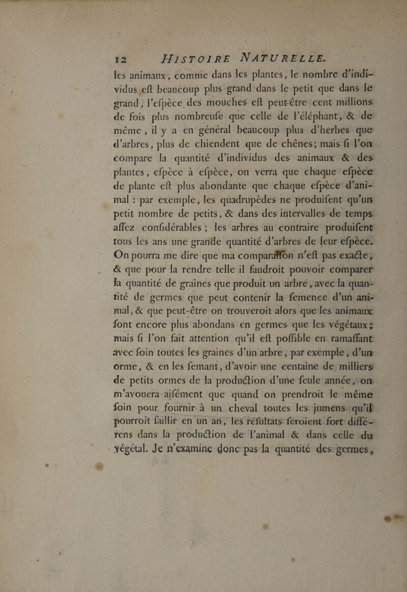 les animaux, comme clans les plantes, le nombre d’incK- vicîus eft beaucoup plus grand dans le petit que dans le grand, l’efpèce des mouches elt peut-être cent millions de fois plus nombreufe que celle de l’éléphant, 6c de même , il y a en général beaucoup plus d’herbes que d’arbres, plus de chiendent que de chênes ; mais fi l’on compare la quantité d’individus des animaux 6c des- plantes, efpèce à efpèce, en verra que chaque efpèce- de plante eh plus abondante que chaque efpèce d’ani¬ mal : par exemple, les quadrupèdes ne produifent qu’un petit nombre de petits, 6c dans clés intervalles de temps affez confidérables ; les arbres au contraire produifent tous les ans une grande quantité d’arbres de leur efpèce* On pourra me dire que ma comparatïôn n’eft pas exaCte, 6c que pour la rendre telle il faudroit pouvoir comparer la quantité de graines que produit un arbre, avec la quan¬ tité de germes que peut contenir la femence d’un ani¬ mal, 6c que peut-être on trouveront alors que les animaux font encore plus abondans en germes que les végétaux; mais fi l’on fait attention qu’il efl poffible en ramaffant avec foin toutes les graines d’un arbre, par exemple, d’un? orme, 6c en les femant, d’avoir une centaine de milliers de petits ormes de la production d’une feule année, on m avouera aifément que quand on prendroit le même foin pour fournir à un cheval toutes les jurnens qu’i£ pourroft faillir en un an, les réfultats feraient fort diffè¬ re ns dans la production de l’animal 6c dans celle du végétal. Je n’examine donc pas la quantité des. germes*