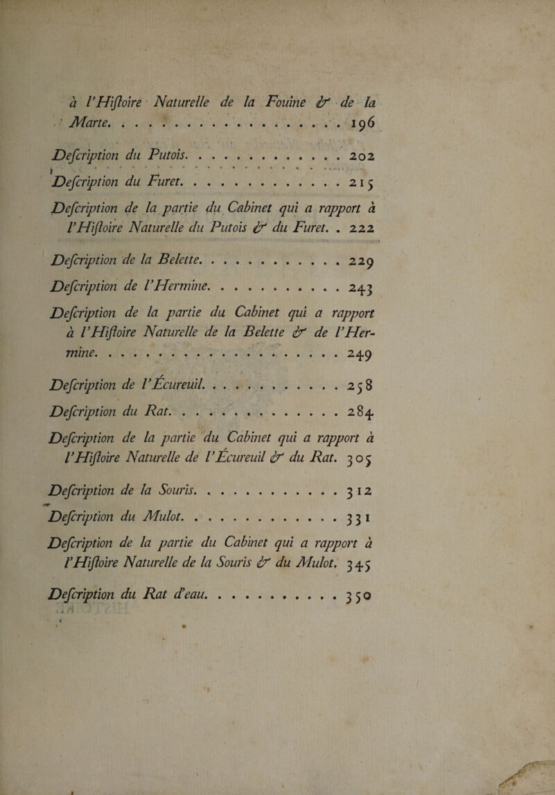 à CHifloire Naturelle de la Fouine if de la . Marte. . . . ... . 196 • vj V \ ' f t ' » f ■ . j 4r / 1 ‘î* * Description du Putois.202 ^ * * * ’ ‘ ’ * * *. w * * * * * » • • • éj,-* r , Defcription du Furet.215 Defcription de la partie du Cabinet qui a rapport à CHifloire Naturelle du Putois if du Furet. . 222 Defcription de la Belette. Defcription de VHermine Defcription de la partie du Cabinet qui a rapport à CHifloire Naturelle de la Belette if de l’Her¬ mine.249 r Defcription de VEcureuil..258 Defcription du Rat.284 Defcription de la partie du Cabinet qui a rapport à r CHifloire Naturelle de CEcureuil if du Rat. 305 Defcription de la Souris. .312 r Defcription du Adulot.331 Defcription de la partie du Cabinet qui a rapport à CHifloire Naturelle de la Souris if du Alulot. 345 Defcription du Rat d’eau • 3 5Q