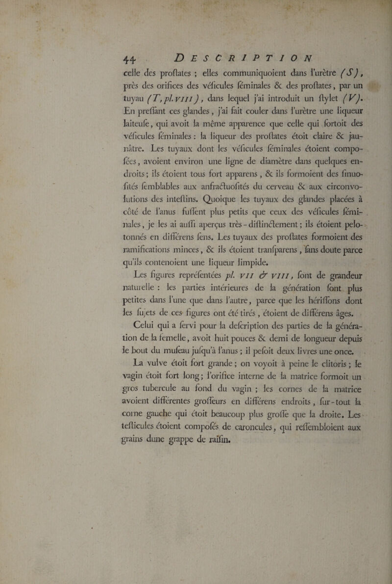 celle des proflates ; elles communiquoient dans 1 urètre ( S), près des orifices des véficules feminales 8c des prodates, par un tuyau (T,pJ.vm) , dans lequel j’ai introduit un dylet ( VJ. En prefîànt ces glandes, j’ai fait couler dans l’urètre une liqueur laiteufè, qui avoit la même apparence que celle qui fortoit des véficules feminales : la liqueur des prodates étoit claire <5c jau¬ nâtre. Les tuyaux dont les véficules feminales étoient compo¬ ses, avoient environ une ligne de diamètre dans quelques en¬ droits ; ils étoient tous fort appareils, 8c ils formoient des finuo- fités fèmblables aux anfraéiuodtés du cerveau 8c aux circonvo¬ lutions des intedins. Quoique les tuyaux des glandes placées à côté de l’anus fudent plus petits que ceux des véficules femi¬ nales , je les ai auffi aperçus très - didinélement ; ils étoient pelo¬ tonnés en différons fèns. Les tuyaux des prodates formoient des ramifications minces, 8c ils étoient tranlparens , fans doute parce qu’ils contenoient une liqueur limpide. Les figures repréfêntées pl vu & vin, font de grandeur naturelle : les parties intérieures de la génération font plus petites dans l’une que dans l’autre, parce que les héridons dont les fujets de ces dgures ont été tirés , étoient de différens âges. Celui qui a fèrvi pour la defcription des parties de la généra¬ tion de la femelle, avoit huit pouces 8c demi de longueur depuis le bout du mufeau jufqu a l’anus ; il pefoit deux livres une once. La vulve étoit fort grande ; on voyoit à peine le clitoris ; le vagin étoit fort long ; l’orifice interne de la matrice formoit un gros tubercule au fond du vagin ; les cornes de la matrice avoient différentes grofieurs en différens endroits , fur-tout la corne gauche qui étoit beaucoup plus grofie que la droite. Les teflicules étoient compofés de caroncules, qui refîèmbloient aux grains dune grappe de raifin.