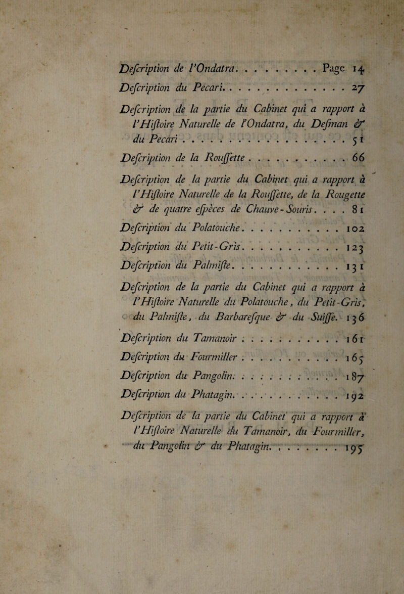 Defcription de VOndatra.Page 14. Defcription du Pécari.27 Defcription de la partie du Cabinet qui a rapport à VHifloire Naturelle de l'Ondatra, du Defnan if du Pécari.51 Defcription de la Roujfette.66 Defcription de la partie du Cabinet qui a rapport à VHifloire Naturelle de la Roujfette, de la Rouget te if de quatre efpèces de Chauve - Souris ....81 Defcription du Polatouche.102 Defcription du Petit-Gris.125 Defcription du Palmifle.. 13 1 Defcription de la partie du Cabinet qui a rapport à VHifloire Naturelle du Polatouche, du Petit-Gris; du Palmifle, du Barbarefque if du Suijfe. 1 3 6 * Defcription du Tamanoir ..1 61 Defcription du Fourmiller.165 Defcription du Pangolin. 187 Defcription du Phatagin. . .*.iqz Defcription de la partie du Cabinet qui a rapport a VHifloire Naturelle du Tamanoir, du Fourmiller, du Pangolin if du Phatagin. ....... 19 j