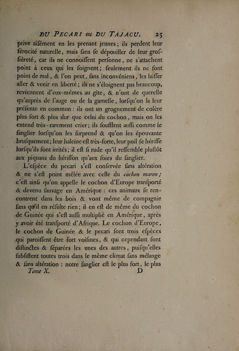 prive aifément en les prenant jeunes; ils perdent leur férocité naturelle, mais fans fe dépouiller de leur grof- fièreté, car ils ne connoiffent perfonne, ne s'attachent point à ceux qui les foignent; feulement ils ne font point de mal, Si Ton peut, fans inconvéniens, les laiffer aller Si venir en liberté ; ils ne s’éloignent pas beaucoup, reviennent d’eux-mêmes au gîte, & n’ont de querelle qu auprès de l’auge ou de la gamelle, lorfqu’on la leur préfente en commun : ils ont un grognement de colère plus fort & plus dur que celui du cochon, mais on les entend très-rarement crier; ils foufflent anfli comme le fànglier lorfqu’on les furprend & qu’on les épouvante brufquement ; leur haleine eft très-forte, leur poil fe hériffe lorfqu’ils font irrités ; il eft fi rude qu’il reffemble pluflôt aux piquans du hérifTon qu’aux foies du fànglier. L’efpèce du pécari s’eft confervée fans altération & ne s’eft point mêlée avec celle du cochon maron; c’efl ainli qu’on appelle le cochon d’Europe tranfporté Si devenu fàuvage en Amérique : ces animaux fe ren¬ contrent dans les bois Si vont même de compagnie fans qu’il en réfuîte rien ; il en eft de même du cochon de Guinée qui s’efl: auffi multiplié en Amérique, après y avoir été tranfporté d’Afrique. Le cochon d’Europe, le cochon de Guinée Si le pécari font trois efpèces qui paroiffent être fort voifines, Si qui cependant font diflinétes & féparées les unes des autres, puisqu’elles fubfiftent toutes trois dans le même climat fans mélange Si fans altération : notre fànglier eft le plus fort, le plus Tome X. ■ D