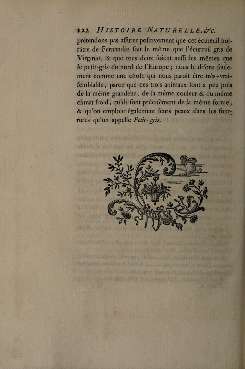 in Histoire Na tu re lle,(!?c. prétendons pas afïurer pofitivement que cet écureuil noi¬ râtre de Fernandès Toit le même que l'écureuil gris de Virginie, Si que tous deux foient auffi les mêmes que le petit-gris du nord de l’Europe ; nous le difons feule¬ ment comme une chofe qui nous paroît être très-vrai- femblable, parce que ces trois animaux font à peu près de la même grandeur, de la même couleur Si du même climat froid, qu’ils font précifément de la même forme, Si qu’on emploie également leurs peaux dans les four¬ rures qu’on appelle Petit-gris.