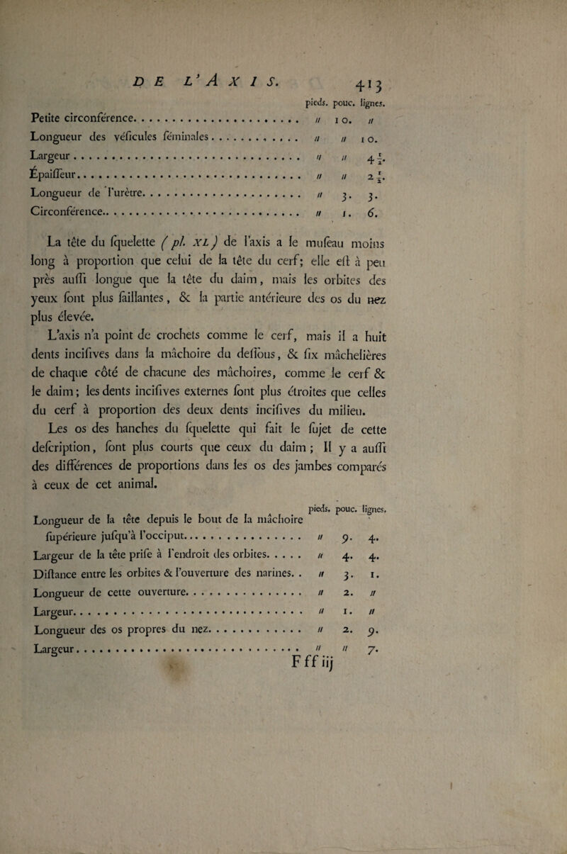 Petite circonférence. Longueur des véficules féminales Largeur. Épaifîèur. Longueur de l'urètre. Circonférence. 413 pieds, pouc. lignes. // I O. // Jl u i O.   4ï* Il H 2 4  3- 3- 11 1.6. La tête du Iquelette ( pi. XL) de l’axis a le mufoau moins long à proportion que celui de la tête du cerf; elle eft à peu près au(Ti longue que la tête du daim, mais les orbites des yeux font plus Aillantes, & la partie antérieure des os du nez plus élevée. L’axis n’a point de crochets comme le cerf, mais il a huit dents incifives dans la mâchoire du detfous, & fix mâchelières de chaque côté de chacune des mâchoires, comme le cerf & le daim; les dents incifives externes font plus étroites que celles du cerf à proportion des deux dents incifives du milieu. Les os des hanches du fquelette qui fait le fujet de cette defoription, font plus courts que ceux du daim; Il y a aufît des différences de proportions dans les os des jambes comparés à ceux de cet animal. pieds, pouc. lignes. Longueur de la tête depuis le bout de la mâchoire fupérieure jufqu’à l’occiput. // 9. 4. Largeur de la tête prife à l'endroit des orbites. u 4. 4. Diftance entre les orbites & l’ouverture des narines. . u 3. 1. Longueur de cette ouverture. u 2. // Largeur. u 1. 11 Longueur des os propres du nez. // 2. <?. Largeur.  n 7. Fffiij