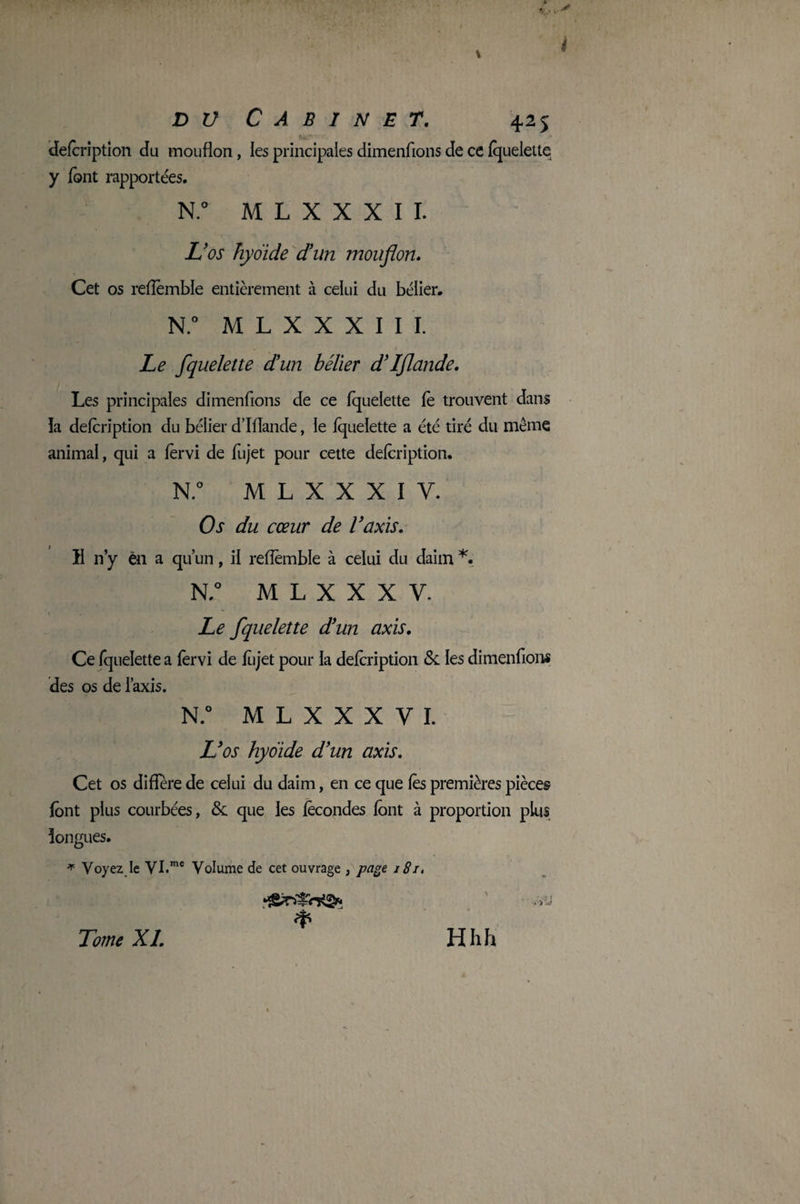 delcription du mouflon, les principales dimenfions de ce fquelette y font rapportées. N.° MLXXXII. U os hyoïde d’un mouflon. Cet os reflemble entièrement à celui du bélier. N.° M L X X X I I I. Le fquelette d'un bélier d’Iflande. Les principales dimenfions de ce fquelette fe trouvent dans îa delcription du bélier d’Iflande, le fquelette a été tiré du même animal, qui a fèrvi de fujet pour cette delcription. N.° M L X X X I Y. Os du cœur de l’axis. H n’y en a qu’un, il reflemble à celui du daim *• N.° M L X X X V. Le fquelette d’un axis. Ce fquelette a fervi de fujet pour la delcription <Se les dimenfions des os de Iaxis. N.° M L X X X V I. L’os hyoïde d’un axis. Cet os diffère de celui du daim, en ce que les premières pièces font plus courbées, & que les fécondes font à proportion plus longues. * Voyez le VI.mc Volume de cet ouvrage , page i8i> Tome XL Hhh