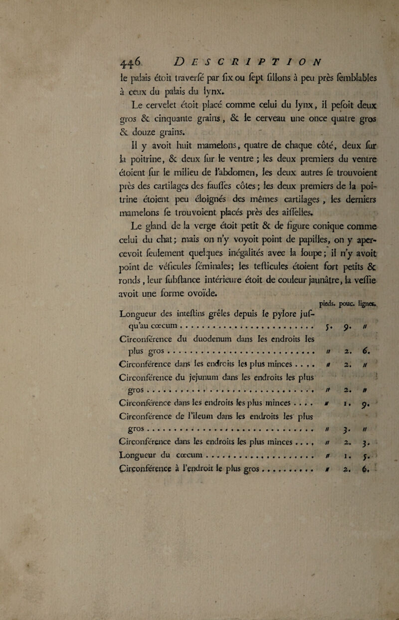 le palais étoit ira ver le par fix ou (êpt filions à peu près fèmblables à ceux du palais du lynx. Le cervelet étoit placé comme celui du lynx, il pefôit deux gros 8c cinquante grains , 8c le cerveau une once quatre gros 8c douze grains. II y avoit huit mamelons, quatre de chaque côté, deux fur la poitrine, 8c deux fur le ventre ; les deux premiers du ventre étoient fur le milieu de l’abdomen, les deux autres le trou voient pics des cartilages des fauffes côtes ; les deux premiers de la poi¬ trine étoient peu éloignés des mêmes cartilages , les derniers mamelons fe trou voient placés près des ai (Telles. Le gland de la verge étoit petit 8e de figure conique comme celui du chat ; mais on n’y voyoit point de papilles, on y aper- cevoit feulement quelques inégalités avec la loupe; il n’y avoit point de véficules fcminales; les teflicules étoient fort petits 8c ronds, leur fubflance intérieure étoit de couleur jaunâtre, la veflie avoit une forme ovoïde. pieds, pouc. lignes. Longueur des inteflins grêles depuis le pylore juf- qu’au cæcum..... j. p. // Circonférence du duodénum dans les endroits les plus gros. // 2. 6. Circonférence dans les endroits les plus minces .... a 2, h Circonférence du jéjunum dans les endroits les plus gros. it 2. n Circonférence dans les endroits les plus minces .... » i, p. Circonférence de l’ileuin dans les endroits les plus gros.i... n 3. n Circonférence dans les endroits les plus minces .... n z. 3. Longueur du cæcum. n 1. y. Circonférence à l’endroit le plus gros. n 2, 6.