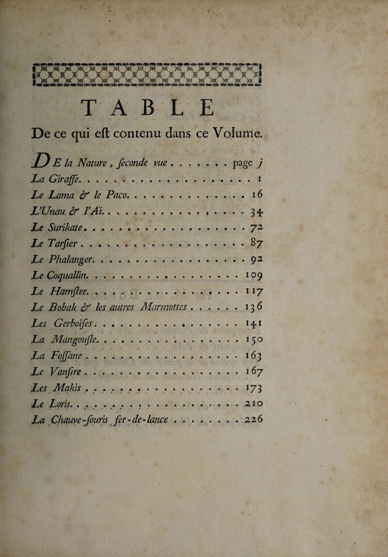 TABLE De ce qui efl contenu dans ce Volume. D E la Nature , fécondé vue.page j La Girafe.i Le Lama if le Paco..16 L'Unau if VAi.. 34. Le Surikate.72 Le Tarfier.87 Le Phalanger.92 Le Coquallin. 109 Le Hamfler..117 Le Bobak if les autres Marmottes.136 Les Gerboifes.. 141 La Man gonfle.150 La Fojfane. 163 Le Vanflre.167 Les Makis. 173 Le Loris.. • • • « « « • La Chauve-fouris fer-de-lance.226 • € '•/ « * */