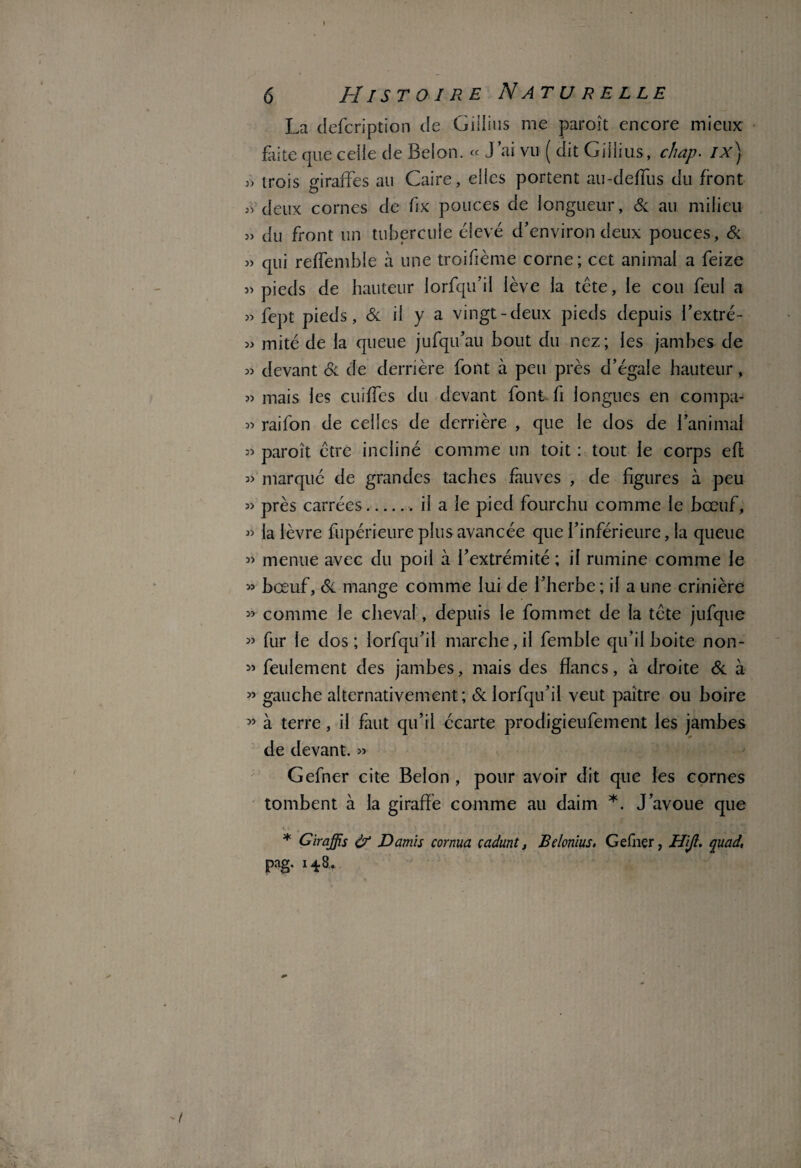 La clefcription Je Gillius me paroît encore mieux faite que ceile de Belon. « J’ai vu ( dit Giiiius, chap. ix) » trois giraffes au Caire, eilcs portent au-defïiis du front deux cornes de fix pouces de longueur, Si au milieu » du front un tubercule élevé d’environ deux pouces, Si » qui reffemble à une troifième corne; cet animal a feize » pieds de hauteur lorfqu’il lève la tête, le cou feul a » fept pieds, & il y a vingt-deux pieds depuis l’extré- » mité de la queue jufqu’au bout du nez; les jambes de » devant Si de derrière font à peu près d’égale hauteur, « mais les cuiffes du devant font fi longues en compa- » raifon de celles de derrière , que le dos de l’animal paroît être incliné comme un toit : tout le corps efl î> marqué de grandes taches fauves , de figures à peu » près carrées.. il a le pied fourchu comme le bœuf, « la lèvre fupérieure plus avancée que l’inférieure, la queue » menue avec du poil à l’extrémité ; il rumine comme le « bœuf, Si mange comme lui de l’herbe ; il a une crinière » comme le cheval, depuis le fommet de la tête jufque » fur le dos; lorfqu’il marche, il femble qu’il boite non- 55 feulement des jambes, mais des flancs, à droite & à » gauche alternativement; Si lorfqu’il veut paître ou boire » à terre, il faut qu’il écarte prodigieufement les jambes de devant. » Gefner cite Belon , pour avoir dit que les cornes tombent à la giraffe comme au daim *. J’avoue que c. \ * Giraffis if Z)amis cornua cadunt, Btlonius. Gefner, Hift. quad, pag. 148.