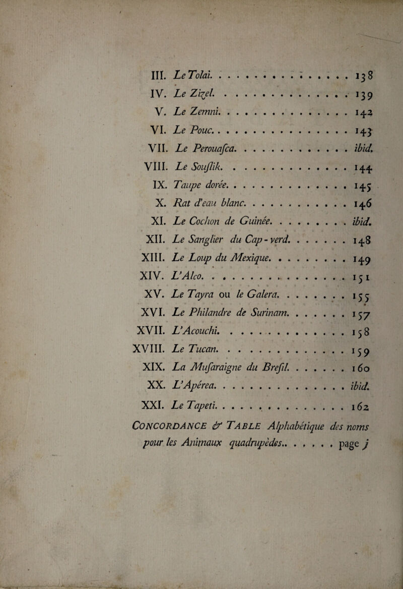 III. LeTolai ......... 138 IV. Le Z'vçeL.139 V. Le Zemni.144 VI. Le Pouc..143 VII. Le Peroucifca. . . ..ibid* VIII. Le Souflik.144 IX. Taupe dorée.145 X. Rat d'eau blanc..146 XI. Le Cochon de Guinée.Ibid. XII. Le Sanglier du Cap - verd..148 XIII. Le Loup du Mexique.149 XIV. LAlco.15 1 XV. Le Tayra ou le Galera.153 « XVI. Le Philandre de Surinam.157 XVII. L’Acouchi.158 XVIII. Le Tue an.139 XIX. La Mufaraigne du Brefd..160 XX. L’Aperea.. ibid1 XXI. Le Tapeti...162 Concordance & Table Alphabétique des noms pour les Animaux quadrupèdes.page j • 9 9 9 9