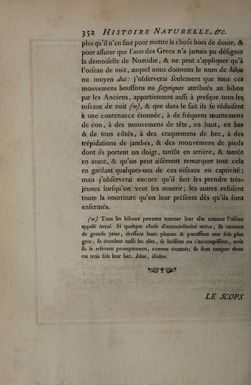 3J2 Histoire Naturelle, <trc. plus qu’il n’en faut pour mettre la chofe hors de doute, & pour affurer que IWrdes Grecs n’a jamais pu défigner la demoifelie de Numidie, & ne peut s’appliquer qu’à l’oifeau de nuit, auquel nous donnons le nom de hibou ou moyen duc: j’obferverai feulement que tous ces mouvemens bouffons ou fatyriques attribués au hibou par les Anciens, appartiennent auffi à prefque tous le^ oifeaux de nuit (m), & que dans le fait ils fe réduifent à une contenance étonnée, à de fréquens tournemens de cou, à des mouvemens de tête, en haut, en bas & de tous côtés, à des craquemens de bec, à des trépidations de jambes, & des mouvemens de pieds dont ils portent un doigt, tantôt en arrière, & tantôt en avant, & qu’on peut aifémerit remarquer tout cela en gardant quelques-uns de ces oifeaux en captivité ; mais j’obferverai encore qu’il faut les prendre très- jeunes Jorfqu’on veut les nourrir; les autres refufent toute la nourriture qu’on leur préfente dès qu’ils font enfermés. (m) Tous les hiboux peuvent tourner leur tête comme ï’oifêau appelé torcol. Si quelque choie d’extraordinaire arrive, ils ouvrent de grands yeux, dreflent leurs plumes & paroiffent une fois plus gros ; ils étendent auffi les ailes, fe baiffient ou s’accroupiflent, mais ils fe relèvent promptement, comme étonnés; ils font craquer deux ou trois fois leur bec. Idem, ibidem. WW - ... .. . ... t • » ' ... * ■* ' • -. < y ■ rf’ » t 4 % LE SCOPS