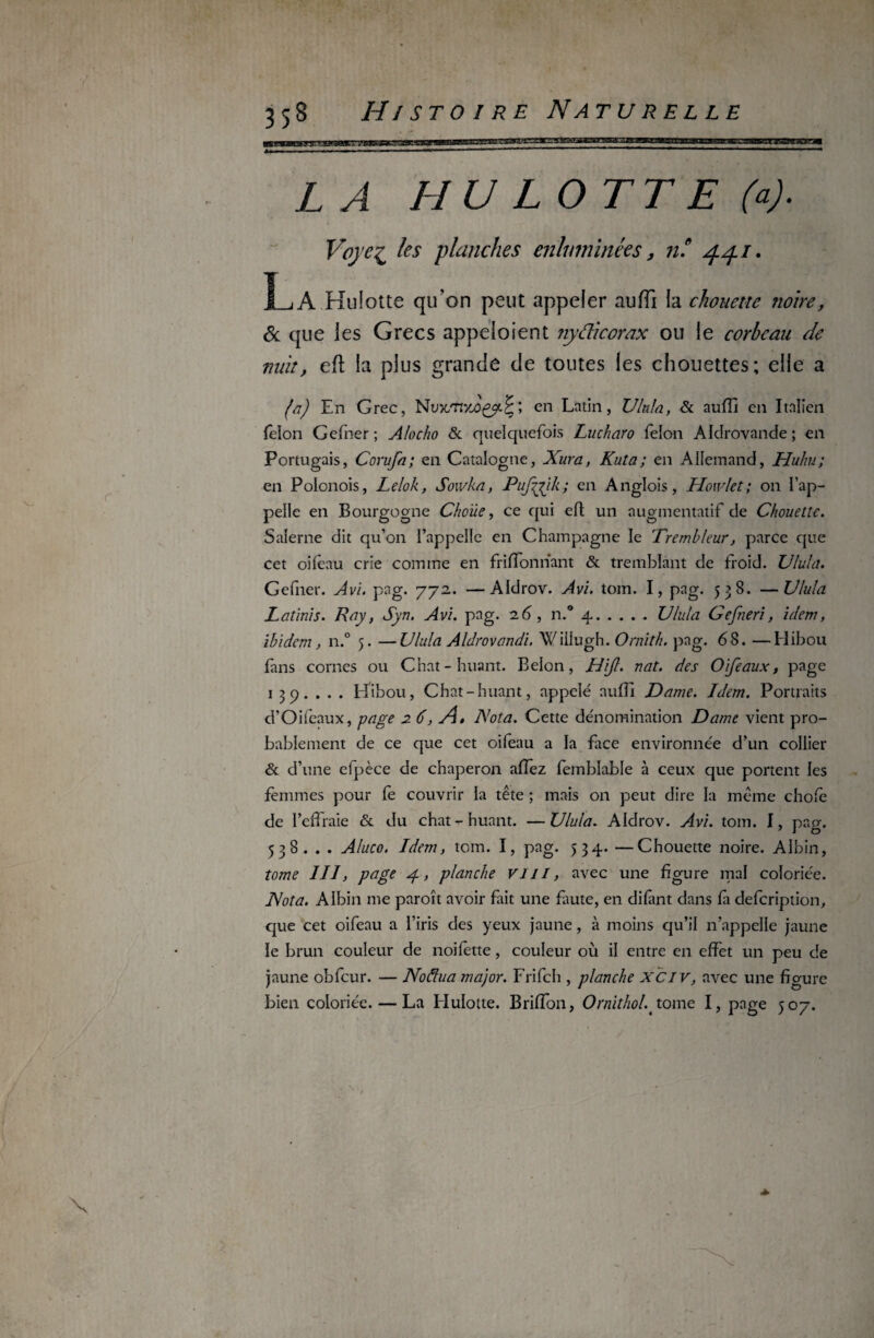 L A H U LO TT E (a). Voyez les planches enluminées, né 44.1 * La Hulotte qu’on peut appeler auffi la chouette noire, & que les Grecs appeloient nydicorax ou le corbeau de nuit, eft la plus grande de toutes les chouettes; elle a (a) En Grec, Nen Latin, Ulula, & auffi en Italien félon Gefner ; Alocho <5c quelquefois Lucharo félon Aldrovande ; en Portugais, Corufa; en Catalogne, Xura, Kuta; en Allemand, Huhu; en Polonois, Lelok, Soivka, Pufijik; en Anglois, Hoxvlet; on l’ap¬ pelle en Bourgogne Choüe, ce qui eft un augmentatif de Chouette. Salerne dit qu’on l’appelle en Champagne le Tremhleur, parce que cet oifeau crie comme en friffonriant & tremblant de froid. Ulula. Gefner. Avi. pag. 772. —Aldrov. Avi. tom. I, pag. 538. —Ulula Latinis. Ray, Syn. Avi. pag. 26, n.° 4.Ulula Gefneri, idem, ibidem, 11.0 5. —Ulula Aldrovandi. Wiiiugh. Ornith. pag. 68. —Hibou fans cornes ou Chat-huant. Belon, JrJiJl. nat. des O if e aux, page 13p.... Hibou, Chat-huant, appelé auffi Dame. Idem. Portraits d’Oifeaux, page 2 6, A, Nota. Cette dénomination Dame vient pro¬ bablement de ce que cet oifeau a la ftce environnée d’un collier & d’une eipèce de chaperon allez femblable à ceux que portent les femmes pour fe couvrir la tête ; mais on peut dire la même chofe de l’cffiaie & du chat-huant. —Ulula. Aldrov. Avi. tom. I, pag. 538. . . Aluco. Idem, tom. I, pag. 534. —Chouette noire. Albin, tome III, page g, planche VIil, avec une figure mal coloriée. Nota. Albin me paroît avoir fait une faute, en difint dans fa defcription, que cet oifeau a l’iris des yeux jaune, à moins qu’il n’appelle jaune le brun couleur de noifette, couleur où il entre en effet un peu de jaune obfcur. — No Hua major. Frifch , planche XCI v, avec une figure bien coloriée.—La Hulotte. Brifîon, Ornithol. tome. I, page 507.