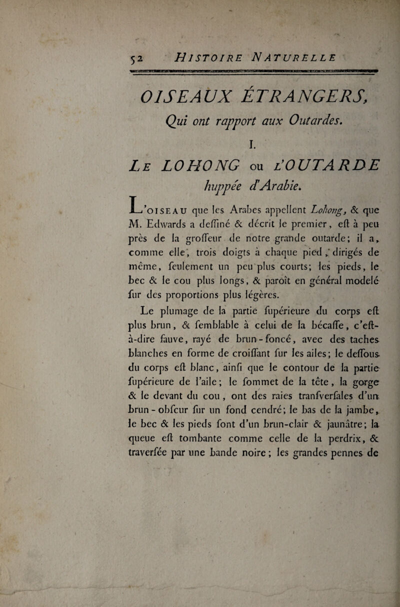 OISEAUX ÉTRANGERS\ Qui ont rapport aux Outardes. I. Le LOHONG ou iéOUTARDE huppée d'Arabie. L’oiseau que les Arabes appellent Lohong, & que M. Edwards a deffiné & décrit le premier, eft à peu près de la grofTeur de notre grande outarde; il a, comme elle , trois doigts à chaque pied dirigés de meme, feulement un peu plus courts; les pieds, le bec Sc le cou plus longs, Si paroît en générai modelé fur des proportions plus légères. Le plumage de la partie fupérieure du corps eft plus brun, Si femblable à celui de la bécaffe, c’eft- à-dire fauve, rayé de brun-foncé, avec des taches blanches en forme de croiffant fur les ailes; le deffous du corps eft blanc, ainfi que le contour de la partie fupérieure de l’aile ; le fommet de la tète , la gorge Si le devant du cou , ont des raies tranfverfales d’un brun - obfcur fur un fond cendré; le bas de la jambe,, le bec Si les pieds font d’un brun-clair & jaunâtre; la queue eft tombante comme celle de la perdrix, 6c traverfée par une bande noire ; les grandes pennes de 4