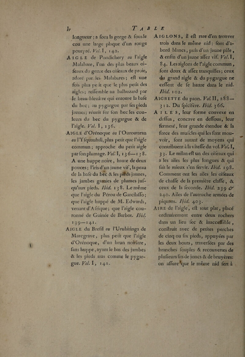 h T A b longueur ; a fous la gorge & fous le cou une large plaque d’un rouge pourpré. Vol. I, i 42. Aigle de Pondichéry ou l’aigle Malabare, l’un des {dus beaux oi- ieaux du genre des oifeaux de proie, adoré par les Malabares ; elt une fois plus pe it que le plus petit des aigles ; relfemble au balbuzard par le beau bleuâtre qui entoure la baie du bec; au pygargue parlés pieds jaunes; réunit fur Ion bec les cou¬ leurs du bec du pygargue & de l’aigle. Vol. I, 136. Aigle d’Orénoque ou l’Ouroutaran eu l’Yfquauhtli, plus petit que l’aigle commun ; approche du petit aigle par Ton plumage. Vol. 1,13 6—138. A une huppe noire , haute de deux pouces ; l’iris d’un jaune vif, la peau de la bafe du bec & les pièds jaunes, les jambes garnies de plumes juf- qu’aux pieds. Ibid. 138. Le même que l'aigle du Pérou de Garcilalîo ; que l’aigle huppé de M. Edwards, venant d’Afrique ; que l’aigle cou¬ ronné de Guinée de Barbot. Ibid. 1 39—141. Aigle du Brefil ou l’Urubitinga de Marcgrave, plus petit que l’aigle d’Orénoque, d’un brun noirâtre, fans huppe, ayant le bas des jambes & les pieds nus comme le pygar¬ gue. Vol. 1, 141. L E Aiglons, il elt rare d’en trouver trois dans le même nid ; font d’a¬ bord blancs , puis d’un jaune pâle , & enfin d’un jaune allez vif. Vol. I, 84. Les aiglons de l’aigle commun , font doux & allez tranquilles ; ceux du grand aigle & du pygargue ne ceflent de fe battre dans le nid. Ibid. 102. Aigrette du paon. Vol. II, 288 — 312. Du Ipicifère. Ibid. 3 66. Ailes, leur forme convexe en défi us , concave en delfous, leur fermeté, leur grande étendue & la force des mulcles qui les font mou¬ voir, font autant de moyens qui contribuent à la vîtelfe du vol. Vol. I, 3 3. Le milan elt un des oifeaux qui a les ailes les plus longues & qui fait le mieux s’en fervir. Ibid. 198. Comment ont les ailes les oifeaux de chalîe de la première clafie , & ceux de la leconde. Ibid. 239 240. Ailes de l’autruche armées de piquans. Ibid. 403. AiRE de l’aigle, efl tout plat, placé ordinairement entre deux rochers dans un lieu fec & inaccellible , confiruit avec de petites perches de cinq ou fix pieds, appuyées par les deux bouts, traverfées par des branches fouples & recouvertes de plufieurs lits de joncs & de bruyères: on allure *que le même nid fert à