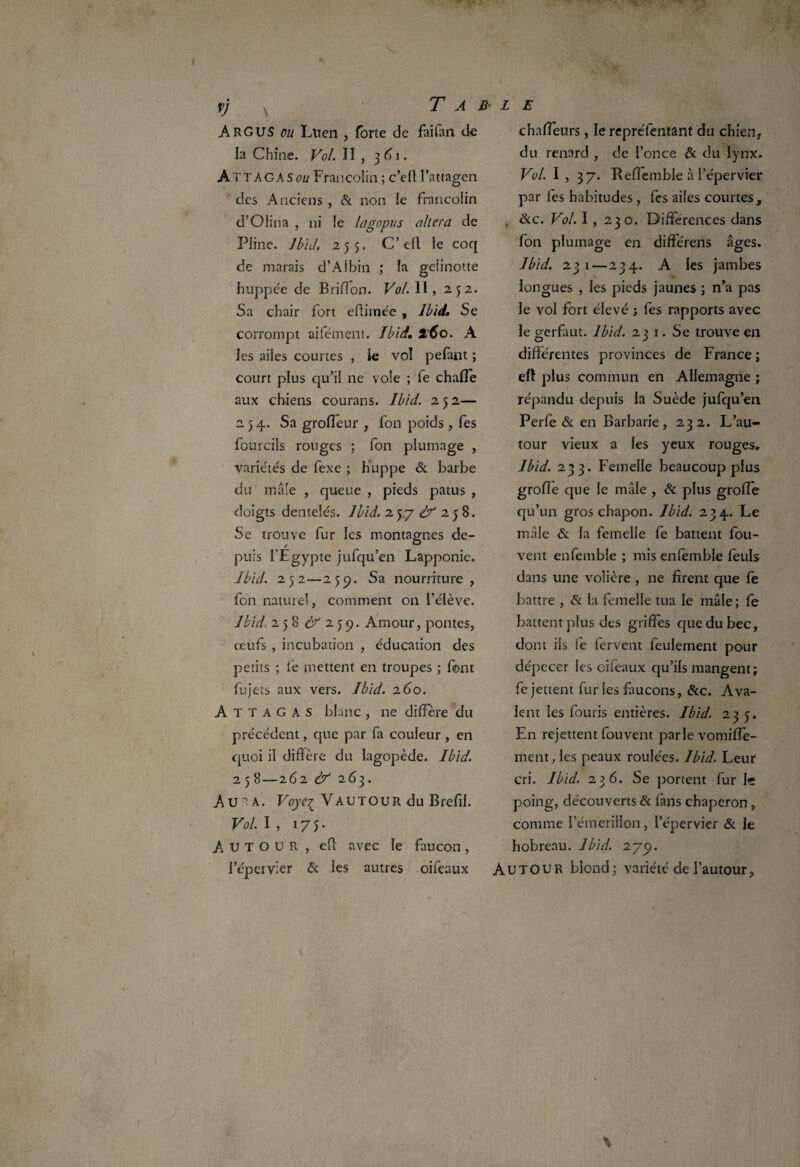 ARGUS du Luen , forte de faifan de la Chine. Vol. II , 361. A T T A G A S ou Fran colin ; c’ell fattagen des Anciens , & non le frnncolin d’OIina , ni le lagopus altéra de PJine. Ibid. 255. C’ell le coq de marais d’Albin ; la gelinotte huppée de Brillon. Vol. II, 252. Sa chair fort eftimée , Ibid. Se corrompt aifément. Ibid. 160. A les ailes courtes , le vol pelant ; court plus qu’il ne vole ; fe chaffe aux chiens courans. Ibid. 252— 254. Sa grofleur , fon poids, fes fourcils rouges ; fon plumage , variétés de fexe ; huppe & barbe du mâle , queue , pieds patus , doigts dentelés. Ibid. 2 57 2 5 8. Se trouve fur les montagnes de¬ puis l'Egypte jufqu’en Lapponie. Ibid. 252—259. Sa nourriture , fon naturel, comment on l’élève. Ibid. 258 & 2 j 9. Amour, pontes, œufs , incubation , éducation des petits ; lé mettent en troupes ; font fujets aux vers. Ibid. 260. A T T A G A S blanc , ne diffère du précédent, que par fa couleur , en quoi il diffère du lagopède. Ibid. 2 5 8—262 & 263. Au! A. Voye^ Vautour du Brefil. Vol. I , 175. Autour, eff: avec le faucon, J’épervier & les autres oifeaux chaffeurs, le repréfentant du chien, du renard , de fonce & du lynx. Vol. 1,37. Reffemble à l’épervier par les habitudes , fes ailes courtes, , &c. Vol. I , 230. Différences dans fon plumage en différens âges. Ibid. 231—234. A les jambes A longues , les pieds jaunes ; n’a pas le vol fort élevé ; fes rapports avec le gerfaut. Ibid. 23 1. Se trouve en différentes provinces de France ; eft plus commun en Allemagne ; répandu depuis la Suède jufqu’en Perfe & en Barbarie, 232. L’au¬ tour vieux a les yeux rouges. Ibid. 233. Femelle beaucoup plus grofle que le mâle , & plus groffe qu’un gros chapon. Ibid. 234. Le mâle & la femelle fe battent fou- vent enfemble ; mis enfemble feuls dans une volière , ne firent que fe battre , & la femelle tua le mâle ; fe battent plus des griffes que du bec, dont ils fe fervent feulement pour dépecer les oifeaux qu’ils mangent; fe jettent fur les faucons, &c. Ava¬ lent les fouris entières. Ibid. 23 j. En rejettent fouvent parle vomiffe- ment, les peaux roulées. Ibid. Leur cri. Ibid. 236. Se portent fur I« poing, découverts & fans chaperon, comme fémerillon, l’épervier & le hobreau. Ibid. 279. Autour blond; variété de l’autour,