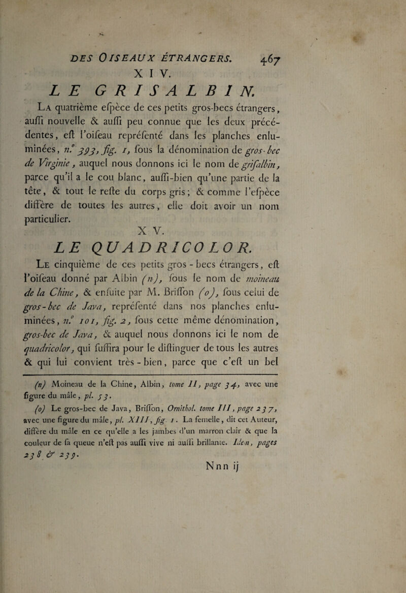 X I V. LE G R I S A L B I N. La quatrième efpèce de ces petits gros-becs étrangers, auffi nouvelle & auffi peu connue que les deux précé¬ dentes, efl l’oifeau repréfenté dans les planches enlu¬ minées, n.° gÿj, fig. 1, fous la dénomination de gros-bec de Virginie, auquel nous donnons ici le nom de grifalbin, parce qu’il a le cou blanc, aufïi-bien qu’une partie de la tête, & tout le refie du corps gris; & comme l’efpèce diffère de toutes les autres, elle doit avoir un nom particulier. X V. LE QU AD RICO LO R. Le cinquième de ces petits gros - becs étrangers, efl l’oifeau donné par Albin (n), tous le nom de moineau de la Chine, & enfuite par M. Briffon (o), fous celui de gros-bec de Java, repréfenté dans nos planches enlu¬ minées, n.° 101, fig. 2, fous cette même dénomination, gros-bec de Java, & auquel nous donnons ici le nom de quadricolor, qui fuffira pour le diflinguer de tous les autres & qui lui convient très - bien, parce que c’efl un bei (n) Moineau de la Chine, Albin, tome 11, -page 34, avec une figure du mâle, pl. 33, (0) Le gros-bec de Java, Brifîon, Ornithol. tome 111, page 23 7, avec une figure du mâle, pl. XIII, jïg / . La femelle , dit cet Auteur, diffère du mâle en ce qu’elle a les jambes d’un marron clair & que la couleur de fa queue n’eft pas auffi vive ni aulfi brillante. Idem, pages 23 8 & 23p. Nnn ij