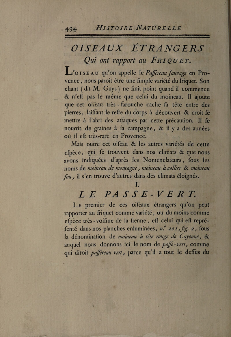 OISEAUX ÉTRANGERS Qui ont rapport au Fri du et. L’oiseau qu’on appelle le Pajfereaufauvage en Pro¬ vence , nous paroît être une (impie variété du friquet. Son chant ( dit M. Guys ) ne finit point quand il commence & n’efi pas le même que celui du moineau. II ajoute que cet oiièau très - farouche cache fa tête entre des pierres, laifiant le refie du corps à découvert & croit fë mettre à l’abri des attaques par cette précaution. II fe nourrit de graines à la campagne, & il y a des années où il efi très-rare en Provence. Mais outre cet oifeau & les autres variétés de cette efpèce, qui fe trouvent dans nos climats & que nous avons indiquées d’après les Nomenclateurs, fous les noms de moineau de montagne, moineau h collier & moineau fou, il s’en trouve d’autres dans.des climats éloignés. I. LE PA SS E-V E RT. Le premier de ces oifeaux étrangers qu’on peut rapporter au friquet comme variété, ou du moins comme efpèce très-voifine de la fienne, efi celui qui efi repré- fenté dans nos planches enluminées, n.° 201 ,fig. 2, fous la dénomination de moineau à tête rouge de Cayenne, & auquel nous donnons ici le nom de pajfe-vert, comme qui diroit pajfereau vert, parce qu’il a tout le defiùs du