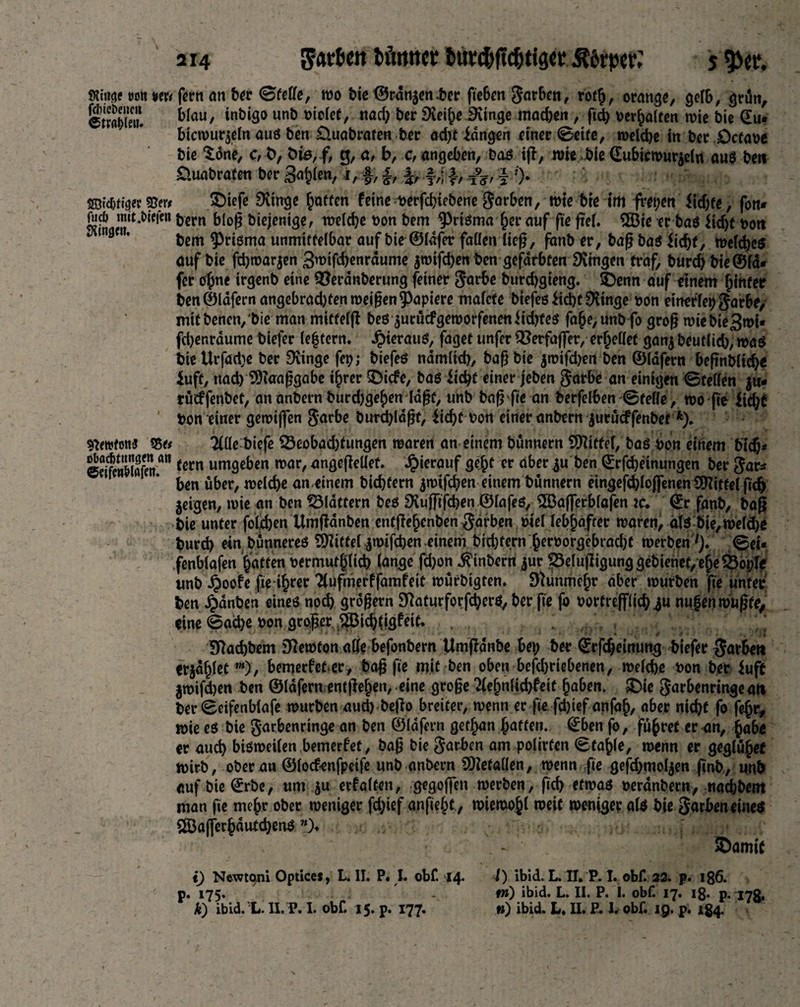 «Kinge son »er« fern an ber Steife, wo bie ©rangent>er geben Sorbett, rotf>, orange, geib, grün, eSE WflU/ in&‘3° unö nac^ fccr ^ei&c 3tmse «tad)en , fid; vergalten wie bie Su* biewurjein aus ben üuabraten ber ad;t idngen einer Seife, weldje in bet £)cfave bie “£dne, c, fc, &ts, f, g, a, b, c, angeben, bas ig, wte bie Subicwurjein aus bett Öuabraten ber Ballen, i, f, f,; TV \’)* SBtd)figer SDiefe SXinge Raffen feine uerfchiebene Sorben, wie bre im ft*et;en iidge, fon* nid) mit.tiefen tern blog biejenige, welche von bem ^riSma her auf fie fiel. 2Öte er bas $idjt voti ^tn3f,?' bem prisma unmittelbar auf bie ©Idfer faffen lieg, fanb er, bag bas ficht, welches auf bie fd)tvarjen 3wifchenraume $wifd;en ben gefärbten SKmgen traf, burch bte@id- fer o^ne irgenb eine Qjerdnberung feiner Sarbe burebgieng. 3>enn auf einem ^fttfer ben ©idfernangebradgenweigen Rapiere maiefe biefes fid)t SXinge von eitterfep jarbe, mit benen/bie man miffeig bes jurücfgeworfeneniidjfes fa£e, unbfo grog wie bie3wt« fdjenrdume biefer lectern. hieraus, fagef unfer Q^erfaffer, erheüef gan^beuflid), was bie Urfad)e ber Dvinge fep j biefes ndmiieb, bag bie $mifd>en ben ©(dfern begnbiteh« fuft, nad) Sftaaggabe tf)rer SDicfe, bas ficht einer jeben Sarbe an einigen Steffen $u- tueffenbet, an anbernburd)gehen lagt, unb bagfie an berfelben Sfeffe, wo fie fid;C Von -einer gewijfen Sarbe burchldgf, ücf>C von einer anbern jurüeffenbet *). 9l<wtoti$ «5(t Tiffe biefe ©eobadjfungen waren an einem bunnern ^Kiffet, bas von einem bich* SSÄ fcrn um9eben war, angegeffef. hierauf geht er aber |u ben Srfcgeinungen ber Sar* ben über, welche ameinem bichfern $wtfcgen einem bunnern eingefchlojfenen Spittel fidj jeigen, wie an ben flattern bes SKuffifcben ©iafes, 5ßafferblafen tc* Sr fanb, bag bie unter foldjm Umganben entgehenben färben viel lebhafter waren, als bie, wefdje burch ein bünneres Mittel ^wtfehen einem bichfern herborgebrad)f werben7). Sei* fenblafen Ratten vermuthiieb lange fd;on ^inbern $ur SSelugigung gebierief, ehe 23ot;Ie tmb §oofe fte ihrer 2iufmerffamfeit würbigten. Nunmehr aber würben fie unfair ben Jjtdnben eines noch großem Sffaturforfcbers, ber fie fo vortreffliche nu|enwugfe> eine Sache von. geoger ^ichllgfeit^ 1 _ , ^ Sffachbem Newton affe befonbern Umgdnbe bet; ber Srfcbeimmg biefer jjarbe# erzählet *), bemerfefer, bog fie mit ben oben betriebenen, weiche von ber iuft §wifd)en ben ©Idfern entgehen, eine groge 2(ehn(ichfeif haben, $Die garbenringeati ber Seifenblafe würben aud) bego breiter, wenn er ge fd)tef anfdh, aber nicht fo fe(jr, wie es bie $arbenringe an ^ßn ©’(dfern gethan hatten. Sben fo, führet er an, habe er auch biswetfen bemerfet, bag bie Sarben am poiirfen Sfahie, wenn er gegiüjjef wirb, ober an ©ioefenfpeife unb anbern SDiefaffen, wenn fie gefd;ntpljen grvb, unb «ufbieSrbe, um ju erfaiten, gegoffen werben, fid; etwas veranbern, nachbem man fie mehr ober weniger fd;ief anfieht/ wiewohl weit weniger ais bie Sarben eines SlÖafferhdutchenS ”)♦ . « '■ SDamif i) Newtgni Optices, L. II. P. I. obf. 14. /) ibid. L II. P. I. obf. 22. p. 186. p. 175, - rn) ibid. L. II. P. I. obf. 17. 18. p. 178. k) ibid. L. II. P. I. obf. 15. p. 177. n) ibid. L. II. P. 1. obf. 19. p. 184.