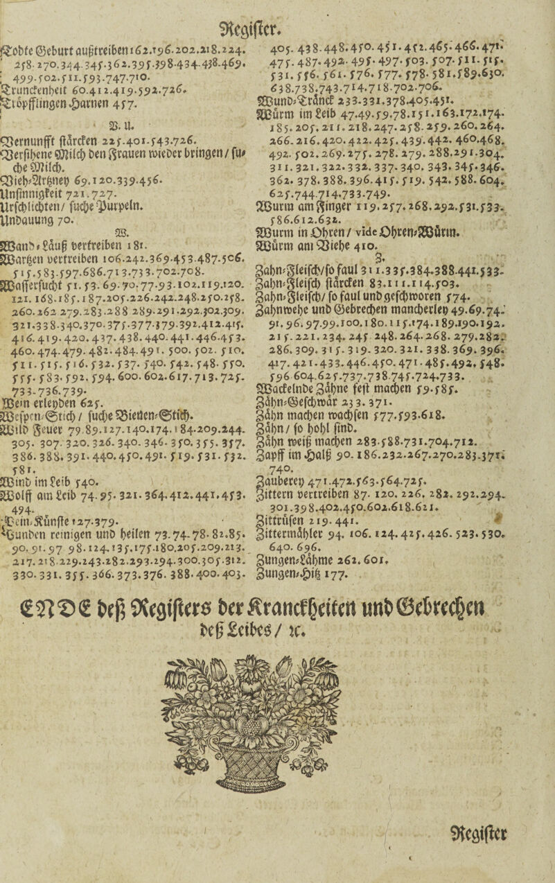 fKcaißcr. j^robfc Geburt außtteibcm^i.T5>^.2,oi.3Li8*ü4* 258: 270.344.345-362.39f-398-434-438*469. ; 499-f°MU-593-747-7I0- £runcfenbeit 60.412.419.592.726* Sttipfflinßcn Manien 457- ' ‘ - '23* U. QSernunp ftarcFcn 225.401^43.726. Qjerfibene äftilcb ben grauen roiebcr bringen/fu# cbe €D7t(d>. 69.120.339.456. Unftnnigfeit 721.727. Urfcblicbten/ fuc&e 3>urpeln. UnDauung 70. m. 3Banb*£äuß vertreiben 18t. HBarßen vertreiben 106.242.369.453-487-5°^* 5 »f. 5 83.597.686.713.733.702.708- gß3cifferfucbt 51.53.69:70.77.93.102*119*120. 121.168.185.187.205.226.242.248.250.2^8. 260.262 279.283.288 289.291.292,302.309. 321.338.34°*370-37f-377-*79-39*-4i2-4If* 416.419.420.437.438.440.441.446.4 5 3. 460.474.479.482.484*491.5°°- 502. 510* 511. yiy. p6. 532.537- 54°- 542.548- 55°- 5*ff. 583- 59*. 594- 600.602.617.713.725. 733-736.7 39- Bern erlepDen 625. SBcfpcn^ticb / fudje 52$ieflem(g>ttd). geuer 79 89.127.140*174.184.209.244. 305. 307- 320. 326.34°- 34<»* 35°- 3 55- 357* 386. 388. 391- 44°-450*42i- 519.5-31. 532. y8f. SOBinb tm£e{.b 540. HBolft am£cib 74.95* 32i. 364.412.441*453. 494- “£cim$unfteJ27.379- MSunbcn reinigen unD heilen 73.74-78-82*85* 90.91.97 98.124,j3y.17f.180.205.209.213. 217. 2*8 229.243.282.293-294.300.305.312* 330.331. 3yy. 366.373.376. 388-400*4°3- 405. 438-448.45°- 451-452-465* 466* 47l* 47y. 487«492- 49f- 497* f°3- 5°7- 5**• f‘b 53i. yf6. f6i. 576. 577* 578- 581.589*63°* 63 8.738.743.7I4.7I8-7°2-7°^ HBunD^ränd 233.331.3784°545»* HBürm im£eib 47.49-59.78.151.163.172.174* 185.205 * 2i i* 218*247.258-259.260*264* 266.216.420.422.425,439.442- 460.468* 492.502*269.275* 278.279.288.291.304, 311. 321,322.332. 337- 34°. 343. 345*346. 362. 378. 388* 396.415* 5J9. 542.588.604* 6 25.744714.733.749. HBurm am Singer 119*257.268.292.531.533. 586.612.63t. HBurm in Obren/ videObretvHBütm. HBürm am 03lebe 410* 3* 3abn^g(eifdVfofaui3ii.335.384*388.44i-533-- gabmgieifd) fiarden 83.111.114.503. Sabmgieifcb/ fo faul unb gefehlten 574. gabmoebe imb ©ebreeben mancherlei 49.69.74: 91,9 6* 97.99. r 00.180.115*174.189.190.192» 21 5-221. 234* 245 248.264.268. 279.282. 286. 309. 31 5. 319- 320.321. 338. 369. 396« 417. 421.433.446.450.471.485.492. 548. 596 604,625.737.738.745-724*733. HBadelnbe gähne feit machen 59-585. gäl)m@efcbroär 23 3.371- gähn machen traebfen 577.593*618. gdbn/ fo bohl ftnD. gäbn m\$ machen 283-588.731.704*712. gapjf im ^)alg 9°-186.232.267*270.283-371. 740. auberep 471.472.563.564.725, ittern vertreiben 87-120* 226,282.292.294. 301.398.402*450.602.618.621. gittrüfen 219.441* gittermäbler 94.106.124.425.426.523*530. 640.696* gungen*£äbme 262*601, gütigem#^ 177* <£?*£><£ t>$ Stifters berÄrancfbdtm utib ©drecken fceß £ctk$ / ic. 9fcAiftct