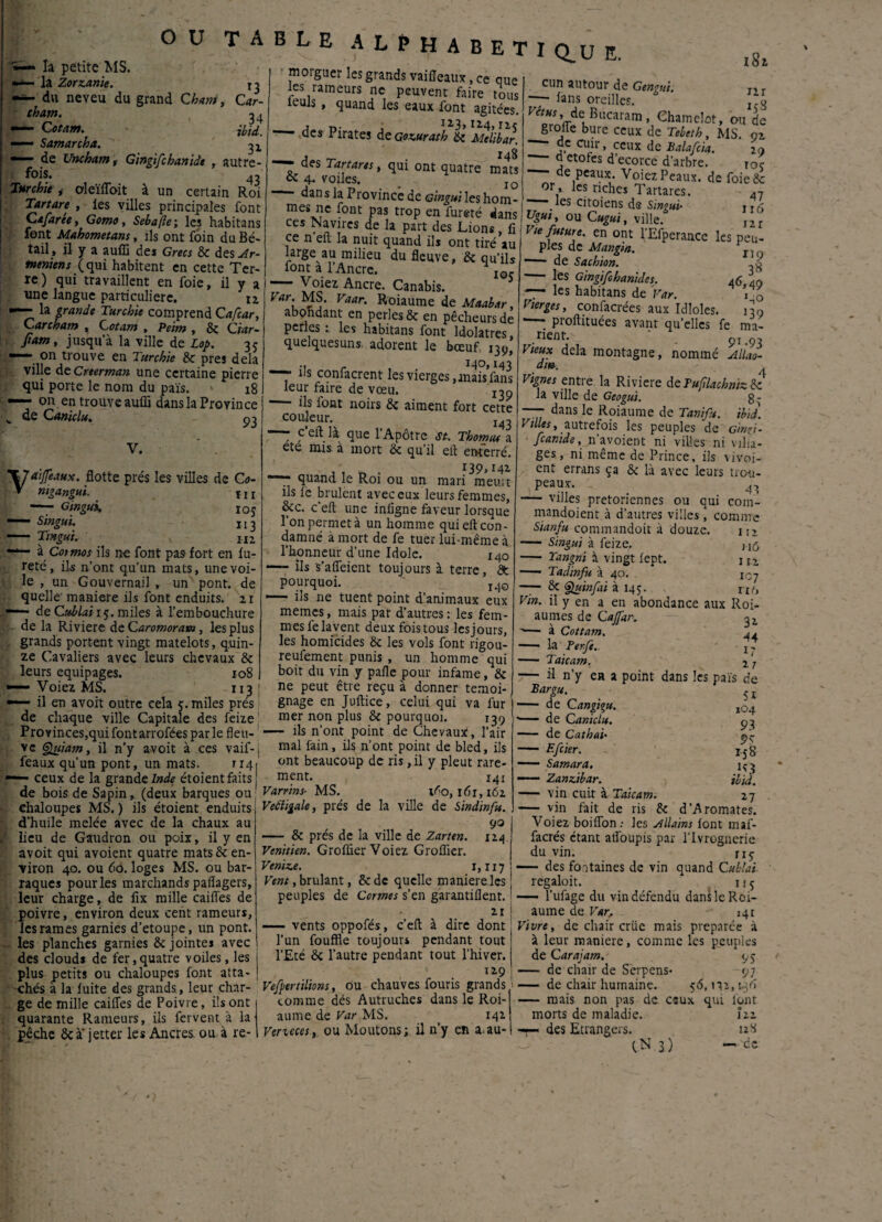 <& . 34 ibid. 31 la petite MS. la Zorzanïe. *=- du neveu du grand Charri, tham. •— Cotant. ——* Satnarcha. *— de Unchatn, Gingifchanidt , autre- fois. 43 Tarchit aleïffoit à un certain Roi Tartare , les villes principales font Cafarée, Gomo, Sebafle ; les habitans lent Mahometans, ils ont foin du Bé¬ tail, il y a auffi des Grecs 8c des^r- meniens (qui habitent en cette Ter¬ re) qui travaillent en foie, il y a une langue particulière. 12, grande Turchie comprend Cafcar, Carcham , Cotam , Peim , & Cwr- Jiam, jusqu’à la ville de Lop. 35 on trouve en Turchie 8c près delà ville de Creerman une certaine pierre qui porte le nom du païs. 18 —— on en trouve auffi dans la Province w de Caniclu. P3 OU TABLE A LT h A b E T I Q^u E. morguer les grands vaiffeaux, ce que les rameurs ne peuvent faire ieuls , quand les eaux font 18; tous agitées. a n- , a 2.3,1x4, r 2.5 —— des Pirates dtGozurath 8c Melibar. A -r- 148 —- des Tartans y qui ont quatre mats ce 4. voiles. I0  dans la Province de Gingui les hom- mes ne font pas trop en fureté dans ces Navires de la part des Lions, fi ce n eu la nuit quand ils ont tiré au large au milieu du fleuve, & qu’ils font à l’Ancre. H lQ. — L°iez Ancre- canabis. Tar. MS. Vaar. Roiaume de Maabar, abondant en perles & en pêcheurs de perles les habitans font Idolâtres quelquesuns. adorent le bœuf 139, cun autour de Gengui. V. Xîaifeaux. flotte prés les villes de C0- V mgangui. j 1 r —- Gingui, 10 j — Singu't. xi 3 - Tmgui. uz “b— à Cosmos ils ne font pas fort en fu¬ reté, ils n’ont qu’un mats, une voi¬ le , un Gouvernail , un pont, de quelle maniéré ils font enduits. 21 —— de Cublaiiç. miles à l’embouchure - de la Riviere deCaromoram, les plus grands portent vingt matelots, quin¬ ze Cavaliers avec leurs chevaux 8c leurs équipages. 108 - Voiez MS. 113 ; •—■ il en avoit outre cela 5. miles prés de chaque ville Capitale des feize Provinces,quifontarrofées parle fleu¬ ve Quiatn, il n’y avoit à ces vaif-j féaux qu’un pont, un mats. r 14< ■— ceux de la grande JW? étoientfaits de bois de Sapin,, (deux barques ou chaloupes MS. ) ils étoient enduits d’huile melée avec de la chaux au lieu de Gaudron ou poix, il y en avoit qui avoient quatre mats & en¬ viron 40. ou 60. loges MS. ou bar- raques pour les marchands paflagers, leur charge, de fix mille caiffes de poivre, environ deux cent rameurs, les rames garnies d’etoupe, un pont. - les planches garnies 8c jointes avec des clouds de fer,quatre voiles, les plus petits ou chaloupes font atta¬ chés à la fuite des grands, leur char¬ ge de mille caiffes de Poivre, ils ont quarante Rameurs, ils fervent à la pêche 8e a jetter les Ancres, ou à re- •t r ho, 143 —- ils confacrent les vierges, mais fans leur faire de vœu. I3n ils font noirs 8c aiment fort cette couleur. I43 , 9 erï. ta que 1 Apôtre st. Thomas a ete mis à mort &c qu’il eft enterré. 139,142 —- quand le Roi ou un mari meiut ils le brûlent avec eux leurs femmes, &c. c’eft une inligne faveur lorsque l’on permet à un homme qui eft con¬ damné à mort de fe tuer lui-même à l’honneur d’une Idole. I40 — ils s’affeient toujours à terre, & pourquoi. I40 — ils ne tuent point d’animaux eux memes, mais par d’autres: les fem¬ mes 1e lavent deux fois tous les jours, les homicides 8c les vols font rigou- reufement punis , un homme qui boit du vin y pafle pour infâme, 8c ne peut être reçu à donner témoi¬ gnage en Juftice, celui qui va fur mer non plus 8c pourquoi. 139 — ils n’ont point de Chevaux, l’air mal fain, ils n’ont point de bled, ils ont beaucoup de ris, il y pleut rare¬ ment. i4i Varrins■ MS. 160, 161,162 VeùTtgale, prés de la ville de Sindinfu. 90 - & prés de la ville de Zarten. 124 Vénitien. Groffier Voiez Groffier. Venize. i,ri) Vent, brûlant, 8e de quelle maniéré les peuples de Cormes s’en garantiflent. zi —— vents oppofés, c’eft à dire dont l’un fouffle toujours pendant tout l’Eté 8c l’autre pendant tout l’hiver. 129 Vefpertilions, du chauves fouris grands' tomme dés Autruches dans le Roi¬ aume de Var MS. 142 Veriecesy ou Moutons; il n’y en a au- -7- tans oreilles. 6 * [*3 VétHS\■ deBucaram, Chamelot, on de groffe bure ceux de Tebeth, MS. nZ — de cuir, ceux de Balafcia. 29 d etofes d’ecorce d’arbre. ioç de peaux. Voiez Peaux, de foie 8c or , les riches Tartares. 47 —_ les citoiens de Singui• , Ugui, ou Cugui, ville. I2r Vu future, en ont l’Efperancc les peu- pies de Mangin. Tto — de Sachion. X1g - les Gingifchanides. 46,40 — les habitans de Var. 1 0 Verges, confacrées aux Idloles. 130 *—; proftituées avant qu’elles fe ma¬ rient. _ 91,93 Vieux delà montagne, nommé Allao- di», vignes entre la Riviere de Pufilachniz û la ville de Geoguï. 8* —- dans le Roiaume de Tanifu. ibid) Villes, autrefois les peuples de Gingi- jcamde, n’avoient ni villes ni villa¬ ges, ni même de Prince, ils vivoi- ent errans ça & là avec leurs trou- , Peaux. : 43 — villes prétoriennes ou qui com- mandoient à d’autres villes , comme Sianfu commandoit à douze. 112 - Singui à feize. - Tangni à vingt fept. 1 iZ —— Tadinfu à 40. 107 — & <Huinfai à 145. no Vin. il y en a en abondance aux Roi- aumes de Cajfar. 3l — à Cottam. 4. - la Perfè.. jd - Taicam. 2 7 — il n’y ea a point dans les païs de Bargu. ? j - de Cangigu. ,o4 '— de Caniclu. p3 - de Cathai• 9^ - Efc’er. 158 - Samara. 1^3 - Zanzibar. ibid. — vin cuit à Taicam. 27 — vin fait de ris & d'Aromates. Voiez boiffon.- les vilains font maf- facrés étant affoupis par l’Ivrognerie du vin. n p — des fontaines de vin quand Cublai regaloit. 115 — l’ufage du vin défendu dans le Roi¬ aume de Var, j4r Vivre, de chair criic mais préparée à à leur maniéré, comme les peuples de Carajam,' 95 — de chair de Sérpens- 97 — de chair humaine. 56,132,138 — mais non pas de ceux qui font morts de maladie. des Etrangers. (N 3) 122 128 —■ de