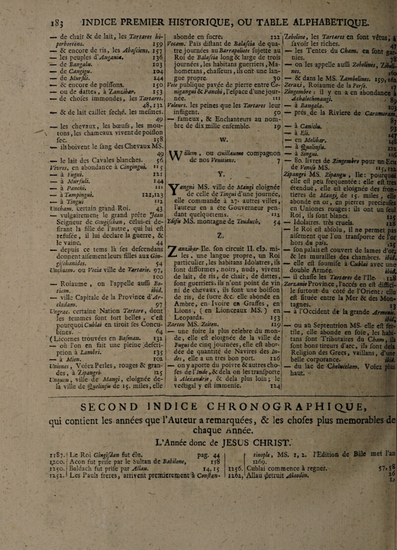 / i8j INDICE PREMIER HISTORIQUE, OU TABLE ALPHABETIQUE. — de chair 5c de lait, les Tartares hi- perbore'éns. 159 — 5c encore de ris, les Abafciens. 157 — les peuples d' Angania. 136 de Bangalu. 103 — de Cangigu. 104 de Murfili. 144 — 5c encore de poiffons. 150 —- ou de dattes , à Zanzibar. 153 — de chofes immondes, les Tartares. 48,131 — 5c de lait caillet feché. les mefmes. 49 .— les chevaux, les bœufs, les mou- \ tons, les chameaux vivent de poiflon fec. 158 — ils boivent le fang des Chevaux MS. 49 — le lait des Cavales blanches. 56 Vivres, en abondance à Cingingui. «i 5 — à fugui. iir — à Mur fuit. 144 — à Pancbi, - IIJ — à Tampingui. 111,113 — à Tin gui ”1 Uncham. 'certain grand Roi. 43 — vulgairement le grand prête Jean Seigneur de etngifehan, celui-ci de- firant la fille de l'autre, qui lui eft refufée , il lui déclaré la guerre, 8c le vainc. / 44 — depuis ce tems là fes defeendans donnent aiiement leurs filles aux Gin- gifchanïdes. 54 Unchuim. ou Vccia ville de Tartane. 97, 100 — Roiaume , on l’appelle aufli Bo- tiam. ibid. ville Capitale de la Province d'Ar- cladam. 97 Vr.grac. certaine Nation Tartare, dont les femmes font tort belles , c’eft pourquoi Cublai en tiroit les Concu¬ bines. „ 64 ( Licornes trouvées en Bafinan. 131 — où l’on en fait une pleine .defcri- ption à Lambri. 135 — à Mien. \ 102 Uniones, VoiezPerles, rouges 5c gran¬ des , à Zipangri- , 12.5 Unqucn, ville de Mangi, éloignée de¬ là ville de Queknfu de 15. miles,elle abonde en fucrei 122 Vocam. Pais diftant de Balafcia de qua¬ tre journées au Barrapeliote fujette au Roi de Balafcia long 8c large de trois journées, les habitans guerriers ,Ma- hometans, challeurs, ils ont une lan¬ gue propre- 30 Voie publique pavée de pierre entre Co- nïgangui 5c Pancbi, l’efpace d’une jour¬ née. * mi Voleurs, les peines que les Tartares leur infligent. 50 — fameux, 8c Enchanteurs au nom¬ bre de dix mille enfemble. 19 vv. w illern , ou Guillaume compagnon de nos Vénitiens. ' 7 Y. Yangnt MS. ville de Mangi éloignée de celle deTinguid’une journée,, elle commande à 17- autres villes, • l’auteur en a été Gouverneur pen- j dant quelquetems. • ui Tdifu MS. montagne de Teuduch. 54 Z. ZanzàbarWt. fon circuit II. ch. mi¬ les . une langue propre, un Roi particulier,les habitans Idolâtres, ils font difformes, noirs, nuds, vivent de lait, de ris, de chair, de dattes, font guerriers, ils n’ont point de vin ni de chevaux, ils font une boiffon de ris, de fucre 8cc. elle abonde en Ambre, en Ivoire en Graffes , en Lions , ( en Lionceaux MS. ) en Léopards. 153 Zarten MS. Zeiten. 129 — une foire la plus célébré du mon¬ de, elle eft éloignée de la ville de lugui de cinq journées, elle eft abor¬ dée de quantité de Navires des In¬ des, elle a un très bon port. 126 — onyaporte du poivre ôc autres cho¬ fes de 17»^,ôcdelà on lestranfporte à Alexandrie, 8c delà plus loin; le veébgal y eft immenle. 124! Zebeline, les Tartares en font vêtus, J favoir les riches. ^ — les Tentes du Cham. en font ear. nies. — on les appelle auffi Zobelines, Zibeli- nes. ,(50 — 8c dans le MS. Zambelines. 159, i6z Zerazi, Roiaume de hPerfe. ,7 zingembre : il y en a en abondance à Achalechmangi. ■ - , gp — à Bangala. IOj — préside la Riviere de Caromoram , „ .. ; 87 — a Camclu. ~ U Eli. i47 — en Melibar. 14g — à Quelinfu. - m — à Singui. ^ ii(i — 80. livres de Zingembre pour unEcu de Venife MS. iij, uj Zjpangri MS. Zipangu , Ile: pourquoi elle eft peu fréquentée : elle eft très étendue, elle eft éloignée des fron¬ tières de Mangi, de 15. miles, elle abonde en or, en pierres precieufes en Uniones rouges : ils ont un feul Roi, ils font blancs. uç — Idolâtres, très cruels. nÿ — le Roi eft abfolu, il ne permet pas aifement que l’on tranfporte de l’or hors da pa«s. l2i£ — fon palais eft couvert de lames d’or; 8c les murailles des chambres, ibid. — elle eft foumife à Cublai avec une double Armée. ibid. — il chaffe les Tartares de l’Ilc- 128 Zorzanie Province, l’accès en eft diffici¬ le furtout du coté de l’Orient: elle eft; fituée entre la Mer ôc des Mon¬ tagnes. 13 — à l’Occident dé la grande Arménie. ~ . . ... ibid, — ou an Septentrion MS. elle eft fer¬ tile , elle abonde en foie, les habi¬ tans font Tributaires du Cham, ils font bons tireurs d’arc, ils font delà Religion des Grecs, vaillans, d’une belle corporance. ibid. — du lac de Chelucelam. Voiez plus haut. SECOND INDICE CHRONOGRAPHI QU E, qui contient les années que l’Auteur a remarquées, & les chofes plus mémorables de chaque Année. L’Année donc de JESUS CHRIST.' 1187. ! Le Roi Gingifdan fut élu. j,zco. ! Acon fut pnlè par le bultan de Balilone, 1150. izjz. Baldach fut prilé par Allau. pag. 44 n8 14.15 Les Pauls frétés, arrivent premièrement à Cenftun 115 6. tinople, MS. 1, z. l’Edition de Bàlc met 1 an 1269 Cublai commence à regner. 1262. Allau détruit Abiedin. 57>58 20 U r