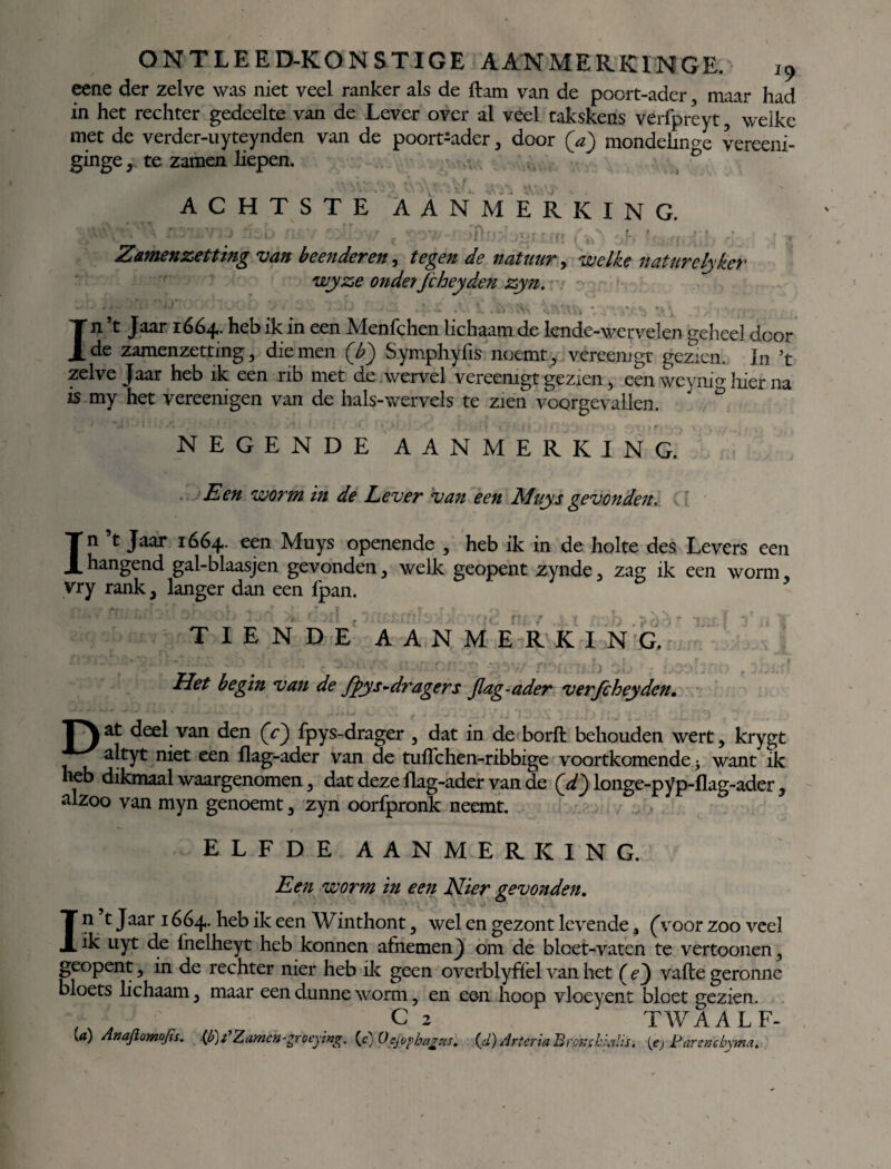 eene der zelve was niet veel ranker als de ftam van de poort-ader , maar had in het rechter gedeelte van de Lever over al veel takskens verfpreyt, welke met de verder-uyteynden van de poort-ader , door (a) mondelinge vereeni- ginge, te zamen liepen. ACHTSTE AANMERKING. Zamenzetting van beenderen, tegen de natuur, welke naturelyker wyze onder fcheyden zyn. In’t Jaar 1664. heb ik in een Menfchen lichaam de lende-wervelen geheel door de zamenzetting, die men (b) Symphyfis noemt, vereemgt gezien. In ’t zelve Jaar heb ik een rib met de wervel vereemgt gezien, een weymo- hier na is my het vereenigen van de hals-wervels te zien voorgevallen. ' ‘ • J * • / -Tl - r 1 l ,J. * i • • f > J • , * 4 , 1 I | I ’ t 1 I ' I *’ 1 | T « | r NEGENDE AANMERKING. Een worm in de Lever van een Miiys gevonden. In ’t Jaar 1664. een Muys openende , heb ik in de holte des Levers een hangend gal-blaasjen gevonden, welk geopent zynde, zag ik een worm, vry rank, langer dan een fpan. TIENDE AANMERKING. j Het begin van de fpys-dragers Jlag-ader ver fcheyden, F) at deel van den (f) fpys-drager , dat in de borft behouden wert, krygt altyt niet een Ilag-ader van de tuflehen-ribbige voortkomende want ik heb dikmaal waargenomen , dat deze flag-ader van de (V) longe-pyp-flag-ader, alzoo van myn genoemt, zyn oorfpronk neemt. ELFDE AANMERKING. Een worm in een Nier gevonden. In t Jaar 1664. heb ik een Winthont, wel en gezont levende, (Voor zoo veel ik uyt de inelheyt heb konnen afnemen J om de bleet-vaten te vertoonen, geopent, in de rechter nier heb ik geen overblyffel van het ( e) vafte geronne bloets lichaam, maar een dunne worm, en een hoop vloeyent bloet gezien. , . C 2 TWAALF- U) Anajlumojïs. {J^t'Zamen-groeying. (c) Oefoybagus. {d)ArteriaBrofuldalis. {e) Parencbyma.