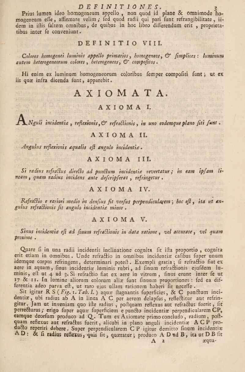 Prius lumen ideo homogeneum appello , non quod id plane & omnimode ha- mogeneum effe, affirmare velim ; fed quod radii qui pari funt refrangibilitate , ii» dem in iffis faltem omnibus, de quibus in hoc libro differendum erit , proprieta¬ tibus inter fe conveniunt • DEFINITIO VI I L Colores homogenei luminis appello primarios, homo gemo s, & fimpllces : luminum autem heterogeneorum colores , heterogeneos, 6^ compofitos • Hi enim ex luminum homogeneorum coloribus Temper compofm funt; ut ex iis quas infra dicenda font, apparebit» AXIOMATA. AXIOMA I. A^Nguli Incidenti# , reflexionis,& refraBionis, #» eodemqueplano fiti funt * AXIOMA II. Angulus reflexionis aqualis efl angulo incidentia. AXIOMA II r. S/ radius refraBus direBo ad punBum Incidentia revertatur; in eam ipfam lim neam, ^«##1 radius incidens ante defcripferat, refringetur • AXIOMA IV. RefraBio e rariori medio in denflus fit verfus perpendicularem; te efl , ita ut an* gulus refraBionis fit angulo incidenti# minor * AXIOMA V. SVW? incidentia efl ad fmum refraBionis in data ratione « W accurate« te ###$2 Quare fi in una radii incidentis inclinatione cognita fit ifia proportio , cognita erit etiam in omnibus • Unde refra£lio in omnibus incidentia? cafibus fuper unum Idemque corpus refringens, determinari poteft< Exempli gratia; fi refra£Iio fiat ex aere in aquam, finus incidentiae luminis rubri, ad finum refra£fionis ejufdem lu¬ minis , eft ut 4 ad 3. Si refra£tio fiat ex aere in vitrum, finus erunt inter fe u£ 17 & 11. In lumine aliorum colorum aliae funt finuum proportiones: fed ea dif¬ ferentia adeo parva efl, ut raro ejus ullam rationem haberi lit neceffe . Sit igitur R S ( Fig. 1. Tab. 1.) aquae flagnantis fuperficies, & C punftum inci- dentiae, ubi radius ab A in linea A C per aerem delapfus, refle£litur aut refrin¬ gitur. Jam ut inveniam quo ifte radius , pofiquam reflexus aut refra&us fuerit, fit perre£lurus; erigo fuper aqua: fuperficiem e pun£fo incidentiae perpendicularem CP# eamque deorfum produco ad Q. Tum ex Axiomate primo concludo, radium, poft* quam reflexus aut refra£Ius fuerit, alicubi in plano anguli incidentiae AGP pro du&o reperiri debere» Super perpendicularem CP igitur demitto finum incidentia? AD; & fi radius reflexus ? quis fit, quaeratur °, produco A D &d R, ita ut D B fit A 2 aequa-