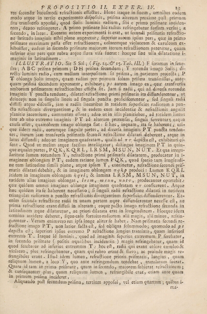 rus fecunda hujufmodi refra&ionis effe£fus. Hunc itaque in finem , omnibus eodem modo atque in tertio experimento difpofitis, prifma alterum proxime poft primum fitu tranfverfo appofui, quod Solis luminis radium, fibi e primo prifmate inciden¬ tem, denuo refringeret. A primo prifmate hic radius refringebatur furfum verfus; a fecundo , in latus. Eventus autem experimenti is erat, ut fecundi prifmatis refsa£Iio~ ne latitudo imaginis nihil plane augeretur; fuperior autem ipfius pars, quas in primo prifmate maximam palla diet refractionem, coloremque violaceum & caeruleum ex- hibuiffet, eadem in fecundo prifmate majorem iterum refradtionem pateretur, quam inferior ejus pars quas rubra atque flava vifa fuerat: hoc.que fine ulla dilatatione i- maginis in latitudinem . ILLUSTRATIO. Sit S Sol; ( Ftg. 14. & 15. Tab. III.) F foramen in fene- lira; ABC prifma primum ; DH prifma fecundum; Y rotunda imago Solis; di- re£to luminis radio, cum nullum interpofitum fit prifma, in parietem projecta; P T oblonga Solis imago, quam radius per primum folum prifma tranfmiffus, ante¬ quam prifma fecundum apponatur, exhibeat; pt autem imago ea, quas tranfverlk amborum prifmatum refractionibus effidta fit. Jam fi radii, qui ad diverfa rotundae imaginis Y pun£ta tendunt, dilatati refradtione primi prifmatis ita diffunderentur, ut deinceps non in fingulis lineis ad fingula pun£Ia proficifcerentur , fed finguli radii, diffidi atque difcuifi, jam e radiis linearibus in totidem fuperficies radiorum a pun¬ ito refractionis divergentium 9 & in eadem cum incidendas & refractionis angulis planitie jacentium, commutati edent; adeo ut in ifiis planitiebus, ad totidem lineas fere ab uno extremo imaginis PT ad alterum protenfas, finguli ferrentur', eaque caufa efiet, quamobrem imago oblonga fiat: fhasc, inquam, ita fe haberent; uti¬ que iidem radii, eorumque fngulas partes, ad diverfa imaginis P T pun£ta tenden¬ tes, iterum jam tranfverfa prifmatis fecundi refraCtione dilatari deberent, atque in latus diffundi; adeo ut imaginem quadratam , qualis ad tt r depiCfa eff, exhibituri ef- fent . Quod ut melius atque facilius intelligatur; difiingue imaginem PT in quin¬ que aquales partes, P Q_K , K Q_ R L, LRSM, MS.U N, NUT. Et qua irregu¬ laritate lumen rotundum Y, refraCfione primi prifmatis dilatatum, producatur in i- maginem oblongam P T, eadem ratione lumen P Q_K , quod fpatio tum longitudi¬ ne tum latitudine fimili plane, atque ipfum Y, continetur, refradfione fecundi prif¬ matis dilatari debebit, & in imaginem oblongam vrqkp produci: Lumen K Q_R L itidem in imaginem oblongam kqrl; & lumina LRSM, MSUN, NUT, ia totidem alias imagines oblongas, Irsm, msun, ?iutr^ producantur oportebitc quas quidem omnes imagines oblongas imaginem quadratam ttt conficerent. Atque hasc quidem ita fe haberent neceffario ; fi finguli radii refra£Iione dilatati in totidem triangulas radiorum a punefo refraCfionis divergentium fuperficies diffunderentur. Et¬ enim fecunda refrailione radii in unam partem asque diffunderentur neceffe eff, ac prima refra£Iione erant diffufi in alteram; eoque pa£fo imago refra£fione fecunda ia latitudinem ceque dilataretur, ac priori dilatata erat in longitudinem . Hocque idem omnino accidere deberet, fiquo cafu fortuito radiorum alii magis, alii minus, refrin¬ gerentur. Verum enimvero res ipfa longe aliter fe habet. Nam prifmatis fecundi re- fra£lione imago PT, non latior fa£fa eff, fed obliqua folummodo; quomodo ad pt depidfa eff;, fuperior i ipfius extremo P refra£Hone longius translato, quam inferiori extremo T. Itaque id laminis, quod ad imaginrs fuperius extremum P ferebatur, in fecundo prifmate ( pofitis aequalibus incidendis ) magis refringebatur, quam id quod ferebatur ad inferius extremum T .* hoc eff, radii quierant colore casruleo& violaceo, plus refringebantur, quam qui rubro erant & flavo; ac proinde magis re- trangibiles erant. Iffud idem lumen, refra£fione prioris prifmatis, longius , quam reliquum lumen, a loco Y, quo ante refringendum tendebat , translatum fuerat. Quare id tarn in primo prifmate, quam infecundo, majorem fubierat refra£fionem ; & confequenter plus, quam reliquum lumen., refrangibile erat, etiam ante quam in primum prifma incideret. Aliquando poft fecundum prifma, tertium appofui. vel etiam quartum ; quibus i- raa-