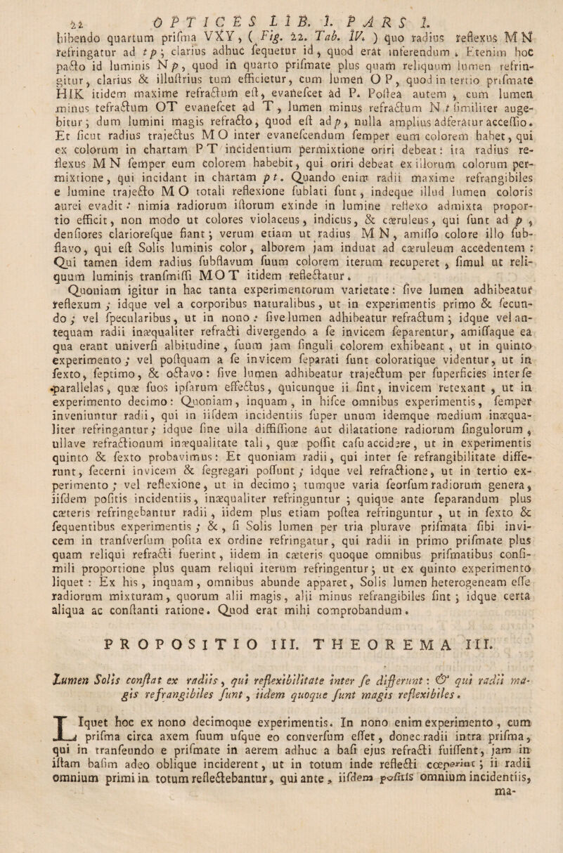 hibendo quartum prifma VXY, ( Fig, 22. Tab. IP ) quo radius reflexus M M refringatur ad tp ; clarius adhuc fequetur id, qUod erat interendum 4 Etenim hoC paffo id luminis Np, quod in quarto prifmate plus quam reliquum lumen refrin¬ gitur, clarius & illuftrius turn efficietur, cum lumen OP, quod in terno prifmate HIK itidem maxime refra&urti efl, evaftefcet ad P* PoAea autem , cum lumen minus tefraftum OT evatlefcet ad T, lumen minus refradlum N t fimilner auge¬ bitur; dum lumini magis refra£lo, quod efl: ad/?, nulla amplius adferatur acceffio* Et ficu t radius trajefflus MO inter evanefcendum Temper eum colorem habet, qui ex colorum in chartam PT incidentium permixtione oriri debeat: ita radius re- flexus MN Temper eum colorem habebit, qui oriri debeat exiliorum colorum per¬ mixtione, qui incidant in chartam pt. Quando enim radii maxime refrangibiles e lumine trajefio M O totali reflexione fublati Tunt, in deque illud lumen coloris aurei evadit •* nimia radiorum illorum exinde in lumine rehexo admixta propor¬ tio efficit, non modo ut colores violaceus , indictas 3 & cceruleus, qui Tunt ad p , denfiores clariorefque fiant; verum etiarn ut radius M N , amiffio colore illo fub- flavo, qui efl Solis luminis color, alborem jam induat ad cseruleum accedentem : Qui tamen idem radius TubBavum Tuum colorem iterum recuperet , Timui ut reli¬ quum luminis tranTmiffii MOT itidem reflefiatur * Quoniam igitur in hac tanta experimentorum varietate t five lumen adhibeatur reflexum; idque vel a corporibus naturalibus, ut in experimentis primo & fecun¬ do ; vei Tpecularibus, ut in nono* five lumen adhibeatur refra&um ; idque vel an¬ tequam radii inaequaliter refrafli divergendo a Te invicem Teparentur, amiffaque ea qua erant univerfi albitudine , Tuum jam finguli colorem exhibeant , ut in quinto experimento; vel poflquam a Te invicem Teparati Tunt coloratique videntur, ut ia Texto, Teptimo, & ofhvo : five lumen adhibeatur traie&um per fuperficies interfe •parallelas, quae Tuos ipTarum effebtus, quicunque ii fint, invicem retexant , ut ia experimento decimo: Quoniam, inquam, in hifce omnibus experimentis, Temper inveniuntur radii, qui m iifdem incidentiis Taper unum idemque medium inaequa¬ liter refringantur; idque fine ulla diffiffione aut dilatatione radiorum Angulorum, ullave refraClionum inaequalitate tali, quae poffit cafu accidere, ut in experimentis quinto & Texto probavimus: Et quoniam radii, qui inter Te refrangibilitate diffe¬ runt, fecerni invicem & fegregari poffunt ; idque vel refractione, ut in tertio ex¬ perimento; vel reflexione, ut in decimo; tumque varia Teorfumradiorum genera, iifdem pofitis incidentiis, inaequaliter refringuntur ; quique ante Teparandum plus caeteris refringebantur radii , iidem plus etiam poflea refringuntur , ut in Texto & fequentibus experimentis ; 8c , fi Solis lumen per tria plurave prifmata fibi invi¬ cem in tranfverfum pofita ex ordine refringatur, qui radii in primo prifmate plus quam reliqui refrafii fuerint, iidem in exteris quoque omnibus prifmatibus confi- mi 1 i proportione plus quam reliqui iterum refringentur^ ut ex quinto experimento liquet: Ex his, inquam, omnibus abunde apparet, Solis lumen heterogeneam effie radiorum mixturam, quorum alii magis, alji minus refrangibiles fint; idque certa aliqua ac conflanti ratione* Quod erat mihi comprobandum. PROPOSITIO III. THEOREMA III. lumen Solis confiat ex vadus, qui ve flexibilitate inter fe differunt: & qui radii ma¬ gis refrangibiles funt, iidem quoque funt magis r e flexibile s» Liquet hoc ex nono decimoque experimentis. In nono enim experimento , cum prifma circa axem Tuum ufque eo converfum eflet, donec radii intra prifma, qui in tranfeundo e prifmate in aerem adhuc a bafi ejus refraffli fuiffient, jam in iflam bafim adeo oblique inciderent, ut in totum inde refle£fi ceep^rmt; ii radii omnium primi in totum refle£lebantur, qui ante, iifdem po/lils omnium incidentiis, ma*