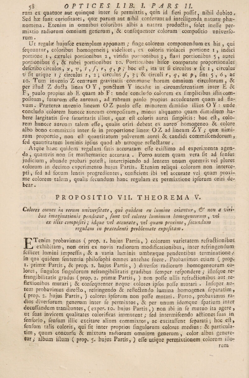 rum ex quatuor aut quinque inter fe permixtis , quin id fieri poftit, nihil dubito* Sed hae hunt curiofitates, quae parum aut nihil conterunt ad intelligenda natura? phe¬ nomena* Etenim in omnibus coloribus albis a natura produ£lis, folet inefle per¬ mixtio radiorum omnium generum , & confequenter eoiorum compofitio univerfo- rum. Ut regulae hu juice exemplum apponam ; finge colorem componendum ex his , qui fequuntur, coloribus homogeneis; videlicet, ex coloris violacei portione i, indici portione i r-caerulei portionibus 25 viridis pot ionibus 3* flavi portionibus 5, aurei portionibus 6 , & rubri portionibus 10. Portionibus hifce comparate proportionales defcribo circulos, v, t , /, y, q , p ; hoc eft, ita ut fi circulus # fit 1 , circulus v fit utique 1 ; circulus 1, 2 ; circulus /, 3 ; & circuli r, q, ac p, fint 5 , 6 , ac 10. Tum invenio Z centrum gravitatis commune horum omnium circulorum , & per iftud Z du£fa linea O Y , pun&um Y incidit in circumferentiam inter E & F, paulo propius ab E quam ab F: unde concludo colorem ex fimplicibus iftis.com- pofitum, futurum effe aureum, ad rubrum paulo propius accedentem quam ad fla¬ vum. Prteterea invenio lineam QZ paulo effe minorem dimidio illius O Y : unde concludo colorem huncce aureum compofitum, minus aliquanto quam dimidium ha¬ bere largitatis five faturitatis illius, quae eft coloris aurei fimplicis: hoc eft, colo¬ rem huncce aureum talem effe, qualis oriri debeat ex auretfi homogeneo & colore albo bono commixtis inter fe in proportione linea? O Z ad lineatu Z Y ; qua? nimi¬ rum proportio, non eft quantitatum pulverum aurei & candidi commifcendorum , fed quantitatum luminis ipfius quod ab utroque refle£latur . Atque hanc quidem regulam fatis accuratam effe exiftimo ad experimenta agen¬ da , quamvis non fit mathematice accurata . Porro autem quam vera fit ad fenfus judicium, abunde probari poteft, intercipiendo ad lentem unum quemvis vel plures colorum in decimo experimento hujus Partis. Etenim reliqui colorum non interce¬ pti, fed ad focum lentis progredientes, conficient ibi vel accurate vel quam proxi¬ me colorem talem, qualis fecundum hanc regulam ex permixtione ipforum oriri de¬ bear * PROPOSITIO VII. THEOREMA V. Colores omnes in rerum univerfitate, qui quidem ex lumine oriantur, & non a viri¬ bus imaginationis pendeant , funt vel colores luminum homogeneorum , vel ex iliis compofiti; idque vel accurate, vel quam proxime, fecundum regulam in procedenti problemate expofitam • ETenim probavimus ( prop, 1. hujus Partis, ) colorum varietatem refra&ionibus exhibitam, non oriri ex novis radiorum modificationibus, inter refringendum fcilicet lumini imprefifis, Sc a varia luminis umbra?que pendentibus terminatione .° in qua quidem feritentia philofophi omnes antehac fuere. Probavimus etiam ( prop. 1. primas Partis, & prop. 2. hujus Partis, ) diverfos radiorum homogeneorum co¬ lores, fingulos fingulorum refrangibilitatis gradibus fernper refpondere y iftofque re- frangibilitatis gradus (prop. 2. primas Partis, ) non polle ullis refra£fionibus aut re¬ flexionibus minari; & confequenter neque colores ipfos poffe mutari . Infuper au¬ tem probavimus d i reflo, refringendo & refieflendo lumina homogenea feparatim , ( prop. 2. hujus Partis, ) colores ipforum non poffe minari. Porro, probavimus ra¬ dios diverlbrum generum inter fe permixtos, & per unum idemque fpatium inter decuffandum tranieuntes, (exper. 10. hujus Partis,) non ibi in fe mutuo ita agere, ut fuas invicem qualitates colorificas immutent; fed intermifeendo a£fiones fuas in feniorio, fenfum illic excitare alium commixtos, ac excitafient feparati ; hoc eft, fenfum talis coloris, qui fit inter proprios fingulorum colores medius: & particula- tim , quum concurfu & mixtura radiorum omnium generum , color albus genere¬ tur; album illum ( prop. 5. hujus Partis, ) effe utique permixtionem colorum illo¬ rum