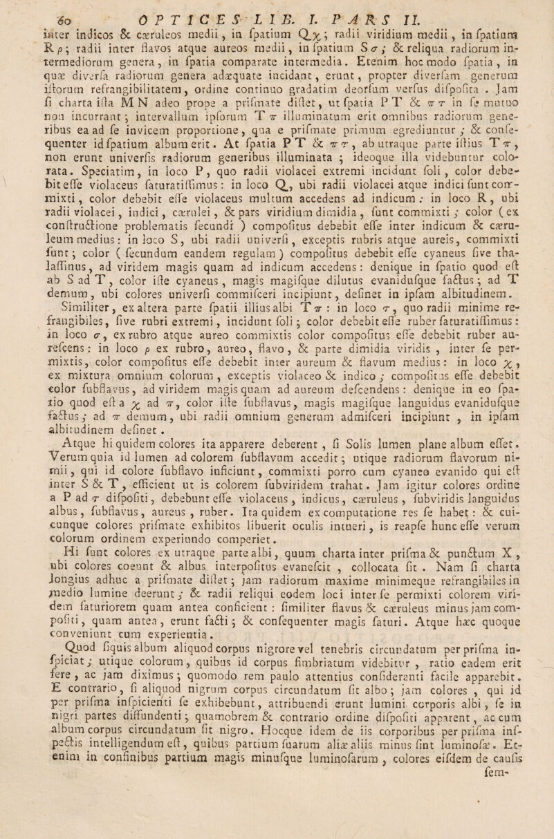 So OPTICES L 1 L\ L PARS 11 inter indicos 8c caeruleos medii, in fpatium R p\ radii inter flavos atque aureos medii, termediorum genera, in fpatia comparate intermedia. Etenim hoc modo fpatia , in qua? diverfa radiorum genera adaequate incidant, erunt, propter diverfam generum illorum refrangibilitatem, ordine continuo gradatim deorfum verfus difpofita . Jam ii charta illa MN adeo prope a prifmate diflet, ut fpatia PT & t t in fe mutuo non incurrant; intervallum ipforum T ir illuminatum erit omnibus radiorum gene¬ ribus ea ad fe invicem proportione, qua e prifmate primum egrediuntur; & confe- quenter id fpatium album erit. At fpatia PT & |§r, ab utraque parte illius T nr, non erunt univerfis radiorum generibus illuminata ; ideoque illa videbuntur colo¬ rata. Speciatim, in loco P, quo radii violacei extremi incidant foli , color debe¬ bit e (Te violaceus faturatiffimus: in loco Q., ubi radii violacei atque indici funt com¬ mixti , color debebit eflfe violaceus multum accedens ad indicum.- in loco R, ubi radii violacei, indici, caerulei, & pars viridium dimidia , funt commixti ; color (ex conftru&ione problematis fecundi ) compofitus debebit eflfe inter indicum & cteru- leum medius: in loco S, ubi radii univerfi, exceptis rubris atque aureis, commixti funt; color ( fecundum eandem regulam) compofitus debebit efife cyaneus five tha- laffinus, ad viridem magis quam ad indicum accedens: denique in fpatio quod eft ab S ad T, color ifie cyaneus , magis magifque dilutus evanidufque fadlus; ad T demum, ubi colores univerfi commifceri incipiunt, definet in ipfam albitudinem. Similiter, ex altera parte fpatii illius albi T ir : in loco r, quo radii minime re- frangibiles, five rubri extremi, incidunt foli; color debebit efie ruber faturatifiimus: an loco c, ex rubro atque aureo commixtis color compofitus efife debebit ruber au- refcens: in loco p ex rubro, aureo, flavo, & parte dimidia viridis , inter fe per¬ mixtis, color compofitus efife debebit inter aureum & flavum medius: in loco x ? ex mixtura omnium colorum, exceptis violaceo & indico; compofitus eflfe debebit color fubflavus, ad viridem magis quam ad aureum defcendens: denique in eo fpa¬ tio quod efl a x ^ j color ifie fubflavus, magis magifque languidus evanidufque fadlus; ad k demum, ubi radii omnium generum admifceri incipiunt , in ipfam albitudinem definet . Atque hi quidem colores ita apparere deberent, fi Solis lumen plane album edet. Verum quia id lumen ad colorem fubflavum accedit; utique radiorum flavorum ni¬ mii, qui id colore fubflavo inficiunt, commixti porro cum cyanea evanido qui efl inter S&T, efficient ut is colorem fubviridem trahat. Jam igitur colores ordine a P ad t difpofiti, debebunt efife. violaceus, indicus, cseruleus, fubviridis languidus albus, fubflavus, aureus, ruber. Ita quidem ex computatione res fe habet: & cui- cunque colores prifmate exhibitos libuerit oculis intueri, is reapfe hunc eflfe verum colorum ordinem experiundo comperiet. Hi funt colores ex utraque parte albi, quum charta inter prifma & pun£tum X, ubi colores coeunt & albus interpofitus evanefcit , collocata fit . Nam fi charta longius adhuc a prifmate diflet; jam radiorum maxime minimeque refrangibiles in medio lumine deerunt; & radii reliqui eodem loci inter fe permixti colorem viri¬ dem faturiorem quam antea conficient: fimiliter flavus & caeruleus minus jam com- pofiti, quam antea, erunt fa£ti; & confequenter magis faturi. Atque hatc quoque conveniunt cum experientia. Quod fiquisalbum aliquod corpus nigrorevel tenebris circundatum perprifma in- fpiciat; utique colorum, quibus id corpus fimbriatum videbitur , ratio eadem erit fere, ac jam diximus; quomodo rem paulo attentius confideranti facile apparebit. E contrario, fi aliquod nigrum corpus circundatum fit albo; jam colores , qui id per prifma infpicienti fe exhibebunt, attribuendi erunt lumini, corporis albi, fe in nigri partes diffundenti; quamobrem & contrario ordine difpofiti apparent, ac cum album corpus circundatum fit nigro. Hocque idem de iis corporibus perprifma inf- pe&is intelligendum efl, quibus partium fuarum alia: aliis minus fint luminofa:. Et¬ enim in confinibus partium magis minufque luminofarum , colores eifdem de caufis fem- Q,X i ra(^ii viridium medii 3 in fpatium in fpatium S ; & reliqua radiorum in-