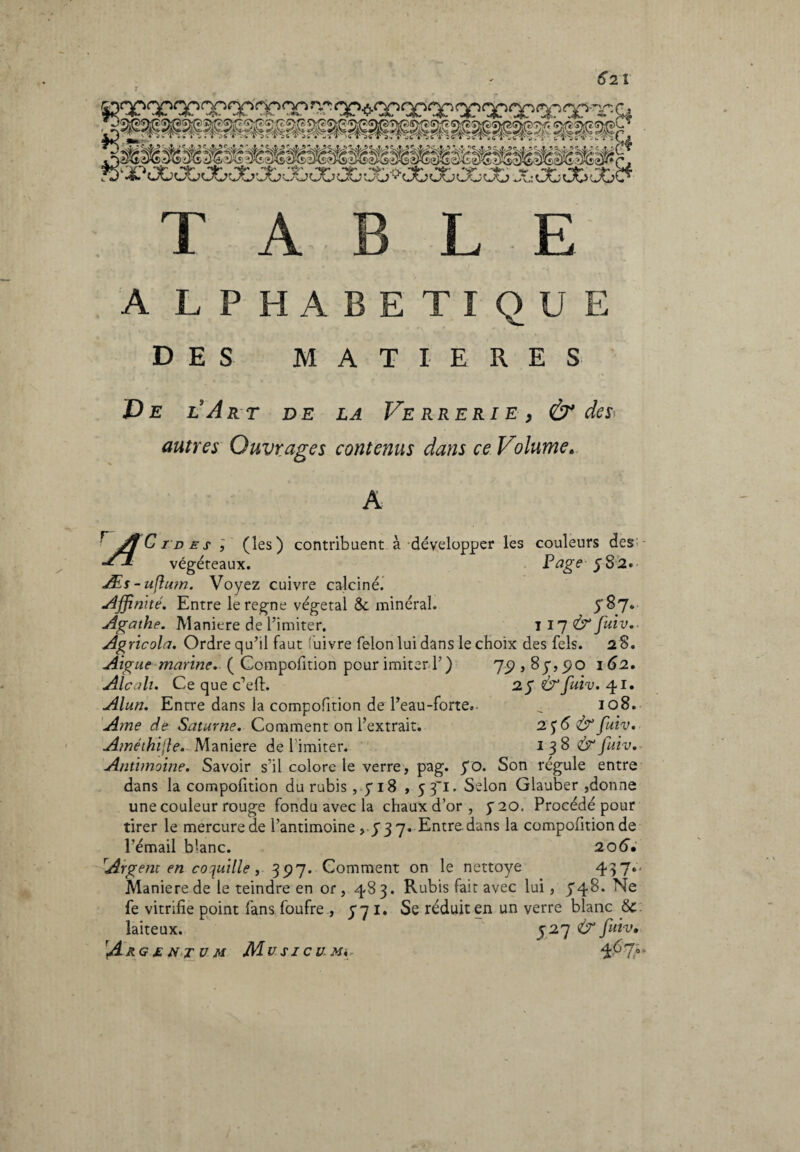 TABLE A LPHABETIQUE DES MATIERES De lA RT DE LA Ve RRERIE , Ù* des autres Ouvrages contenus dans ce Volume. r j/f C t d es j (les) contribuent à développer les couleurs des végéreaux. Page 382. Æs-ufium. Voyez cuivre calciné. Affinité. Entre le régné végétal &. minéral. 387. Agathe. Maniere de l’imiter. 1 17 fuiv. Agricola. Ordre qu’il faut 'uivre félon lui dans le choix des fels. 28. Aigue marine. ( Compofition pour imiter 1’) 79 * 87,90 1 62. Alcali. Ce que c’eft. 27 £J7“ fuiv. 41. Alun. Entre dans la compofition de l’eau-forte. _ 108. Ame de Saturne. Comment on l’extrait. 2 56 & fuiv. Améthijle. Maniere de 1 imiter. 1 3 8 <& fuiv. Antimoine. Savoir s’il colore le verre, pag. 70. Son régule entre dans la compofition du rubis , 718 , 5 3'T. Selon Glauber ,donne une couleur rouge fondu avec la chaux d’or , 720. Procédé pour tirer le mercure de l’antimoine ,737. Entre dans la compofition de l’émail blanc. 206’. Argent en coquille, 397. Comment on le nettoyé 437*j Maniere de le teindre en or , 483. Rubis fait avec lui, 348. fe vitrifie point fans foufre , 771. Se réduit en un verre blanc &: laiteux. 727 & fuiv. A RG £ N T U M Mu SI C U Mi ¥>Tr