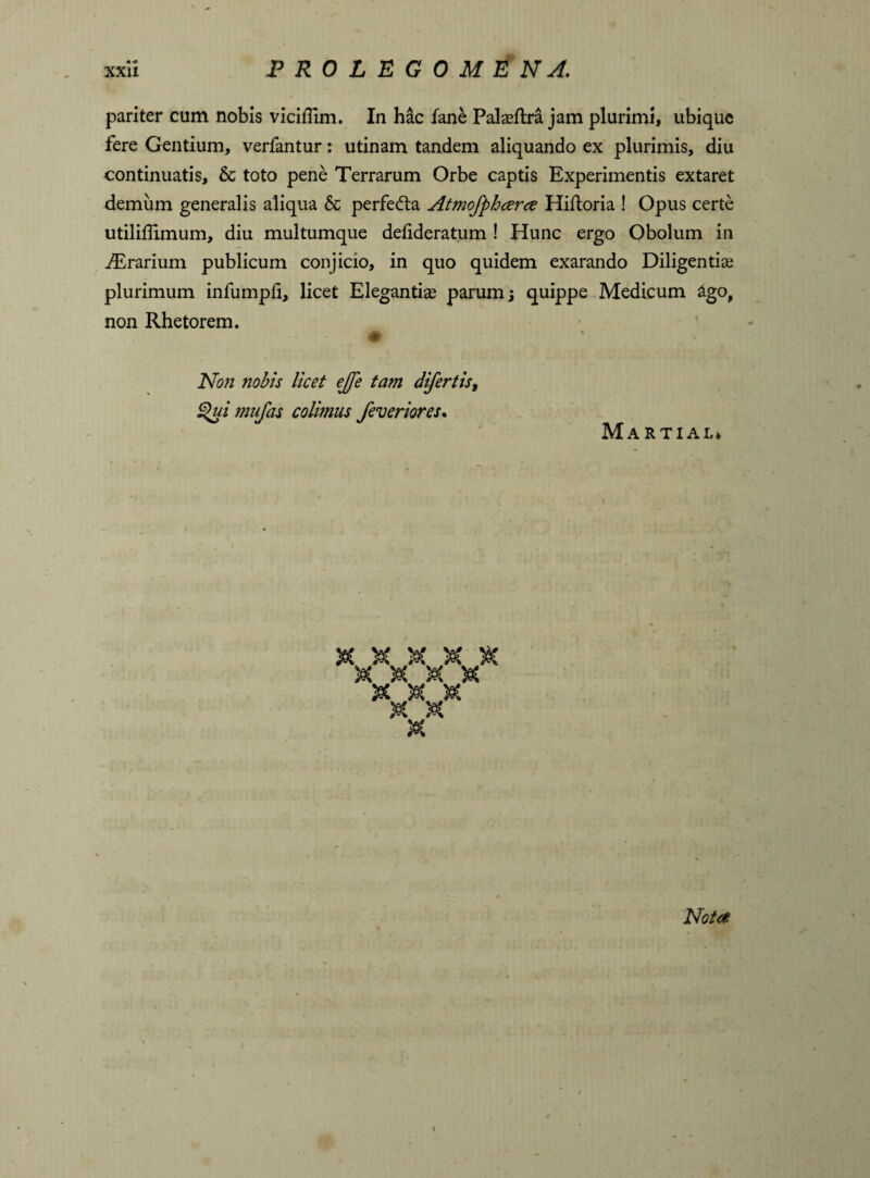 pariter cum nobis viciflim. In hac fane Palaeftra jam plurimi, ubique fere Gentium, verfantur: utinam tandem aliquando ex plurimis, diu continuatis, & toto pene Terrarum Orbe captis Experimentis extaret demum generalis aliqua & perfedta Atmofphcera Hiftoria ! Opus certe utiliffimum, diu multumque defideratum ! Hunc ergo Obolum in iErarium publicum conjicio, in quo quidem exarando Diligentia? plurimum infumpfi, licet Elegantiae parum; quippe Medicum ago, non Rhetorem. # Non nobis licet ejfe tam difertis, £>ui fnufas colimus feveriores• Martial* u/ v V V ^ qjp qrp era dnp o m m Vft;/ drp dnb dnb trS M w w w dnb cG> aj> OLP & Nota