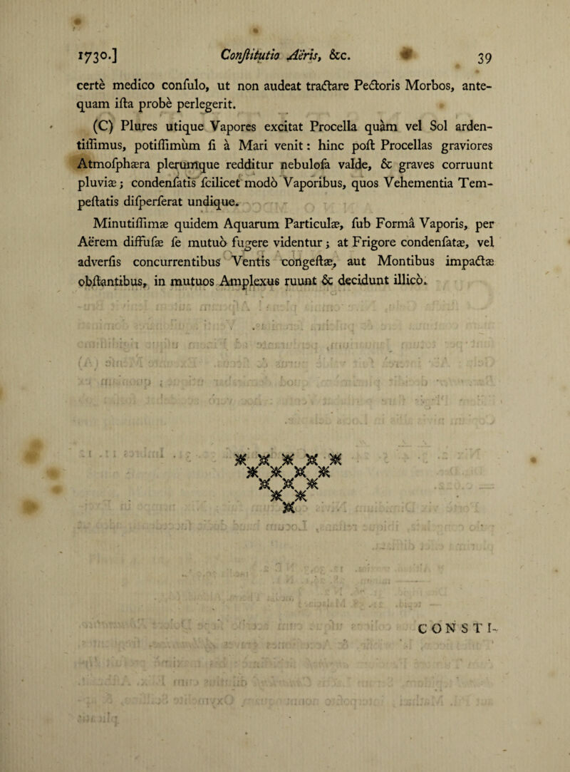 certe medico confulo, ut non audeat tradlare Pedloris Morbos, ante¬ quam illa probe perlegerit. (C) Plures utique Vapores excitat Procella quam vel Sol arden- tiiPimus, potiflimum ii a Mari venit: hinc poll Procellas graviores Atmofphaera plerumque redditur nebulofa valde, & graves corruunt pluviae; condenfatis fcilicet modo Vaporibus, quos Vehementia Tem- peltatis difperferat undique. Minutifiimae quidem Aquarum Particulae, fub Forma Vaporis, per Aerem diffufae fe mutuo fugere videntur; at Frigore condenfatae, vel O * rr ' adverlis concurrentibus Ventis cortgeftae, aut Montibus impadtae oblkntihus, in mutuos Amplexu6 ruunt & decidunt illico. 1 3K & ¥ »■* X ^ M X M 30C * V i CONST I , l-J l