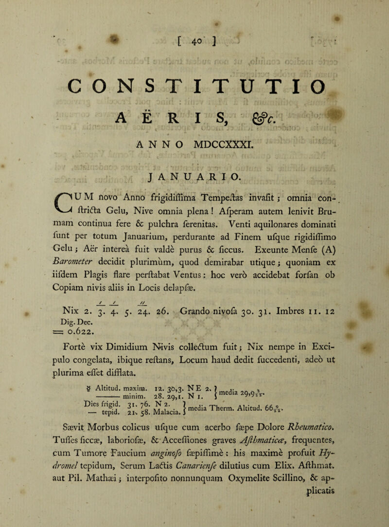 % Ni # [ 40] 5 ' : • ’ ’ •’ -•■'*»» * •* 4 ^ • v- V* > JL. < / v i 4 A/l ; » l/ v * ' J 11^ . .« ' / ■. . . v/. • t i/J CONSTITUTIO AERIS, ^V. * - U _ ’ t • • - : i 'fj . i.*. . ii vi r «.. ■ OilO. - ' ! ANNO MDCCXXXL JANUARIO. CU M novo Anno frigidiffima Tempe.das invafit j omnia con- ftrifta Gelu, Nive omnia plena ! Afperam autem lenivit Bru¬ mam continua fere & pulchra ferenitas. Venti aquilonares dominati funt per totum Januarium, perdurante ad Finem ufque rigidifflmo Gelu -y Aer interea fuit valde purus & ficcus. Exeunte Menfe (A) Barometer decidit plurimum, quod demirabar utique; quoniam ex iifdem Plagis flare perflabat Ventus: hoc vero accidebat forfan ob Copiam nivis aliis in Locis delapfae. / / // Nix 2. 3. 4. 5. 24. 26. Grando nivofa 30. 31. Imbres 11. 12 Dig. Dec. =; 0.622. • % Forte vix Dimidium Nivis collectum fuit; Nix nempe in Exci¬ pulo congelata, ibique reflans. Locum haud dedit fuccedenti, adeo ut plurima effet difflata. Altitud. maxim. -— minim. 12. 30,3. NE 2. ? di 4 28. 29,1. N 1. imedia 29’9^- Dies frigid. 31. 76. N 2. . j media Therm. Altitud, 66 — tepid. 2T. 58. Malacia. 3 9 ■2.2. Saevit Morbus colicus ufque cum acerbo faepe Dolore Rheumatico. Tuffes ficcae, laboriofae, & Acceffiones graves Afihmaticcey frequentes, cum Tumore Faucium anginofo faepifflme ; his maxime profuit Hy- dromel tepidum, Serum Laftis Canarienfe dilutius cum Elix. Aflhmat. aut Pii. Mathaei; interpofflo nonnunquam Oxymelite Scillino, & ap¬ plicatis 1