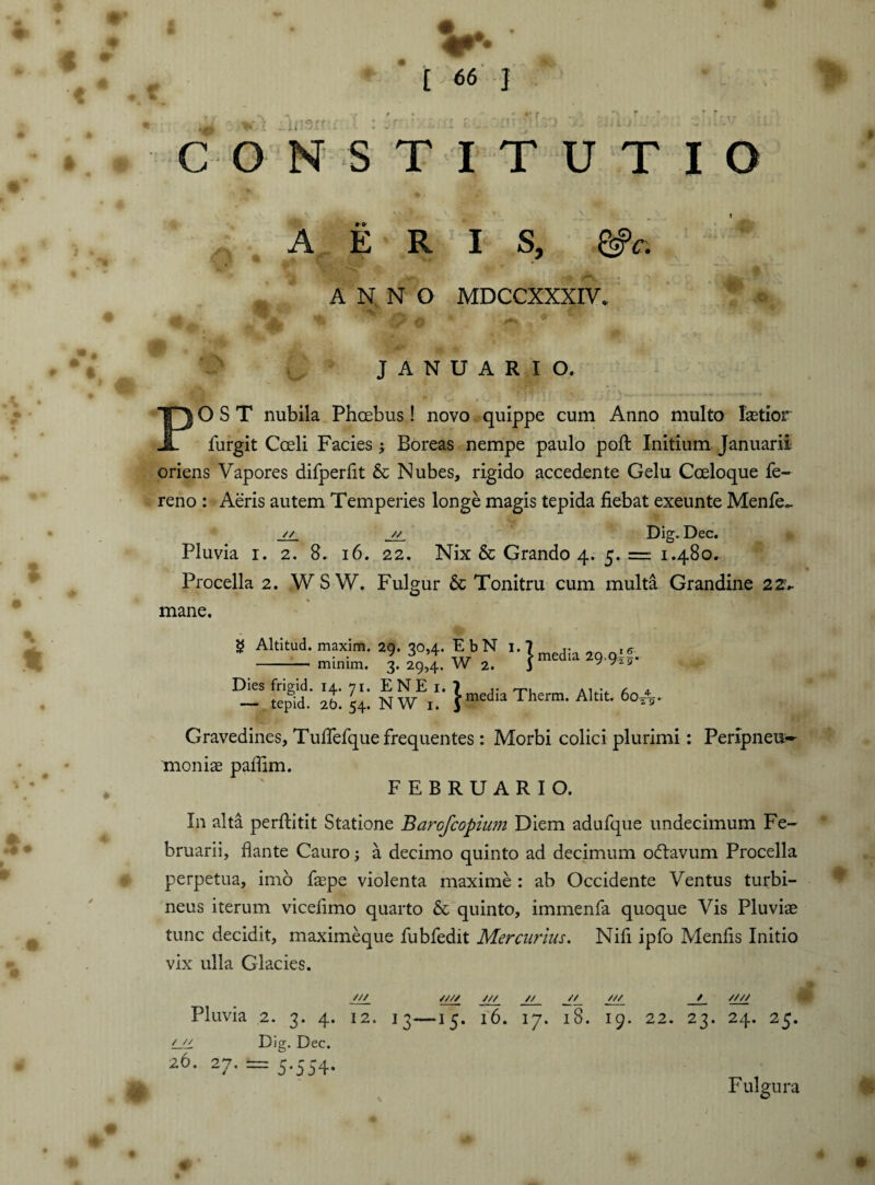 #■ -ii’ t 66 1 CONSTITUTIO % t * 4 • AERIS, @>r. ANNO MDCCXXXIV. T « f/ o N JANUARIO. POST nubila Phoebus ! novo quippe cum Anno multo fetior furgit Coeli Facies ; Boreas nempe paulo poft Initium Januarii oriens Vapores difperfit & Nubes, rigido accedente Gelu Coeloque fe- reno : Aeris autem Temperies longe magis tepida fiebat exeunte Menfeo. // // Dig. Dec. Pluvia i. 2. 8. 16. 22. Nix & Grando 4. 5. = 1.480. Procella 2. W S W. Fulgur 6c Tonitru cum multa Grandine 22- mane. $? Altitud. maxim. 29. 30,4. EbN 1. 7 j. . -16 - minim. 3. 29,4. W 2. ' 99^9’ D- tepid. It 54! N Vi! }media Therm- Alt!t- 60A Gravedines, Tuflefque frequentes: Morbi colici plurimi: Peripneu¬ moniae paffim. FEBRUARIO. In alta perftitit Statione Barofcopium Diem adufque undecimum Fe¬ bruarii, flante Cauro; a decimo quinto ad decimum odtavum Procella perpetua, imo faepe violenta maxime : ab Occidente Ventus turbi¬ neus iterum vicefimo quarto 60 quinto, immenfa quoque Vis Pluviae tunc decidit, maximeque fubfedit Mercurius. Nifi ipfo Menfis Initio vix ulla Glacies. /// ✓/// /// // // /// //// Pluvia 2. 3. 4. 12. 13—15. 16. 17. 18. 19. 22. 23. 24. 25. Dig. Dec. 20. 27. = 5.554. / // Fulgura