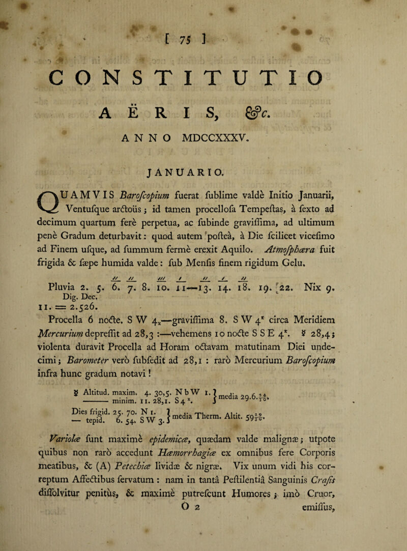 CONSTITUTIO AERIS, &c. ANNO MDCCXXXV. JANUARIO. QUAMVIS Barofcopium fuerat fublime valde Initio Januarii, Ventufque anftous ; id tamen procellofa Tempeftas, a fexto ad decimum quartum fere perpetua, ac fubinde gravifiima, ad ultimum pene Gradum deturbavit: quod autem poftea, a Die fcilicet vicefimo ad Finem ufque, ad fummum ferme erexit Aquilo. Atmofphara fuit frigida & faepe humida valde: fub Menfis finem rigidum Gelu. // // /// / // / // Pluvia 2. 5. 6. 7. 8. 10. 11—13. 14. 18. Dig. Dec. 11. = 2.526. 19. 22. Nix 9. Procella 6 node. S W 4X—graviflima 8. S W 4* circa Meridiem Mercurium preflit ad 28,3 :—vehemens 10 node S S E 4*. 2 28,4 $ violenta duravit Procella ad Horam odavam matutinam Diei unde- cimi; Barometer vero fubfedit ad 28,1 : raro Mercurium Barofcopium infra hunc gradum notavi! $? Altitud. maxim. 4. 30,5. N b W t. 7 M - minim. 11.28,1. S4X. j 9- '30' Dies frigid. 25. 70. N 1. 1 j!aTherm Altit <0** — tepid. 6. 54. S W 7. i media 1 nerm* Amt* 59to. Variola funt maxime epidemica, quaedam valde malignae; utpote quibus non raro accedunt Hamorrhagia ex omnibus fere Corporis meatibus, & (A) Betechia lividae & nigrae. Vix unum vidi his cor¬ reptum Afiedibus fervatum : nam in tanta Pefiilentia Sanguinis Crafs difiolvitur penitus, & maxime putrefcunt Humores; imo Cruor, O 2 emifius.