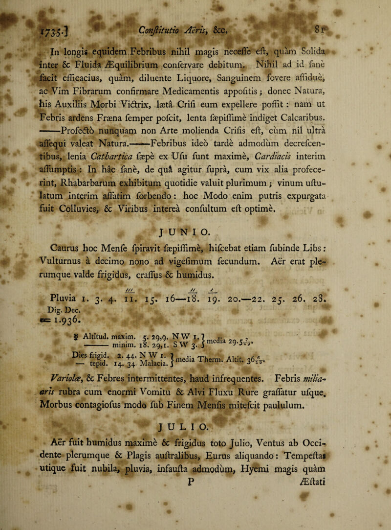 In longis equidem Febribus nihil magis rieceffe efl, quam Solida inter & Fluida ^Equilibrium confervare debitum. Nihil ad id fane facit efficacius, quam, diluente Liquore, Sanguinem fovere affidue, ac Vim Fibrarum confirmare Medicamentis appofitis; donec Natura, his Auxiliis Morbi Vidtrix, lasta Crifi eum expellere poffit : nam ut Febris ardens Frama femper pofcit, lenta faepiffime indiget Calcaribus. -Profedto nunquam non Arte molienda Crifis eft, cum nil ultra aflequi valeat Natura,——Febribus ideo tarde admodum decrefcen- tibus, lenia Cathartica faepe ex Ufu funt maxime. Cardiacis interim affumptis : In hac fane, de qu& agitur fupra, cum vix alia profece¬ rint, Rhabarbarum exhibitum quotidie valuit plurimum; vinum uftu- latum interim affatim forbendo: hoc Modo enim putris expurgata fuit Colluvies, & Viribus interea confultum eft optime. JUNIO. Caurus hoc Menfe fpiravit faepiffime, hifcebat etiam fubinde Libs: Vulturnus a decimo nono ad vigefimum fecundum. Aer erat ple** rumque valde frigidus, craffus ■& humidus. /// // ✓ Pluvia i. 3. 4. ii. 15: 16—18. 19. 20.—22. 25. 26. 28. Dig. Dec. **= i-936- S AUitud. ~ NW,Jmedia 29.jA. -S S di £ Malacia. } The™' A Variola, & Febres intermittentes, haud infrequentes. Febris milia- eris rubra cum enormi Vomitu & Alvi Fluxu Rure graffatur ufque. Morbus contagiofus modo fub Finem Menfis mitefeit paululum. JULIO. Aer fuit humidus maxime & frigidus toto Julio, Ventus ab Occi¬ dente plerumque & Plagis auftralibus, Eurus aliquando: Tempefta* utique fuit nubila, pluvia, infaufla admodum, Hyemi magis quam P /Eflati