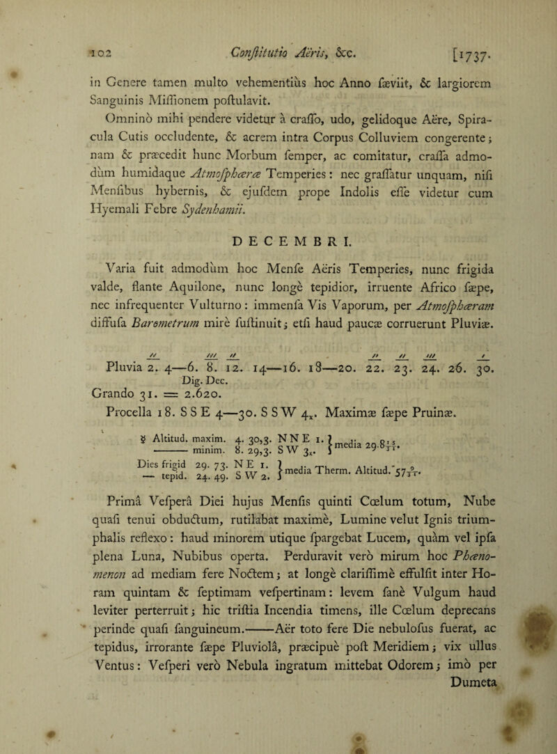in Genere tamen multo vehementius hoc Anno faeviit, & largiorem Sanguinis Miflionem poftulavit. Omnino mihi pendere videtur a cratTo, udo, gelidoque Aere, Spira¬ cula Cutis occludente, & acrem intra Corpus Colluviem congerente; nam Sc praecedit hunc Morbum Temper, ac comitatur, craffa admo¬ dum humidaque Atmofphcerce Temperies: nec graffatur unquam, nifi Mentibus hybernis, & ejufdem prope Indolis ede videtur cum Hyemali Febre Sydenhamii. DECEMBRI. Varia fuit admodum hoc Menfe Aeris Temperies, nunc frigida valde, dante Aquilone, nunc longe tepidior, irruente Africo faepe, nec infrequenter Vulturno: immenfa Vis Vaporum, per Atmofpheeram diffufa Baremetrum mire fuftinuit etli haud paucas corruerunt Pluvia:. /V /// // /> // !// / Pluvia 2. 4—6. 8. 12. 14—16. 18—20. 22. 23. 24. 26. 30. Dig. Dec. Grando 31. = 2.620. Procella 18. S S E 4—30. S S W 4X. Maximas faspe Pruinae. |media 29.8P4. Dies frigid 29. 73. N E 1. ? media Therm. Altitud.'57T9T. — tepid. 24.49. ^ W 2. J J/3‘ £ Altitud. maxim. 4. 30,3. NNE - minim. 8. 29,3. S W 3, Prima Vefpera Diei hujus Mentis quinti Caelum totum. Nube quali tenui obdudtum, rutilabat maxime, Lumine velut Ignis trium¬ phalis reflexo: haud minorem utique fpargebat Lucem, quam vel ipfa plena Luna, Nubibus operta. Perduravit vero mirum hoc Bheeno- menon ad mediam fere Nodlem; at longe claritlime effultit inter Ho¬ ram quintam & feptimam vefpertinam: levem fane Vulgum haud leviter perterruit; hic triftia Incendia timens, ille Caelum deprecans perinde quafi fanguineum.-Aer toto fere Die nebulofus fuerat, ac tepidus, irrorante faspe Pluviola, praecipue poti Meridiem; vix ullus Ventus: Vefperi vero Nebula ingratum mittebat Odorem j imo per Dumeta