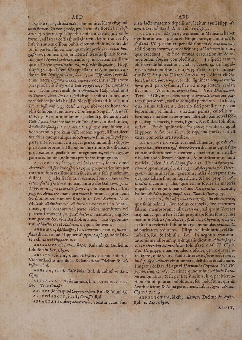 2- , ABD | ABDOMEN,ab aldendo, communiter idem eft. god imis enter! Grace Just, ptafertim Ariftoteli /. 1. Hif. 4n. C. 13. YOcatur, qui. fuperius quidem cartilagine enfi- formi , ad latera coftis fpuriisinterius fepto transverfo, inferiüs autem offibus pubis circumfcribitur, ac dividi- gafirium hominant, cujus latera fub coftis fpuriis &amp; car- qux eit; 7gio quolilicalis T&amp;: mzegi TOV du AOV Hipp- Áaph.3;. cujus tera Jia appellantur: &amp;in partem in- imam feu. Hypogaffrium , jmoyiseiov, Hippocr. «res» d.l. eujus latera Inguina Grace Esgvec vocantur ; Ejus vero pars pilofa, &amp;i Vze c4 didoin cei oasie, Pubes nomina- tur. Damnavit vocabulum 24bdomez Cafp. Bauhinus 3n Theatr. nat. liba.c. 1, fed absque addita ratione,mo- re videlicet judicis, haud dubie refpiciens ad loca Plinii Lib. 2. biff. nat. c. 37. &amp; lib. 8. c. gr. ubi vocab. hoc fcro- phis &amp; fuibus adjudicavit. Confentit Spigel. /. 1. Ze H. C. F.c.3 Vérum nihilominus defendi poífe autoritate Celfi /.4.c.1.ff2.recte judicavit Ioh. Ant. van derLinden, hoc vocabulo prolixius differentem legere, fi libet,licet. Strictius quoque aliquarido45domen fumi poffe;vel pro parte anteriori imi ventris,vel pro.communibus &amp; pro- priis membrorum ad ftabulum nutritionis &amp; officinam procreationis fpectantium integumentis, vel pro hypo- gaftrio &amp; famine,nolumus prafracte impugnare. ABDVCTIOj,dnmyux veldàzóxAneum, idem , quod bruptio , eft frases ilti qua prope articulum per totam oflium craflitudinem fit jitaut a fefe plurimum diftent. Quales fractura sicinaonibt xavAM00» CAU- iatim fati fratlure nuncupantur tefte Gal. coz. 3. iz Hipp. de iis , qua in medic. fiunt t. 31. langatur Foef. Oec. 5^4. 67. Abducere etiam pro Jibere fumtum legitur apud Scribon. z. 122. notante Rhodio i». Lex. Scribon. Alias Mufculi Abduclores vel Abducentes vocantur in Anato- micis, quia corpore vel parte vicina membrum vel Partes femovent , v. g. Zbdutfores manuum , digito- zum,pedum &amp;c. vide Barthol. &amp; alios. .Hisopponun- tur 24Zdutlores vel 4dducentes , qui admovent. ABE BJEO S, ZQ£Qe (Oe , Lad infirmus , debilis, mcoz- flans dicitur apud Hippocr. Ze fgnis 2 apb. 37. adde Die- terich. Izzrei Hippocr. n. 1. Yohnfon zz Lex. Chym, ABESTYSjidem, quod 4:oef/u , de quo inferius. Videtur Ledo thendef Ruland. 4. /oc./ Dicitur. &amp; -4[- beflen ibid. ABESVM, id eft, Cal $i&amp;z. Rul. &amp; Iohnf. i» Lex. Chym. SCABEVACVATIO, ire chber h. e, partialis evacua- tto. . Vide Cenofts. ABICYMjdem quod Ceopertoriug. Rul. &amp; Iohnf4.Z ARMIPYelAnoiT, id eft » Ceruffa. Rul. ABLACTATIOjdToyaAerTITH OS, YOCAUUE , Cum foge ——— 91 ABD EURO n tusa ladte materno depellitur , legitur apud Hipp. P dentitione, ed. Lind. II. 11. vid. fof. TER | ABLATIO,dQolereus , triplicem i in licis Met Bsscitehen: prima eft Hippocratis, quando iz Jb. de flatib. IJI. 15. definivit per additionem &amp; ablationem 5. additionem eorum, quz deficiunt 5 2//arionem horum, quz excedunt ; &amp; hxc omnes. evacuationum. &amp; [o i motionum fpecies compledtitur, ' In fpecie tamen. nis e venis remotione , 7. 2pP. 53. Cost. t. 36e. lunga- tur Foef. 2. 7. p. 110. Dieter. Iarrei n. 153. Altera eft Ga- leni /. de zzorbor. temp. c. 6. ubi fignificat Tempus remi[- ffonis poft. paroxyfmum , five ad integritatem. veniat, fivenon. . Vocatur &amp; Inter£alum. | Nide Dialeimma. (Tertia eft Chymica, denotatque Abflratlionem per par- tem füperiorem , variisque modis perficitur. In ficcis, quz lenius Pic AR deterfio fieri poteft per pedem leporinum , vel 51 dg quedam penna, cultellis au- ferimus: quedam detergimus adítricte panno;vel fco-., pis; iisque fetaceis, ferreis, ligneis, &amp;c. Rul.&amp; Iohnfon. inLex.. Eft&amp;fignificatio ZQeigéeswe peculiaris: apud Hippocr. de dec. oru. V.22. &amp; rapinam notat , fed eft. extra pomoeria artis Medica. AUDIRE ESLA MOD UR i ud ,que &amp; Vx flergentia » Bim rovra 9) dmomAvvorra dicuntur que füc- cum mordicationem facientem , prafertim in intefti- nis, leniendo fecum educunt, &amp; 3nordicationis fiunt pteddla Galen. /. z. de Simpl. foa c.i. Hzc 2dffringen- tibus opponuntur, Z. . d. 7. c. 37. Abflergentia vel Deter- gentia. duum alias funt generum: Alia detergunt for- des,quz faltem funt in fuperficie &amp; hzc. proprie 2tb- impadctas detergunt,que rectius Dertergeztia vocantur, Fallop. Ze Med. Jug. fimpl. c. 10. Tom. I. Oper. p. gs. ABLVTIO, dzóvijit y karaxAvTI0c, alia eft exterzas quz fitin biet , five totius corporis, five certorum faltem. membrorum : alia zzerzz , ad quam Veteres magnam copiam feri lactis Brani foliti funt; cujus meminit Gal. Ze /2/. diat. t. 18. alia eft Cbymica, qua eft exaltatio crebris infufionibus rcs immundas a4/ens. &amp;c ad puritatem reducens. Eftque vel Imbibitio, vel Co- hobatio, Rul. &amp; Iohnf. ;i» Lex. In negotio transmu- tationis metallorum quz &amp; qualis dicatur dblutio,lega- tur iz Operibus Mineralibus Yoh. Ifaaci c. 26. TP. Cbym. Vol. III. p. 435. quamvis adeo obfcure, ut vix queas in- telligere , quid velit.. Paulo aliter i Rofario abbrefiato, ibid. p. 64. abluere cftinhumare, deftillare &amp; calcinare. p-749. feqq. € 764. Pertinet quoque huc AZblatie Lato- is enigmatica &amp; fit per Lac Virginis, h. e. per Mercu- rium Philofophorum refolutum , feu reductum , qui &amp; Azoth dicitur &amp; Aqua permanens. Libav. $y»/. 24rcan. Chym. l. 7. c. 8. ABNELECTEN;idefl, lumen, Dicitur &amp; «difor. Rul. jp Lex. Chym. ABOIT,