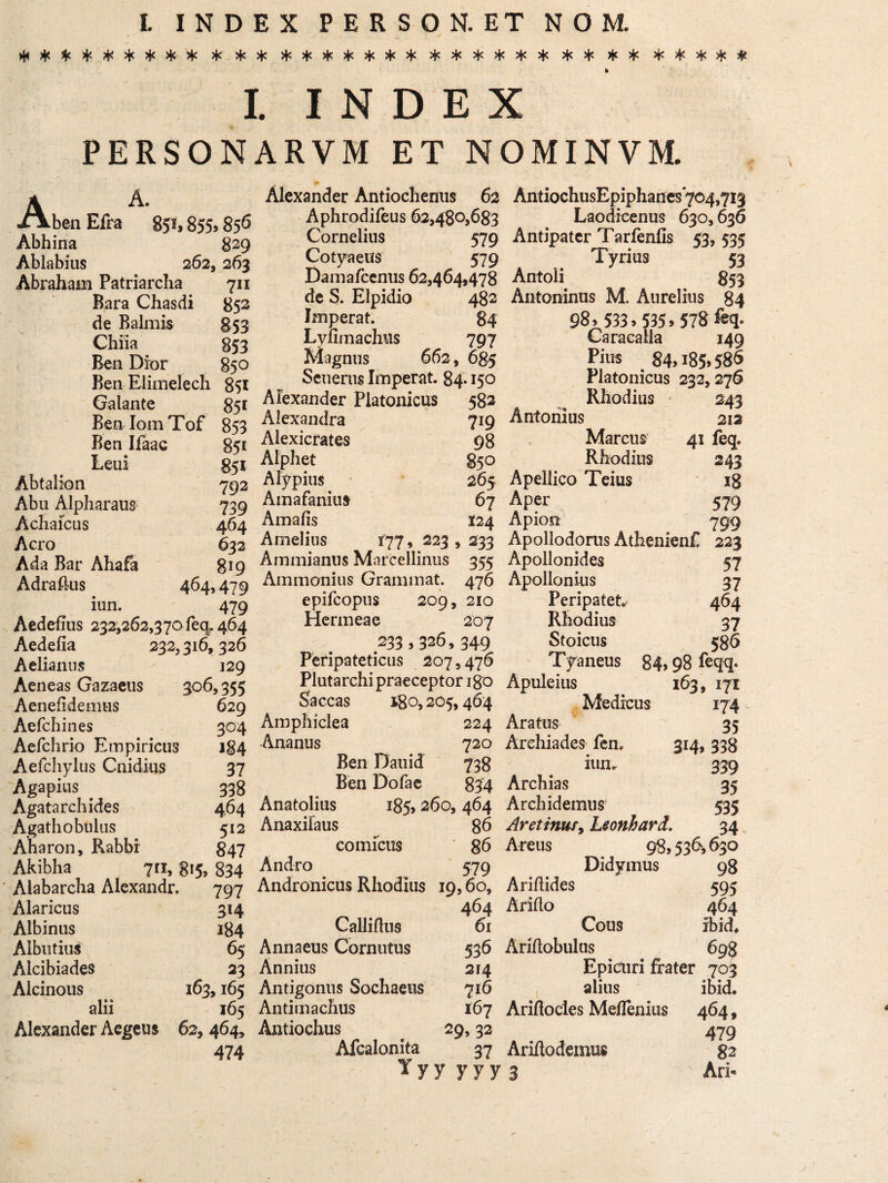 L INDEX PERSON. ET NOM. ^ 4/ 4* 4* 4*~ 4* ^ 4' 4 4 4 4 4 4 4 4 4 4 4 4 4 4 4 4 4 JL? 4 4 fc* 171 T T T T T ^ *T* 'T' * »T T* * T T T T 'T' 'T' 'T' 'T' 'P 'T' 'T' T “ T T T “ ^ ^ d I. INDEX PERSONARVM ET NOMINVM. Ai A. .ben Efra 851, 855» 856 Abhina 829 Ablabius 262,263 Abraham Patriarcha 711 Bara Chasdi 852 de Balmis 853 Chiia 853 Ben Dior 850 Ben Elimelech 851 Galante 851 BenlomTof 853 Ben Ifaac 851 Leui 851 Abtalion 792 Abu Alpharaus 739 Achaicus 464 Aero 632 Ada Bar Ahafa 819 Adraflus 464,479 iun. 479 Aedefius 232,262,370X6(4.464 Aedefia 232,316,326 Aelianus 129 Aeneas Gazaeus 306,355 Aeneddemus 629 Aefchines 304 Aefchrio Empiricus 184 Aefchylus Cnidius 37 Agapius . 338 Agatarchides 464 Agathobulus 512 Aharon, Rabbr 847 Akibha 7«, 815, 834 Alabarcha Alexandr. 797 Alaricus 314 Albinus 184 Albutius 65 Alcibiades 23 Alcinous 163,165 alii 165 Alexander Aegeus 62, 464, 474 Alexander Antiochenus 62 Aphrodifeus 62,480,683 Cornelius 579 CotyaetfS 579 Damafcenus 62,464,478 de S. Elpidio 482 Imperat. 84 Lyfimachus 797 Magnus 662, 685 Seuerus Imperat. 84* 150 Alexander Platonicus 582 Alexandra 719 Alexicrates 98 Alphet 850 Alypius 265 Amafanius 67 Amafis X24 Amelius 177, 223, 233 Ammianus Marcellinus 355 Ammonius Grammat. 476 epifeopus 209, 210 Hermeae 207 233,326, 349 Peripateticus 207,476 Plutarchi praeceptor 180 Saccas 180*205,464 Amphiclea 224 Ananus 720 Ben Dauid 738 Ben Dofae 834 Anatolius 185,260, 464 Anaxiiaus 86 comicus 86 Andro 579 Andronicus Rhodius 19,60, ^ . 464 Callidus 61 Annaeus Cornutus 536 Annius 214 Antigonus Sochaeus 716 Antimachus 167 Antiochus 29,32 Afcalonita 37 Yy yyyy AntiochusEpiphanes'704,713 Laodicenus 630,636 Antipater Tarfenfis 53, 535 Tyrius 53 Antoli 853 Antoninus M. Aurelius 84 98, 533.535.578% Caracalla 149 Pius 84,185,586 Platonicus 232,276 Rhodius 243 Antonius 212 Marcus 41 feq. Rhodius 243 Apellico Teius ig Aper 579 Apion 799 Apollodorus Athenienf 223 Apollonides 57 Apollonius 37 Peripatet' 464 Rhodius 37 Stoicus 586 Tyaneus 84, 98 feqq. Apuleius 163, 171 Medicus 174 _ Aratus 35 Arehiades fen, 314, 338 iun. 339 Archias 35 Archidemus 535 AretinuSy Leonhard. 34 Areus 98,536,630 Didymus 98 Aridides 595 Arido 464 Cous ibkh Aridobulus 698 Epicuri frater 703 alius ibid. Aridocles Meflenius 464, 479 Aridodemus 82 3 x Ari*