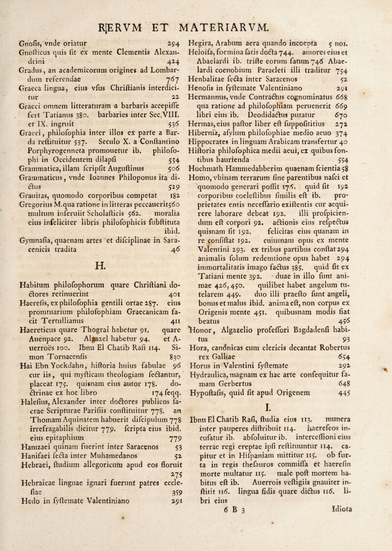 Gnofis, vnde oriatur 294 Gnofticus quis [it ex mente Clementis Alexan¬ drini 424 Gradus, an academicorum origines ad Lombar- dum referendae 767 Graeca lingua, eius vfus Chriftianis interdici¬ tur 22 Graeci omnem litteraturam a barbaris accepifle fert Tatianus 380. barbaries inter Sec.VIIL et IX. ingruit 535 Graeci, philofophia inter illos ex parte a Bar¬ da reftituitur 537. Seculo X. a Conftantino Porphyrogenneta promouetur ib. philofo- phi in Occidentem dilapfi 554 Grammatica, illam fcripfit Aiiguftinus 505 Grammaticus, vnde Ioannes Philoponus ita di- <5his 529 Grauitas, quomodo corporibus competat 182 Gregorius M.qua ratione in litteras peccauerit55o multum inferuiit Scholafticis 562. moralia eius infeliciter libris philofophicis fubftituta ibid. Gymnafia, quaenam artes et difciplinae in Sara- cenicis tradita 46 H. Habitum philofophorum quare Chriftiani do¬ lores retinuerint 401 Haerefis, ex philofophia gentili ortae 287. eius promtuarium philofophiam Graecanicam fa¬ cit Tertullianus 411 Haereticus quare Thograi habetur 91. quare Auenpace 92. Algazel habetur 94. et A- uerroes 100. Ibnu El Chatib Rafi 114. Si- mon Tornacenfis 830 Hai Ebn Yockdahn, hiftoria huius fabulae 96 cur iis, qui myfticam theologiam fe&antur, placeat 175. quisnam eius autor 178. do¬ ctrinae ex hoc libro I74feqq. Halefius, Alexander inter doCtores publicos fa- crae Scripturae Paridis conftituitur 778. an Thomam Aquinatem habuerit difcipuium 778 irrefragabilis dicitur 779. fcripta eius ibid. eius epitaphium 779 Hamzaei quinam fuerint inter Saracenos 53 Hanifaei feCta inter Muhamedanos 52 Hebraei, ftudium allegoricuto apud eos floruit 275 Hebraicae linguae ignari fuerunt patres eccle- fiae 359 Hedo in fyflemate Valentiniano 291 Hegira, Arabum aera quando incoepta 5 noj. Heloifa, foemina fatis do£ta 744. amores eius et Abaeiardi ib. trifte eorum fatum 745 Abae- lardi coenobium Paracleti illi traditur 754 Henbalitae feCia inter Saracenos 52 Henofis in fyflemate Valentiniano 291 Hermannus, vnde Contra&us cognominatus 668 qua ratione ad philofophiam peruenerit 669 libri eius ib. DeodidaCtus putatur 670 Hermas, eius paftor liber eft fuppofititius 272 Hibernia, afylutn philofophiae medio aeuo 374 Hippocrates in linguam Arabicam transfertur 40 Hiftoria philofophica medii aeui, ex quibus fon¬ tibus haurienda 554 Hochmath Hammedabberim quaenam fcientia 58 Homo, vbinam terrarum fine parentibus nafci et quomodo generari poflit 176. quid fit 192 corporibus coeleflibus fimilis eft ib. pro¬ prietates entis neceflario exiftentis cur acqui¬ rere laborare debeat 192. illi profpicien- dum eft corpori 92. aCHonis eius refpechis quisnam fit 192. felicitas eius quanam in re confiftat 192. cuiusnam opus ex mente Valentini 293. ex tribus partibus conflat 294 animalis folum redemtione opus habet 294 immortalitatis imago faChis 385. quid fit ex Tatiani mente 392. duae in illo funt ani¬ mae 426,450. quilibet habet angelum tu¬ telarem 449. duo illi praefto funt angeli, bonus et malus ibid. anima eft, non corpus ex Origenis mente 451. quibusnam modis fiat beatus  456 Honor, Algazelio profefiori Bagdadenfi habi¬ tus 93 Hora, candnicas cum clericis decantat Robertus rex Galliae 654 Horus in Valentini fyflemate 292 Hydraulica, magnam ex hac arte eonfequitur fa¬ mam Gerbertus 648 Hypoftafis, quid fit apud Origenem 445 T L Ibnu El Chatib Rafi, ftudia eius 113. munera inter pauperes diftribuit 114. haerefeos in- cufatur ib, abfoluitur ib. interceftioni eius terrae regi ereptae ipfi reftituuntur 114. ca¬ pitur et in Hifpaniam mittitur 115. ob fur¬ ta in regis thefauros commifia et haerefim morte multatur 115. male poft mortem ha¬ bitus eft ib- Auerrois veftigiis gnauiter in- ftitit 116. lingua fidis quare di6his 116. li¬ bri eius