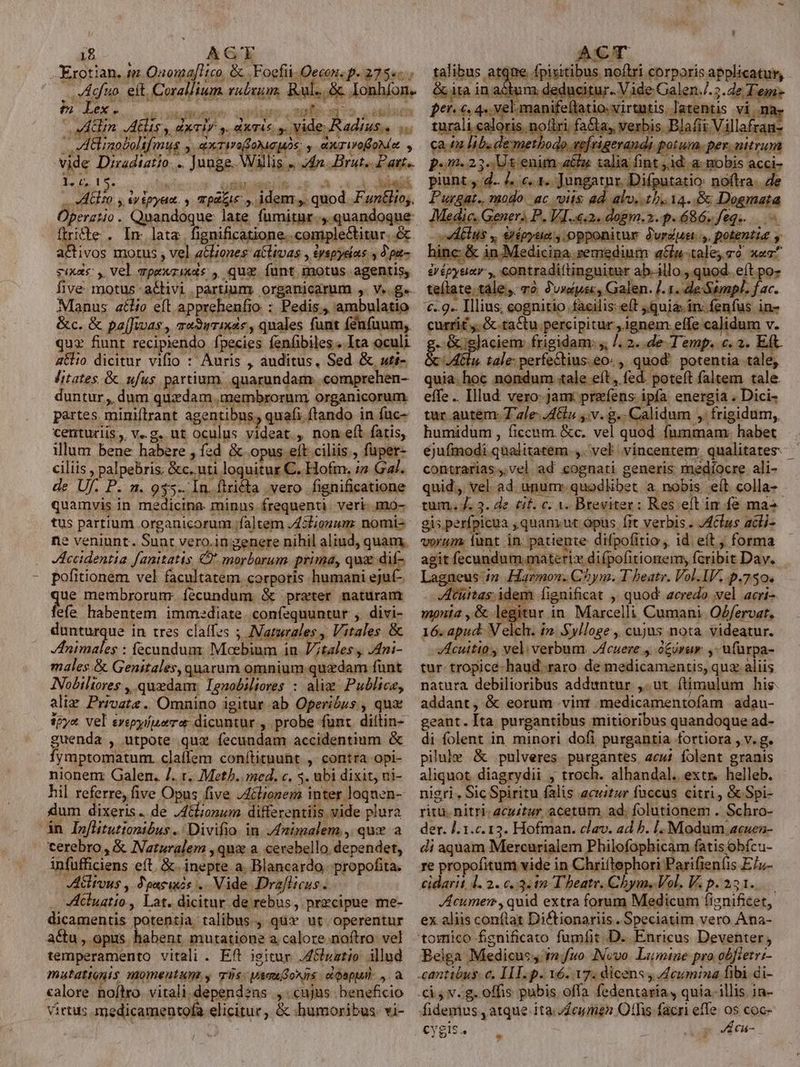 XErotian, im Qaomaflico, &amp; .Foefii.Oecon.p- 2755. |. Ago. eit, Corallium. rubxim, Rul...&amp;. Ionhíon. A Lex. T3247! ii estas coUe, apro 7... obi n CH rp os p torn NOn rea | M&amp;inobtolifmus 5. exTirofoNuc uas. y &amp;XTIOÉ Met , vide Diradtatio. .. Junge. Willis « J4n...Brut.. Patt«. 1. c, 15.  GSH aeEPS B o3 k AMARE Eso s, v Epyam. y, mpaEie ,, idem, quod .Funtito;. Operatio . Quandoque late fumitur... quandoque Mir . Dm lata. fignificatione. complectitur. &amp; activos motus , vel a&amp;lzones: aclivas , éyspyeins y 2 pa- sixas: , Vel qpexzinae , quz funt motus agentis, five. motus - activi partium: organicarum ,. v..ge. Manus atio eft apprehenfio : Pedis., ambulatio &amp;c. &amp; pa[fivas , ga3urixds , quales funt fénfuum, quz funt recipiendo fpecies fenfibiles «.Ita oculi alio dicitur vifio : Auris , auditus, Sed &amp; uti- /itates. &amp; ufus partium. quarundam. comprehen- duntur ,, dum quxdam membrorum organicorum. partes miniftrant agentibus, quafi flando in füc- centuriis, v.g. ut oculus videat , non eft fatis, illum bene habere , f2d &amp; opus elt ciliis , fuper- ciliis , palpebris; &amp;c. uti loquitur C. Hofm. i» Gal. de Uf. P. n. 935. In. firicta vero. fignificatione quamvis in medicina. minus frequenti. veri- mó- tus partium organicorum faltem J45liouum: nomi ne veniunt. Sunt vero.in genere nihil aliud, quam, Accidentia fanitatis C morborum prima, quz dif- pofitionem vel facultatem corporis humani ejuf- ue membrorum: fecundum &amp; prater naturam fefe habentem immediate. confequuntur ,. divi- possa in tres claffes ; ANatwrales, Vitales &amp; Inimales : fecundum: Moebium in. Vitales , J4ni- males.&amp; Genitales, quarum omnium quzdam funt ANobiliores , quxdam. Lenobiliores : alie Publice, aliz Private. Omnino igitur ab Operibus , qux igyx. Vel evepyifuoret dicuntur ,. probe fun. diítin- guenda , utpote quz fecundam accidentium &amp; fymptomatum. claffem conítituunt , contra opi- nionenz Galen. /. r. Meth. med. c. 3. ubi dixit, ui- hil referre, five Opus five JAclionem inter loqnen- dum dixeris. de .A&amp;lionum differentiis vide plura in Inflitutionibus .. Divifio. in Jnimalem , qux a cerebro, &amp; IVaturalem , qux a. cevebello dependet, infufficiens eft. X. inepte a. Blancardo. propofita. Atous , Joasixcs . Vide Drafiteus. cluatio., Lat. dicitur de rebus, przcipue me- dicamentis potentia talibus , qux ut operentur actu , opus habent mutatione a. calore noftro: vel temperamento vitali . Eft jgitur. A &amp;lugtio illud mutattonis momentum y quis. paquGonns ciQapul. , a calore. noftro. vitali dependens , cujus beneficio Virtus medicamentofa elicitur, &amp; humoribus. vi- talibus atqne. fpisitibus noftri corporis applicatur, . &amp; ita in actum deducitur. Vide Galen./..de T'em- per. «. 4» vel. manifeftatio.virutis latens vi ma» 89 148 QUARUM verbis. Blafit Villafran- ca in lib. de metbogo vefrigerandi potui. per. nitrum p.m. 23. Ut enim a&amp;z xalia fint jid. a mobis acci- piunt y d.. 4. c. 1. Jungatur. Difputatio: noftra. z Purgat.. modo. ac vits ad. alvo. th. 14.5: Dogmata Medic. Genera P. V1.2. dogm. 1. p. 686, feq. velis s, Gn épyei opponitur durus. potentis y hinc: &amp; in.Medicina semedinm a&amp;n-taley o x»c^ éY épysiatr y. contradiítinguitur abillo , quod. eft po- teílate tale, và Jvupsc, Galen. . 1. de:Simpl. f ac. '€..9-. Illius; cognitio facilis: e(t quia. in: fenfus in- currit y. &amp;.tactu. percipitur , ignem effe calidum v. c. &amp; glaciem: frigidam: ,, /. 2. .de Temp. c. 2. Eft. ÁAGlu. tale: perfectius. eo. , quod. potentia tale, quia. hoc nondum «ale eft, fed. poteft faltem tale. effe .. Illud vero- Jam: prefens ipfa energia . Dici- tur autem: T ale Au ,.v. g.. Calidum ,. frigidum, humidum, ficcnm. &amp;c. vel quod fummam: habet ejufmodi qualitatem. ,. vel .vincentem. qualitates — contrarias. vel ad cognati generis medíocre ali- quid; vel. ad unum: quodlibet a. nobis eít colla-- tum. J. 3. de tif. c. 1. Breviter: Res eít im fe ma^ gis perfpicua ,quanxut àpus [it verbis . /4&amp;lus acli- vorum iunt in patiente difpofitio, id eít ; forma agit fecundum materix. difpofitiorem; fcribit Dav. Lagneus in Harmon. Chym. T heatr. Vol.1V. p.750. tan idem fignificat ,, quod acredo vel acri- monia , &amp; legitur in. Marcelli Cumani. Odfervat, 16. apud. Velch; in-.Sylloge, cujus nota videatur. Acuttto y vel: verbum. JAcuere ,. o£órar: ,- ufürpa- tur tropicé-haud. raro de medicamentis, quz aliis natura debilioribus adduntur ,. ut ftimulum his. addant, &amp; eorum vint :medicamentofam |: adau- geant.Íta purgantibus mitioribus quandoque ad- di folent in minori dofi purgantia fortiora , v. g. pilule &amp; pulveres purgantes. acut folent granis aliquot. diagrydii , troch. alhandal. extr. helleb. nigri , Sic Spiritu falis acuitur faccus. citri , &amp; Spi- ritu. nitri- acuztur, acetum, ad. folutionem . Schro- der. ].1.c.13. Hofman. clav. ad b. [. Modum acuen- di aquam Mercurialem Philofophicam fatis obfcu- re propofitum vide in Chriftephori Parifieníis E/»- cidarit 4. 2. c..3:12 T heater. Chym. Vol. V. p. 231... JAcumers , quid extra forum Medicum fignificet, ex aliis conftat Di&amp;tionariis . Speciatim vero Ana- tomico fignificato fumfit. D. Enricus Deventer; Beiga Medicus; (fuo. INcvo. Lumine pro obfietrz- cantibus. c. IHT. p. v6. 17. dicens j Acumina fibi di- cà, v.g. offis pubis offa fedentaria, quia. illis 1n- fidemus , atque ita. v£ciumen Otfis facri effe 0s coc- CYgls. e V EÉceu-