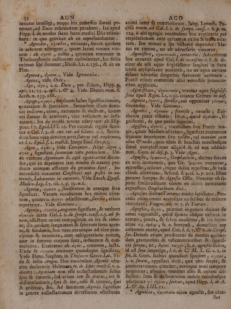 ES 2 MONS Cl me ratione intelligi, neque his remediis fanari po- terant ;ad Deos referendam putabant. Ita apud Hipp. 1..de morbo facro hunc.medici Diis tribue- bant: in quo graviter ab eo reprehenduntur. in:arborem aífurgens , quem latini vocant viti- cem : ab Zover , caftus , quoniam matronz in TT hefmophoriis caftitatem cuftodientes , his foliis cubitus fibi fteraunt ; Diofc. l. 1. 6.156. , &amp; ex eo Plin. - vier JAgnoea , cyroie «. Vide. Ignorantia . JApuus, vide Ovis. edid Jo, «yo, ice Duc , pxo Educo, Hipp.t. Scrib.z». 133-188... ^ ME ORT JA goge a yuryn., duplicem habet fignificationem, &amp;eneralem &amp; fpecialem . Secundum illam deno- tat ordinem y viam , rationem.-&amp; ductum , totum rei fatum. &amp; 41enorem, vitz rationem ac. infli- tutum. Ita de morbi tenore ufurpstur ab Hip- pocr. /.7. Epid.LV 1, 16. Pro curandi regula fumi- tura Gal. 7. 2. de «ur. rat. ad. Glauc. c. 3. Secun- dum hanc vero denotat aer4s /Aatum vel srepdeaciw, ut Z1. Epid. f. 1. tra£l.8. Jànge Foef. Oec.p.3. 54r 5 fignificat fummum vita periculum . ,Un- de verbum .4gontzare &amp; agri agontzantes dicun- fur, qui ex füperante jam. morbo &amp; natüra pro- Íhata animam effiaturi .de proximo funt . ju- reconfulti vocantur Con[lituti aut pofit/ n. ex- rremis, Laborantes in. extremis, Vide Zacch. Quaft. JMedico-Leg. l.2. tit. 1. q. 19.2.6. Agania , eyovía y flerilitatem in. utroque fexu tum , quamvis 42vos adje&amp;tivum , Jlerilis , etiam reperiatur. Vide Gomimos. . — JAgania., dyevia ,angorem Tignificat , &amp; verbum d»origy. juxta. Gal. J. 2. de fympt. cau[]. c5. ad. fi- xem, affe&amp;um animi eom pq ex ira &amp; timo- x6; illa qnidem fanguinem r te,&amp; fundente, hoc vero utrumque ad vitz prin- cipium &amp; interiora, cum refrigeratione eorum, que in fummo: corpore fünt , reducente &amp; con- trabente. Derivatur ab 4yev , cemtamen , lucta. Vide Henr. Stephan. in. T /ef/auro Greco-Lat. Vi- de &amp; infra /4ngor. Hoc vocabulum /Zgoniz ulte- rius declaravit Helmont. tr. de Idets imorbof. m. 9. dicens :-/Agoniam mon. effe collu&amp;ationem folius pei &amp; timoris, fed. etiam irz € metus, ire &amp; diffimnlationis, fpei &amp; ire , odii &amp; timoris, fpei &amp; sriflitizey &amp;c. Ad fummam /4gonia. fignificat im genere collu&amp;tationem diverlorum affectuum EX AGO : animi inter fe contrariorum . Jung. Leonth. Tu- chfii comm, ad Gal. l. 2. de fympt. cau[J. c. 8. p. m. 124. À. ubi egregie vocábuhimm hoc explicavit per trepidationem ante certamen ex ira &amp; imdfa mix- tam. Ire motus.a fpe vi&amp;orie dependet: Me- tus ex timore, ne ab'adverfario vincatur. JAgoni[lice | doyoricixas , certaterie . Adverbium. hoc occurrit apud Gal.1. de ;arafimo c. 8. '&amp; di- citur.de ufi aquz frigidiffime largiori in ftatu febris exyfipelacez acutioris, ita ut aqua certare debeat adverfus fanguinis fervorem 'acriorem . Potet etiam commode aliis-remediis potentio- tibi aphlicari, ^ coco l [tma apud JEgin. l2. c.30. citante Gorrso 47 def. -Algonos , Zyovoc , [lerilis cui opponitur yóviuos, foecundus . Vide Goónwimos. n EN Agorzos , «vyosslos , foren[rs , venalis ; Epi- theton panis vilioris:.Idem,.quod 5exo10s , fi: gnificans , de quo paulo fuperius. T Apoflus., dyocá« , vocabulum hoc Poetis ma- gis, quam Medicis ufitatum , fignificat extremant manum interiorem five volam , vel manum cum ulna € radio , quia ulnis &amp; brachiis manibufque fimul comple&amp;imur aliquid .&amp; ad nos adduci- mus. Gorr. 17 def. p. 3. Vide Ages. Aprefla , Qugexov , Ompbhacium , dicitur fuccus ex uvis immaturis, que 'Gr. ?pgosxes vocantur, expreffus , colatus ; inque doliis repofitus , &amp; vafe claufo afletvatus. Schrod. 1. 4. cl. 2. p. 201. Hinc. paratur fyrupus de JZeref/a Offic. Notetur ob ía- poris fimilitudinem oleum ex olivis immiaturis expreffum Ompbacinum dici. . ) - ed gre[ien dicitue-T artarus actdus lapillatus . Pro- cedit enim.omnis acetofitas ex falibus de minera vitriolata Fragen. .ad. tr. s. de Tartaro . Aereflis, dps , primum ingenere dicitur de omni vegetabili , quod fponte abfque cultura in campis , pratis, &amp; fylvis enafcitur, &amp; ita oppo- nitur 79 pípg , h. e. hoxtenfi , domeftico per culturam enato ; apud Gal. 7. 6. 7,€9' 8. de Simp. fac. Deinde etiam predicatur de morbis quibus- dam gravioribus &amp; vehementioribus &amp;- fignif- cat ferum , ut , Zypios. xev y h.e. agreflis lachen, id eft fera impetiao , /. 6. de C: .M. S. G. v. 2. in fin. &amp;. Gorr. ícabiei quandam fpeciem , é»gíav , i.e. feram , appellari dicit, quz cito ferpit, &amp; exuicerationem concitat, certoque anni tempore revertitur j Sfpetior omnibus aliis &amp; curatu di£- ficilior. Imo &amp;'de hominum indole moribufque ufürpetur v2 dypiov , fertias , apud Hipp. 4. de 4. D e LIILiu. 5 ; * AAgrielaa , cbyoiskata oliva as Md Su er