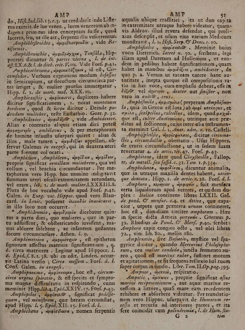 AEMP - | do , Hifl.Ind.lib.13. c.3. ut crediderit inde Lifte- rus exercit. de lue vener. , luem venereamab m- digenis primitus ideo conceptam fu:ffe , quod lacerto, feu, ut illeait. ferpenti illo vefcerentur. Ampbibleflyoides , dpqifvaspoadis , vide &amp;e- formis . j Jc HP dj iU pé X1 Tonfille, Hip- pocrati dicuntur &amp; partes viczme , 4. de snt. aff X .6.&amp; l. de dieb. crit. V.1o.. Vide Foef. p.41. mpbicat bezomag ,emgmaSstouei , id eft, Crr- eumfedeo . Verbum exprimens modum. Infelfus in Semicupium, ut decoctum «circumcirca par- tes irriget ,. &amp; mulier ;prorfus 1mmergatur » Hipp. &amp;. 1. de morb. mul. XXX.10.. —— AImphbicau[lis , eaugixausis duplicem- habere dicitur fignificationem , 1. notat montanum bordeum , quod &amp; sepa dicitur . Deinde pe- dendum muliebre, teíte Entathio. Gorr. p. 32. Ampbidexios , dupiitiG , vide Jmbrdexter. Alias e contrario aliquis etiam dici poteft duoeecepie , ambilevus , &amp; per metaphoram de homine infaufto ufurpari quiret : alias &amp; illos , male tamen , augi2s£iws appellari. ob- fervat Galenus » exegefi,qui in dextera uteri parte fuerunt col'ocati, ——— — Teu: mpbidion ,' Ampbideon , duoi wv , wuoid eor, proprie fignificat avrmzllam mulzebrem , qua vel collum , vel brachia circumdantur . Per me- taphorám vero Hipp. hoc nomine indigitavit fummam: uteri ofculiextremitatem rotundam, vel oram, 775. 1. de morb. muliev. LX X X111I.8. Plura de hoc vocabulo vide apud Foef. p.42. Galen. /» Exeg. voc. Hippoc. quod vero Blan- card. i4 Lexic. pofüerat 4uxadjüs Prayevacas , in illo loco non occurrit. ' - ; * Ampbidromia , dugilpouie dicebatur quin- tus a partu dies, quo mulieres , quz in par- tu adfuiffent, &amp; obítetricando juviffent , ma- nus abluere folebant , ac infantem. geítantes focum circumcurfare. Athen. /. 9. .. JAmphimetrion , dpinrejoy , eft epitheton fignorum affectus matricis fignificantium , q. d. circa matricem . Legitur apud Hippocr. /. 6. Epid./. 8.1. 38. ubi in edit. Linden. occur- rit Latina verfio ; Circa me[fem .. Foef. d. 4. Conf. Galen. z» exegefi. : Ampbipneuma , &amp;ugizvioum , hoc eft, circum- circa urgens fpiratio, &amp; eftfpecies et fympto- ma magne difficultatis in refpirando , cujus meminit Hipp./z4.4. Epzd.X X IV.17. Foef. p.43. JAmpbipolos ,' duoimoxG* , fignificat pedi[Je- quam, vel mznz[iram , qux heram circumf(lat, apud Hipp. /.s.Epid.XILl.15. Foef. d. 7. — Amphesbana , éuoiafi«ra , nomen ferpentis AM?Y $t zqualis ubique craffitiei , ita ut duo capta inextremitate utraque habere videatur, quam- vis Aldrov. illud revera defendat , qui proli- xius defcripfit,et ufum «ejus varium Medicum 1T»onftravit , J. 1. Hifl. $erp. ' Drac. c. 10. Ampbifcelos ,— euetaxéxG , Meminit. hujus vocis Dieterich. latre? s. $0. , fcribens, legi illam. apud Duretam ad Hollerium , et ean- dem in pedibus habere fignificationem , quam habet in manibus owed &amp;os , ambridexter , de quo p. a. Verum ut taceam carere hanc au-: toritate , 1nepta quoque eít compofitionis ra- tio in hac voce, cum emphafis debeat, effe in JG vel dowsps , dexter aut finzfler , non vero In exeéXG', crus. Ampbzfmila , «ugiqixn ( perperam mpbzfme« l2, quia in Greco eft Iota) ab ug? wtringue , et euivo , fcalpellus , cultellus, idem, quod uexat- € eft, culter /Inatomicus, utrinque acie prz- ditus ad feCtionem , cujus inter alia inftrumen* ta meminit Gal. /. 1. nat. adm. c. 10. Cafteli. Ampbifphbalfis , duoizpaxeis, dicitur circeuma- o. , circumdutizo , oberratio , Ufus Hippocr, de cruris circumdu&amp;tione , ut in fedem fuam revertatur 4. de artic. 12t. 47. Foef. p.43. Jmpbitane, idem quod Chryforolla , Fallop. tr, de metall. feu foffil.c. 31. Tom. 1. p.334- Zimplodonta, «ocdóraxu , dicuntur animalia, quz in utraque maxilla dentes habent, z:- que dentata. Hipp. 1. de artéc. c. 28. Foef. 4. f. -Amphbora , xspdtuior , e ooptos , fuit menfaera certa liquidorum apud veteres, et quidem du- plex : 4íalzca continens libras LXXII. Gal. de pond. Q' menfur. c.4. et. Attica , qug capa- Clor', utpote quz preterea urazam contineret, hoc eft ,' dimidiam circiter amphoram . Hxc in fpecie. dicta Atticis wezpyaos . GOrrzus p. 32. Rhodius de Pond. €' Menf. p.40. ícribit: JAmpbora capit congios octo , vel olei libras 72., vini lib. 8o. , mellis 186. | Amplexatio, five Bafiatzo myftice vel fpa- gyrice dicitur , quando Mercurius. P bilofopho- rum, ceu mulier candida, jun&amp;ta fermento au- reo , quod eft marztus ruber, fuftinet motum etagitationem , et fit frequens reflexio hal tuum fuper corpusin fundo. Lbv. T'om.11.0p.p22.395. * Ampnoe , dwmrroi, refpiratio. Jmpotis , «umrwas , proprie fignificat aJIus marini rectprocationem , aut aquse marinz re- ceffum. a littore, quafi mare eam recedentem rebibere et abforbere videatur. Per translatio- nem vero Hippoc. ufurpavit de Hwmorum res ce[[4 et vecurfu ad interiores partes , et ita fere coincidit cum palindromia , l. de Hum. fla-