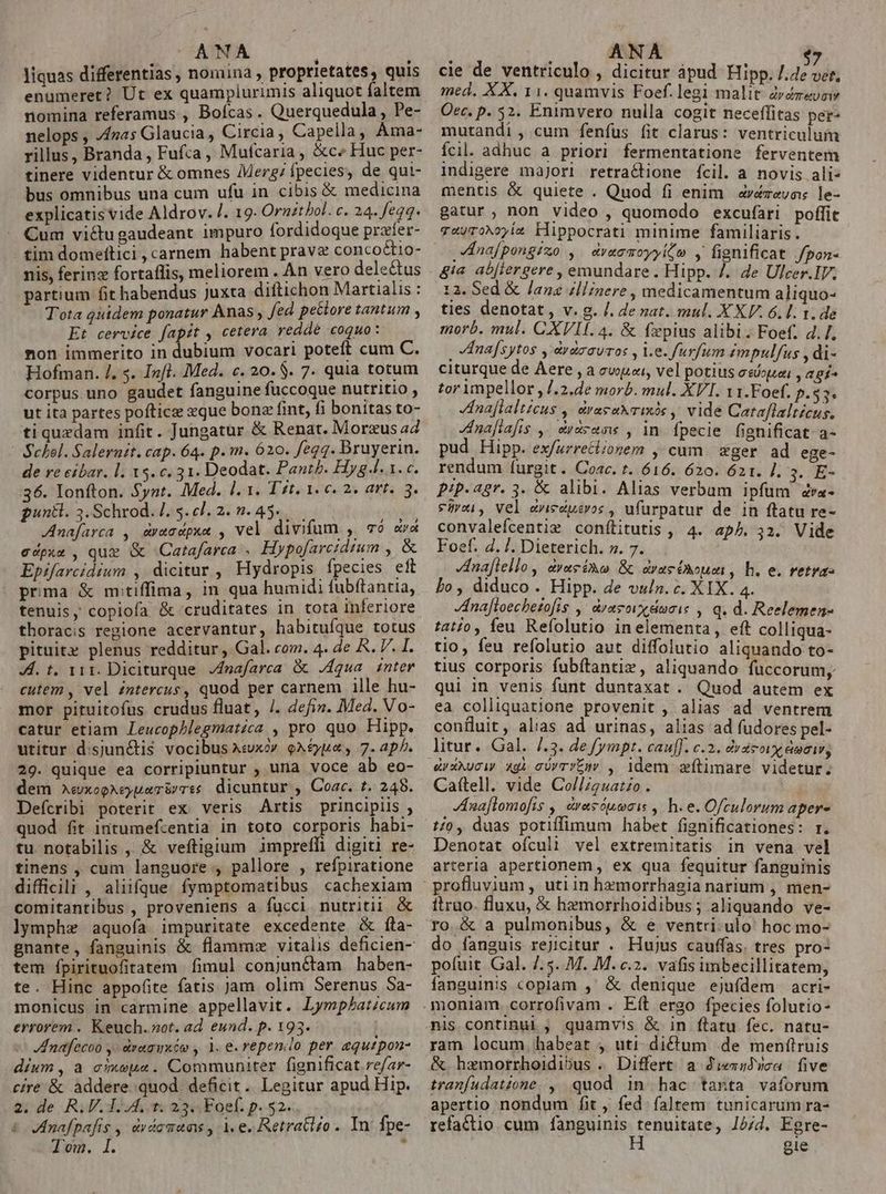 ANA 2i liquas differentias , nomina , proprietates, quis enumeret? Ut ex quamplurimis aliquot faltem nomina referamus , Boícas . Querquedula , Pe- nelops , //nas Glaucia , Circia , Capella, Ama- rillus, Branda, Fufca , Mufcaria , &amp;c» Huc per- tinere videntur &amp; omnes 7Merg: fpecies, de qui- bus omnibus una cum ufu in cibis &amp; medicina explicatisvide Aldrov. /. 19. Ornztbol. c. 24. feqq. Cum victu gaudeant impuro fordidoque prafer- tim domeftici, carnem habent pravae concoctio- nis, ferinz fortaffis, meliorem . An vero delectus partium fit habendus juxta diftichon Martialis : Tota quidem ponatur Anas , fed pettore tantum , Et cervice fapit , cetera redde coquo: non immerito in dubium vocari poteft cum C. Hofman. /. s. In[fl. Med. c. 20. $. 7. quia totum corpus. uno gaudet fanguine fuccoque nutritio , ut ita partes pofticz xque bonz fint, fi bonitas to- tiquedam infit. Jungatur &amp; Renat. Morzus a4 Schol. Salernit. cap. 64. p. m. 620. fegq. Bruyerin. de re eibar. 1. 15. c. 31. Deodat. Pantb. Hyg. 1. c. 36. Ionfton. Synt. Med. I. 1. Tt. 1. €. 2. art. 3. puntl. 3.Schrod. /. 5. c]. 2. 2.45... Anafarca , àvecdpxa , vel divifum , v0 av&amp; cdpxm , que &amp; Catafarca... Hypofarcidum , &amp; Epifarcidium , dicitur , Hydropis fpecies eft prima &amp; mitiffima, in qua humidi fubftantia, tenuisy copiofa &amp; cruditates in tota inferiore thoracis regione acervantur, habituíque totus pituitz plenus redditur, Gal. com. 4. de R. V. I. JA. t, 111. Diciturque. ZInafarca &amp; qua inter cutem , vel éntercus, quod per carnem ille hu- mor pituitofus crudus fluat, /. defiz. Med. Vo- catur etiam Leucophlegmatzca , pro quo Hipp. utitur disjun&amp;tis vocibus Asxo. 9^ yu, 7. aph. 29. quique ea corripluntur , una voce ab eo- dem xewxopAeyuarízrs dicuntur , Coac. t. 245. Defcribi poterit ex veris Artis principiis , quod fit intumefzentia in toto corporis habi- tu notabilis , &amp; veftigium impreffi digiti re- tinens , cum languore , pallore , refpiratione difficili , aliifque. fymptomatibus cachexiam comitantibus , proveniens a fucci nutritii &amp; lymphz aquoía impuritate excedente &amp; fta- tem ípirituofitatem fimul conjunctam haben- te. Hinc appofite fatis Jam olim Serenus Sa- monicus in carmine appellavit. Lymphaticum errorem . Keuch. not. ad eund. p. 193. LHInafecoo y drasimón y 1. e. repenio per aqutpon- dium, a cimsps. Communiter fignificat re/ar- cire &amp; addere.quod deficit. Legitur apud Hip. .2i de RV. doti 23 Foef. p. 52. £- Mnafpafis , àrdamans , i e. Retrato. In fpe- Tom. I.  , , ANA $7 cie de ventriculo , dicitur apud Hipp. /.4e vef, med. XX. 11. quamvis Foef.legi malit dréravoiv Oec. p. 52. Enimvero nulla cogit neceffitas per- mutandi , cum fenfus fit clarus: ventriculum Ícil. adhuc a priori fermentatione ferventem indigere majori retractione fcil. a novis ali mentis &amp; quiete . Quod fi enim avézevas le- gatur , non video , quomodo excufari poffit v«yroNoyiz Hippocrati minime familiaris. Vnafpongizo ,. dvaamoyyito y fignificat fpon- &amp;ia ab[lergere , emundare. Hipp. 7. de Uleer.IV. 12. Sed &amp; lanz állinere , medicamentum aliquo- ties denotat, v. g. /, denat. mul. XXV. 6.l. 1. de morb. mul. CXII. 4. &amp; fzpius alibi. Foef. d./. , HInafsytos y àrsavros , le. furfum impulfus , di- citurque de Aere , a wp, vel potius esi , agí- tor ympellor ,/.2.de morb. mul. XVI. 11.Foef. p.$3. LIna[lalticus , dracakrixóc ,, vide Cataflalticus. JInafiafis ,, &amp;idsans , In. fpecie fignificat-a- pud Hipp. ex/uzretl/ovem ,.cum wger ad ege- rendum furgit . Coac. t. 616. 620. 621. 1. 3. E- pip. agr. 3. &amp; alibi. Alias verbum ipfum Zra- emu, vel &amp;niccusros , ufurpatur de in ftatu re- convalefcentig conílitutis , 4. ap/. 32. Vide Foef. 4. 7. Dieterich. v. 7. naflello, &amp;vactho &amp; dracéihoum , b. e. retra: bo, diduco . Hipp. de vul». c. XIX. 4. Jdnajloecbezofis , drasoix ducis , q. d. Reelemen- tatío, feu Refolutio inelementa, eft colliqua- tio, feu refolutio aut diffolutio aliquando to- tius corporis fubftantiz, aliquando fuüccorum, qui in venis funt duntaxat . Quod autem ex ea colliquatione provenit , alias ad ventrem confluit, alias ad urinas, alias ad fudores pel- litur. Gal. l.3. de [ympt. caufJ. c.2. &amp;yic ovy mai, Caftell. vide Co/lIiguatzo. naflomofis , &amp;vesóuais , h.e. Ofculorum aper- 1/0, duas potiffimum habet fignificationes: r. Denotat ofculi vel extremitatis in vena vel arteria apertionem, ex qua fequitur fanguinis itruo. fluxu, &amp; hzmorrhoidibus ; aliquando ve- ro. &amp; a pulmonibus, &amp; e ventri:ulo hoc mo- do fanguis rejicitur . Hujus cauffas. tres pro- pofuit Gal. 7.5. M. M. c.2. vafis imbecillitatem, fanguinis copiam ,' &amp; denique ejufdem acri- moniam. corrofivam . Eít ergo fpecies folutio- nis continu] , quamv/s &amp; in ftatu fec. natu- ram locum habeat , uti di&amp;um de menflruis &amp; hzmorrhoidiBus . Differt a Ji«sJvca five tranfudatione. , quod in hac tanta vaforum apertio nondum fit, fed. faltem tunicarum ra- refactio cum fanguinis tenuitate, 12/4. Egre- H gie