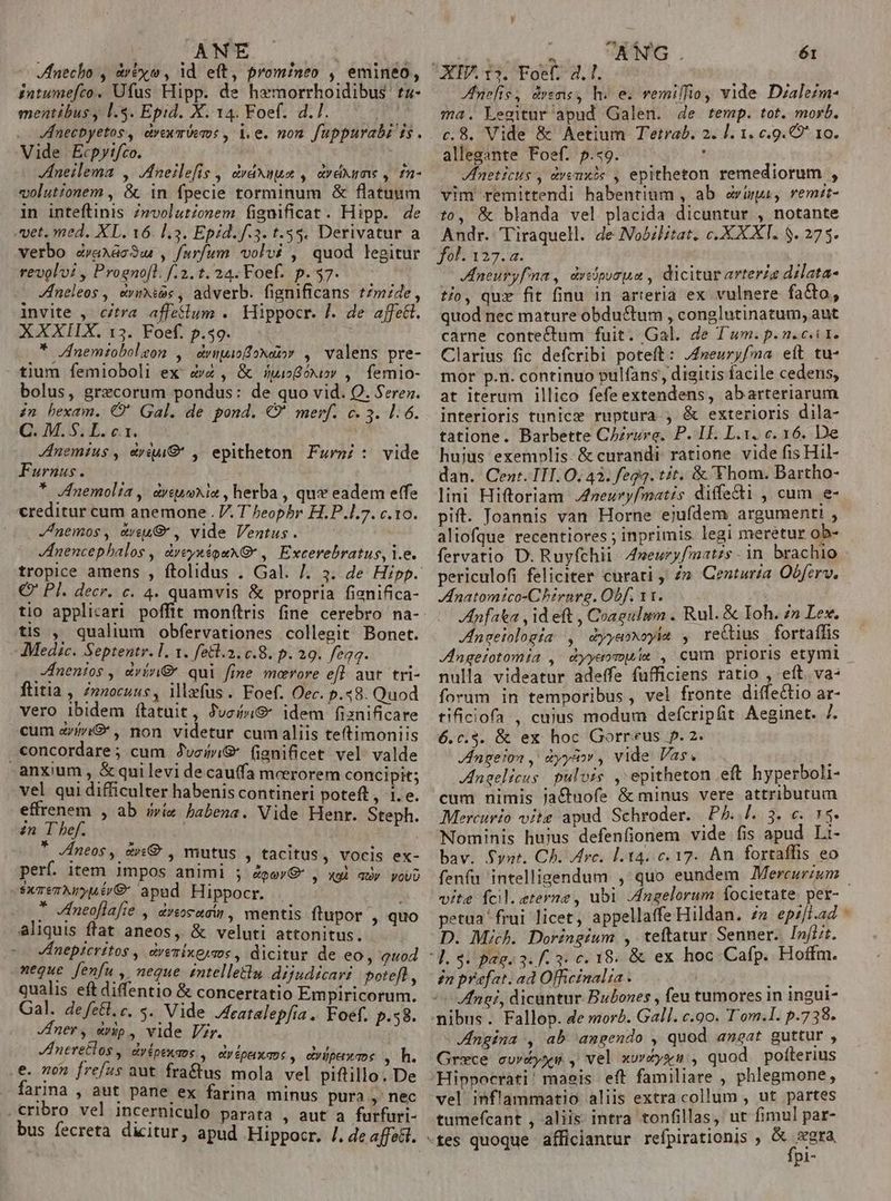 ANE | 2 JZÍnecho , &amp;réyw, id eft, promineo , emineo, intumefco. Ufus Hipp. de hemorrhoidibus tz- mentibus y l3. Epid. X. 14. Foef. d.I. | Vide Ecpytfco. Aneilema , neilefis , dvdxuum , &amp;vexgms , £n- volutionem , &amp;. in fpecie torminum &amp; flatuum in inteftinis Zmvolutionem fignificat. Hipp. de uet, med. XL. 16. 1.3. Epid. f.3. t.5$. Derivatur a verbo Zvaxdc3w) , furfum volvi , quod legitur revoloi , Proeno[l. f.2.t. 24. Foef. p. 57. neleos , evixiee , adverb. fignificans tzm:de, invite ,. citra affelum . Hippocr. |. de affett. XXXIIX. 13. Foef. p.39. : * Jnemioboleon , dvupiookarv , valens pre- tium femioboli ex à , &amp; 5uioBonioy ,. femio- bolus, grzcorum pondus: de quo vid. Q. Serex. in hexam. O' Gal. de pond. C merf. c. 3. 1.6. QU M. SiL. ex. Jnemius , eysuiG* ,- epitheton Furs : vide Furnus. * Jfnemolia , dvsueia , herba , quy eadem effe creditur cum anemone . 7 T beopbr H.P.1.7. c. 10. nemos, «veu , vide Ventus. Anencepbalos ,| &amp;reynéouXG* ,| Excevebratus, |.e. € Pl. decr. c. 4. quamvis &amp; propria fienifica- tis , qualium obfervationes collegit Bonet. Medic. Septentr. l. 1. fe8l.2. c.8. p. 29. fea. Jnenios , dvínG qui fine moerore efl aut. tri- ftitia, Zmocuus, illefus. Foef. Oec. p.48. Quod vero ibidem ítatuit, Jucír&amp; idem fiznificare cum aviri&amp; , non videtur cum aliis teftimoniis concordare; cum Jvc/uG (anificet vel valde anxium , &amp; qui levi de cauffa meerorem concipit; vel qui difficulter habenis contineri poteft, 1. e. effrenem , ab ive babena. Vide Henr. Steph. in T bef. ji neos, aye, mutus , tacitus, vocis ex- perf. item impos animi ; ZpevG , xgi ady vov) -$xTeTAWyuir/G apad Hippocr. . : * Jfneoflafie , éreocesin, mentis flupor , quo aliquis ftat aneos, &amp; veluti attonitus. Inepicritos , drezixerms , dicitur de eo, quod meque fenfu, neque intelletlu dijudicar: poteft, qualis eft diffentio &amp; concertatio Empiricorum. Gal. de/fc&amp;l.c. s. Vide eatalepfia. Foef. p.58. Jfner, &amp;nip, vide Vr. ; JIneretlos , dyipexsos , evépaxme, dyüpexaoe , h. .e. non frefss aut fra&amp;us mola vel piftillo. De farina , aut pane ex farina minus pura ,' nec .cribro vel incerniculo parata , aut a furfuri- bus fecreta dicitur, apud Hippocr. /. de affett. UANG . 61 Anefis, dyems, h. e. vemiffio vide Dialezm- ma. Legitur apud Galen. 4e temp. tot. morb. c.8. Vide &amp; Aetium Tetrab. 2. 1. 1. c.9. 2 10. allegante Foef. p.«9. : /Hneticus , dvenxis , epitheton remediorum , vim remittendi habentium , ab avirpi, rem:zt- to, &amp; blanda vel placida dicuntur , notante Andr. Tiraquell. de Nobilitat. c. XXXT. 8. 2753. fol. 127.2. RA Ineuryfna , dvsipurpa , dicitur arteria dilata- to, qux fit finu in arteria ex vulnere fa&amp;o, quod nec mature obdu&amp;tum , conglutinatum, aut carne contectum fuit. Gal. de Tum. p. n.c.i1. Clarius fic defcribi poteft: J4»euryfma eft tu- mor p.n. continuo pulfans, digitis facile cedens, at iterum illico fefe extendens, abarteriarum interioris tünice ruptura j &amp; exterioris dila- tatione. Barbette Chzrure. P. II. L.1. c. 16. De hujus exemplis. &amp; curandi ratione vide fis Hil- dan. Cenr. TIT. O; 43. fegg. tit. &amp; Thom. Bartho- lini Hiftoriam J»ezryfmatis diffe&amp;i , cum e- pift. Joannis van Horne ejufdem argumentt , aliofque recentiores ; inprimis legi meretur ob- fervatio D. Ruyfchii A4xeuzyfmatzs in. brachio periculofi feliciter curati ,; zn. Centuria Obferv, natomtico-Chrnrg. Obf. 11. Infata , id eft , Coagulum . Rul. &amp; Ioh. Zn Lex. neeiologia , dyyasxoyia , reCius fortaífis JIngeiotomia , &amp;yyeompie , cum prioris etymi nulla videatur adeffe fufficiens ratio , eft va: forum in temporibus, vel fronte diffectio ar- tificiofa , cujus modum defcripfit Aeginet. 7. 6.c.5. &amp; ex hoc Gorreus f. 2. Ingeion ,' àyysor , vide Vas. : Aneelicus. pulvis , epitheton eft hyperboli- cum nimis ja&amp;uofe &amp; minus vere attributum Mercurio vite apud Schroder. PA. [. 3. e. 1$. Nominis hujus defenfionem vide fis apud Li- bav. $ywt. Ch. Arc. 1.14. 0.17. An fortaffis eo vite fcil. eterne, ubi Angelorum focietate per- petua' frui licet, appellaffe Hildan. 7» epz/i.42 D. Mich. Dorineium , teftatur Senner.. Infi;t. £n praefat. ad Officinalia . | Vfnei, dicantur Bubones , feu tumores in ingui- JIngina , ab angendo , quod aneat guttur , Grece curdyxs , vel xwryyu , quod. polterius Hippocrati' maeis eft familiare , phlegmone, vel inflammatio aliis extra collum , ut partes tumefcant , aliis intra tonfillas, ut fimul par- fpi- *