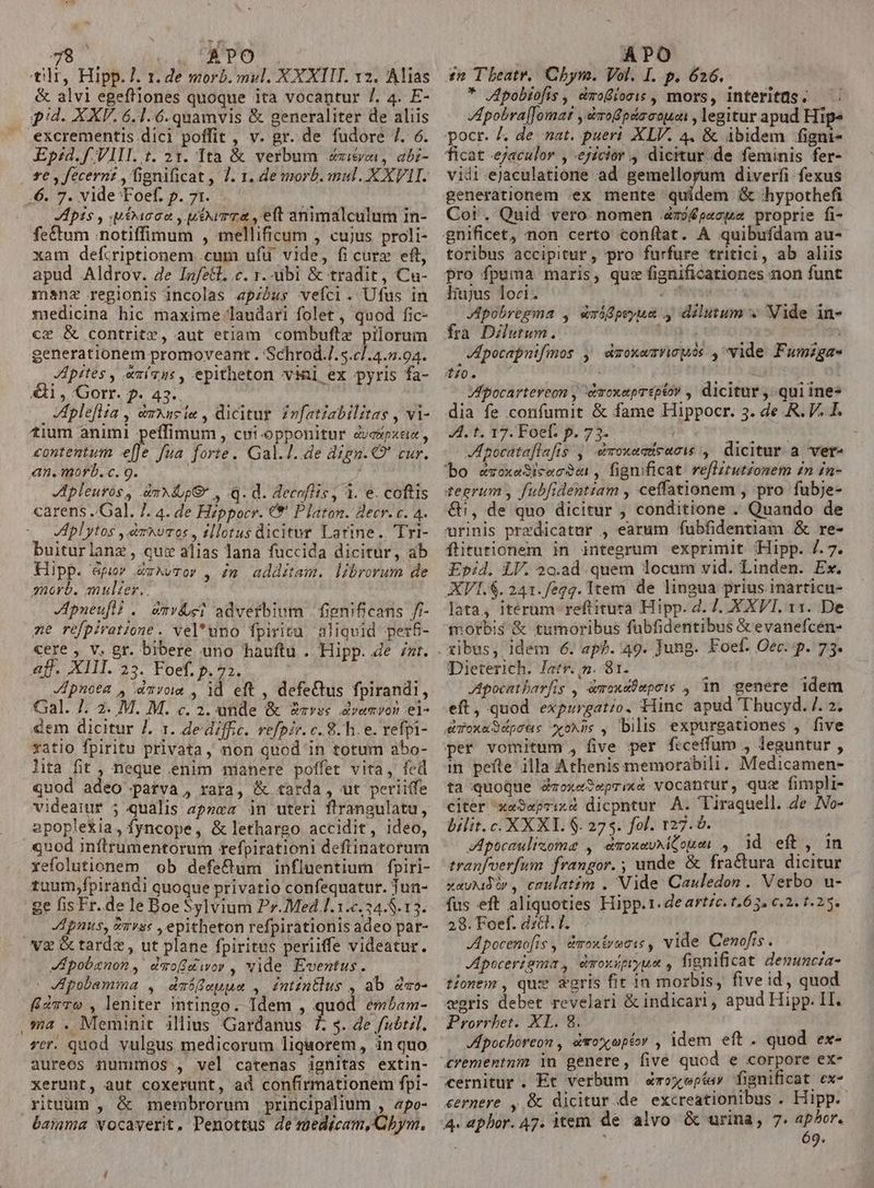 - g^ 78 ULUSM P UO tr, Hipp. 7. t. de morb. mvl. XXXIIT. v2. Alias &amp; alvi egefliones quoque ita vocantur 7. 4. E- qd. XXV. 6.1.6.quamvis &amp; generaliter de aliis excrementis dici poffit , v. gr. de fudore 7. 6. Epzd.f VIII.:. 21. Tta &amp; verbum smiéven, abi- se , fecernz , fignificat , 7. 1. de morb. mul. X XVII. .6. 7. vide Foef. p. 71. Apis , oic oa , LENITER , eft animalculum in- fe&amp;tum inotiffimum , mellificum , cujus proli- xam defcriptionem .cum ufu vide, fi curx eft, apud Aldrov. de Infett. c. r. ibi &amp; tradit, Cu- r)snz regionis incolas apibus vefci. Ufus in medicina hic maxime laudari folet , quod fic- ce &amp; contritr, aut etiam combufte pilorum generationem promoveant . Schrod./.5.c/.4.5.94. Jpites , «mías, epitheton viai ex pyris fa- €&amp;i, Gorr. f. 43.. | JApleflia , &amp;xscie , dicitur Znfatlabilitas , vi- tium animi peffimum, cui-opponitur éyespxei , contentum effe fua forte. Gal.l.de dzgn. ' cur. an. morb. c. 9. Apleurós , .dmXdup&amp;* , .Q. d. decoflis, 4. e. coftis carens ./Gal. 7. 4. de Hippocr. €*' Platon. decr. c. 4. /Iplytos , &amp;rxvro: , sllotus dicitur Larine. 'Tri- buiturlanz, quz aíias lana fuccida dicitur, ab Iilpp. &amp;pwv &amp;w^vror , in additam. librorum de morb. mulier. Jpneufll . &amp;mvÉs] adverbium | fignificans /f- me refpiratione. vel'uno fpiritu aliqvid perf- cere , V. gr. bibere uno hauftu . Hipp. 4e /zt. Aff. XIII. 23. Foef. p. 73. : Jpnoea , mro , 1d eft , defectus fpirandi, Gal. /. 2. M. M. c. 2. unde &amp; «vss. dvemvon el- dem dicitur I. 1. de diffe. refpir. c. 8. h. e. refpi- fatio fpiritu privata, non quod in totum abo- lita fit , neque enim manere poffet vita, fed quod adeo parva, rata, &amp; tarda, ut perii(fe videaiur 5 qualis apsca in uteri flrangulatu, epopleXia, fyncope, &amp;lethargo accidit, ideo, quod inftrumentorum refpirationi deftinatorum xefolutionem ob defe&amp;tum influentium fpiri- tuum ,fpirandi quoque privatio confequatur. jun- ge fisFr. de le Boe Sylvium Pr. Med.1.1.c.34.$.13. pnus, Zmvse , epitheton refpirationis adeo par- v2 &amp; tarde , ut plane fpiritus periiffe videatur. Jpobanon ,' darof wor ; vide Eventus. - Vpobamma , dmóeups , intintlus , ab Z«o- fz7T9 , leniter intingo. Idem , quod embam- a . Meminit illius Gardanus- 7. s. de futi]. rer. quod. vulgus medicorum liquorem, in quo aureos nummos , vel catenas ignitas extin- xerunt, aut coxerunt, ad confirmationem fpi- rituum , &amp; membrorum principalium , zpo- APO £n Tleatr. Cbym. Vol. I. p. 626. * JApobiofis , dmofiosis , mors, interitüs. pobra[Jomat , &amp;rofipdiscouci , legitur apud Hips pocr. /. de mat. pueri XLV. 4. &amp; ibidem figni- ficat «ejaculor , «ejicior , dicitur de feminis fer- vidi-eJaculatione ad gemelloyum diverfi fexus Cot. Quid vero. nomen .az2e«cia proprie fi- toribus accipitur, pro furfure tritici, ab aliis liujus loci. à Jpobregma , «ráfpeyua , dilutum « Vide in- fra Dilutum. jpeg: Vpocapnifmos , dmoxem(iopós ,vide Fumiga- 70. : Pep ^. Vpocarteveon , ^doxapr£ptóv , dicitur , quiines dia fe confumit &amp; fame Hippocr. 5. de R. V. I. A. t. 17. Foef. p. 75. | ocataflafts , emoxemisucis , dicitur a vet obo evoxeSicecs« , fignificat reflitutzonem £n in- tegrum , fubfidentiam , ceffationem , pro fubje- 1, de quo dicitur , conditione . Quaudo de urinis przdicatur , earum fubfidentiam &amp; re- flitutionem in integrum exprimit Hipp. 7. 7. Epid. LV. 20.3d.quem locum vid. Linden. Ex. XV 1.$. 241./2g2. tem de lingua prius inarticu- lata, iterum reftitura Hipp. 2. 7. . X XVI. 11. De morbis &amp; tumoribus fubfidentibus &amp; evanefcen- Dieterich. latr. 5. 81. í JApocatbarfis , wmoxeÜwpcis , 1n genere idem eft, quod expurgatio. Hinc apud Thucyd. /. 2. dToxa9dprcas ox»s , bilis expurgationes , five per vomitum , five per ficeffum , leguntur , in pefte illa Athenis memorabili. Medicamen- ta quoque dzoxe$eprix&amp; vocantur, quz fimpli- citer x«S$«prixa dicpntur A. Tiraquell. Ze JVo- bilit.c. XXXI. $. 273. fol. 127.0. ; JMpocaulioma , emoxevNiGoUot id eft , 1n tranfoerfum frangor. ; unde &amp; fractura dicitur xav ir, caulatim . Vide Cauledon . Verbo u- fus eft aliquoties Hipp.t. de artc. t.65. c.2. 1. 25. 28. Foef. d:&amp;l. I. j JApocenofis , &amp;roxtrecic , vide Cenofis. JApoceriema , droxipryua , fignificat demuncia- tionem , que gris fit 1n morbis, five id, quod wgris debet revelari &amp; indicari, apud Hipp. HI. Prorrhet. XL. 8. Apochoreon , &amp;oxeptor , idem eft . quod ex- crementnm in genere, five quod e corpore ex- cernitur. Et verbum &amp;roxeptav fignificat ex- cernere , &amp; dicitur de excreationibus . Hipp. j ; 9.